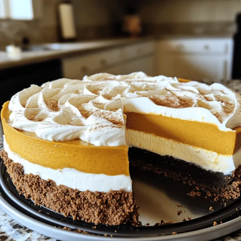 To create a rich and creamy no bake pumpkin cheesecake, you will need the following ingredients: - 1 ½ cups graham cracker crumbs - ½ cup unsweetened cocoa powder - ⅓ cup melted butter - 1 cup cream cheese, softened - 1 cup canned pumpkin puree - 1 cup powdered sugar - 1 teaspoon vanilla extract - 1 teaspoon pumpkin pie spice - 1 cup heavy whipping cream These ingredients blend well to form a smooth and tasty filling. The graham cracker crumbs and cocoa powder create a delightful crust. The cream cheese and pumpkin puree give the cheesecake its creamy texture and rich flavor. You can enhance your cheesecake with these tasty toppings: - Whipped cream - Cinnamon or nutmeg - Chocolate shavings These garnishes add flair and flavor to your finished cheesecake. A dollop of whipped cream brings a lightness. A sprinkle of cinnamon or nutmeg gives warmth and spice. Chocolate shavings add a touch of luxury and sweetness. For this recipe, you’ll need some basic kitchen tools: - 9-inch springform pan - Mixing bowls - Electric mixer - Spatula Using a springform pan makes it easy to remove the cheesecake without damage. An electric mixer speeds up the process of making the filling. A spatula helps you smooth the filling and scrape bowls clean. With these ingredients and tools, you are ready to create a no bake pumpkin cheesecake that is sure to impress. For the full recipe, check the details outlined above. First, you need to combine graham cracker crumbs, cocoa powder, and melted butter. Use a bowl and mix well until the texture feels like wet sand. This helps the crust stick together. Once mixed, press the crumb mixture into the bottom of a 9-inch springform pan. Make sure it is even. Chill the pan in the fridge while you work on the filling. Next, take a mixing bowl and beat the softened cream cheese until it is smooth. This step is key for a creamy texture. After that, add in the pumpkin puree, powdered sugar, vanilla extract, and pumpkin pie spice. Mix everything until it is fully combined and creamy. This filling is where all the pumpkin flavor shines through. Now comes the fun part! In a separate bowl, whip the heavy cream until stiff peaks form. This makes your cheesecake light and fluffy. Gently fold the whipped cream into the pumpkin mixture. Be careful not to overmix; you want to keep that airy texture. Make sure no white streaks remain. Once your filling is ready, pour it over the chilled crust. Smooth the top with a spatula to make it pretty. Then, cover the cheesecake with plastic wrap. Refrigerate it for at least 4 hours or overnight to let it set. This waiting time builds great flavor and texture. When you’re ready, remove the sides of the springform pan and slice the cheesecake into wedges. Enjoy this rich and creamy delight! For the full recipe, check out the details above. To get a creamy filling, start with softened cream cheese. This ensures no lumps in your mix. Make sure to let it sit at room temperature for about 30 minutes. Once it's soft, beat it well until smooth. When you whip the heavy cream, whip it until stiff peaks form. This adds lightness to the cheesecake. Be careful not to overmix the whipped cream into the pumpkin mixture. Gentle folding keeps the texture airy and fluffy. I love serving this cheesecake with a big dollop of whipped cream on top. It adds a nice touch! A dusting of pumpkin pie spice looks great and adds flavor. This dessert pairs well with coffee or any fall-themed drinks. Hot cider or spiced chai are perfect choices too. One common mistake is not chilling the cheesecake long enough. Chill it for at least four hours, or even better, overnight. This helps it set properly. Another mistake is skipping the folding process. If you don’t fold the whipped cream carefully, your cheesecake may turn out dense instead of light and fluffy. Remember, patience is key for that perfect texture. For the full recipe, check out the details above! {{image_2}} You can easily change up the flavor of your no bake pumpkin cheesecake. One fun idea is to add chocolate. By mixing in some cocoa powder or melted chocolate, you create a chocolate pumpkin cheesecake that is rich and tasty. Another option is to spice things up. Try adding spices like ginger or allspice. These spices will give your cheesecake a warm and cozy flavor. You will love how they brighten the pumpkin taste. If you need to adjust for dietary needs, I have some great tips. For a gluten-free version, swap the graham cracker crust for almond flour or gluten-free cookies. You can still enjoy that crunchy base without the gluten. For those who want a dairy-free option, use dairy-free cream cheese. There are many brands available that taste great. You can still enjoy the creamy texture without dairy in your dessert. When the seasons change, so can your cheesecake! For Halloween, you can get creative with your decorations. Try topping the cheesecake with candy corn or spooky chocolate shapes. It makes the dessert festive and fun. For Thanksgiving, think about serving styles. You can slice the cheesecake into wedges and serve with a dollop of whipped cream. You could also sprinkle some cinnamon or nutmeg on top. This adds a lovely fall touch that everyone will enjoy. Explore all these variations to make your no bake pumpkin cheesecake unique and delightful. For the full recipe, check out the details above. To keep your no bake pumpkin cheesecake fresh, you must store it right. First, make sure to refrigerate any leftovers in an airtight container. This step keeps the cheesecake moist and tasty. If you don’t have one, wrap the cheesecake tightly in plastic wrap. It will stay fresher longer this way. If you want to store the cheesecake for a long time, freezing is an option. To freeze, wrap the cheesecake tightly in plastic wrap and then in aluminum foil. This method prevents freezer burn. You can freeze it for up to three months. When you are ready to enjoy it, thaw it in the fridge overnight. This slow thawing helps maintain its creamy texture. You should eat your no bake pumpkin cheesecake within five to seven days when stored in the fridge. Look for signs of spoilage, such as a sour smell or changes in texture. If you see any mold, it’s best to discard it. Always trust your senses when judging food freshness. This ensures you enjoy your dessert at its best! Yes, you can use fresh pumpkin! Start with a small pumpkin. Cut it in half, remove the seeds, and bake it cut-side down at 350°F for about 45 minutes. After it cools, scoop out the flesh and puree it until smooth. This fresh pumpkin adds a lovely flavor but will require some extra steps compared to canned. Canned pumpkin is smooth and ready to use, which saves time. Check your cheesecake after chilling for at least four hours. It should feel firm to the touch but still have a slight jiggle in the center. If it wobbles too much, let it chill longer. You want it to be firm enough to slice but still creamy. Remember, it will set more as it cools. Absolutely! If you prefer a nutty flavor, try a crust made from crushed almonds or pecans. You can also use a cookie crust if you want something sweeter. For a crustless version, simply pour the filling directly into a greased springform pan. This way, it will still taste great! Pair your cheesecake with whipped cream, a sprinkle of cinnamon, or chocolate shavings. It also goes well with coffee or a spiced chai tea. For added crunch, consider serving with candied pecans or walnuts. These options elevate the flavors and make each bite special. Yes, it can be gluten-free! Use gluten-free graham cracker crumbs for the crust. Check labels on ingredients like powdered sugar and pumpkin pie spice to ensure they are gluten-free too. If you're unsure, making a crustless version is a great option. Enjoy this treat without worry! You learned how to make a tasty no-bake pumpkin cheesecake. We covered essential ingredients, step-by-step instructions, tips for success, and fun variations. This dessert is simple to make and packed with flavor. You can impress friends and family, especially during fall. Remember to chill it well for the best taste and texture. Enjoy exploring your creativity with toppings and flavor tweaks. I hope you feel confident making this cheesecake and sharing it with others. Now, grab your ingredients and start baking!