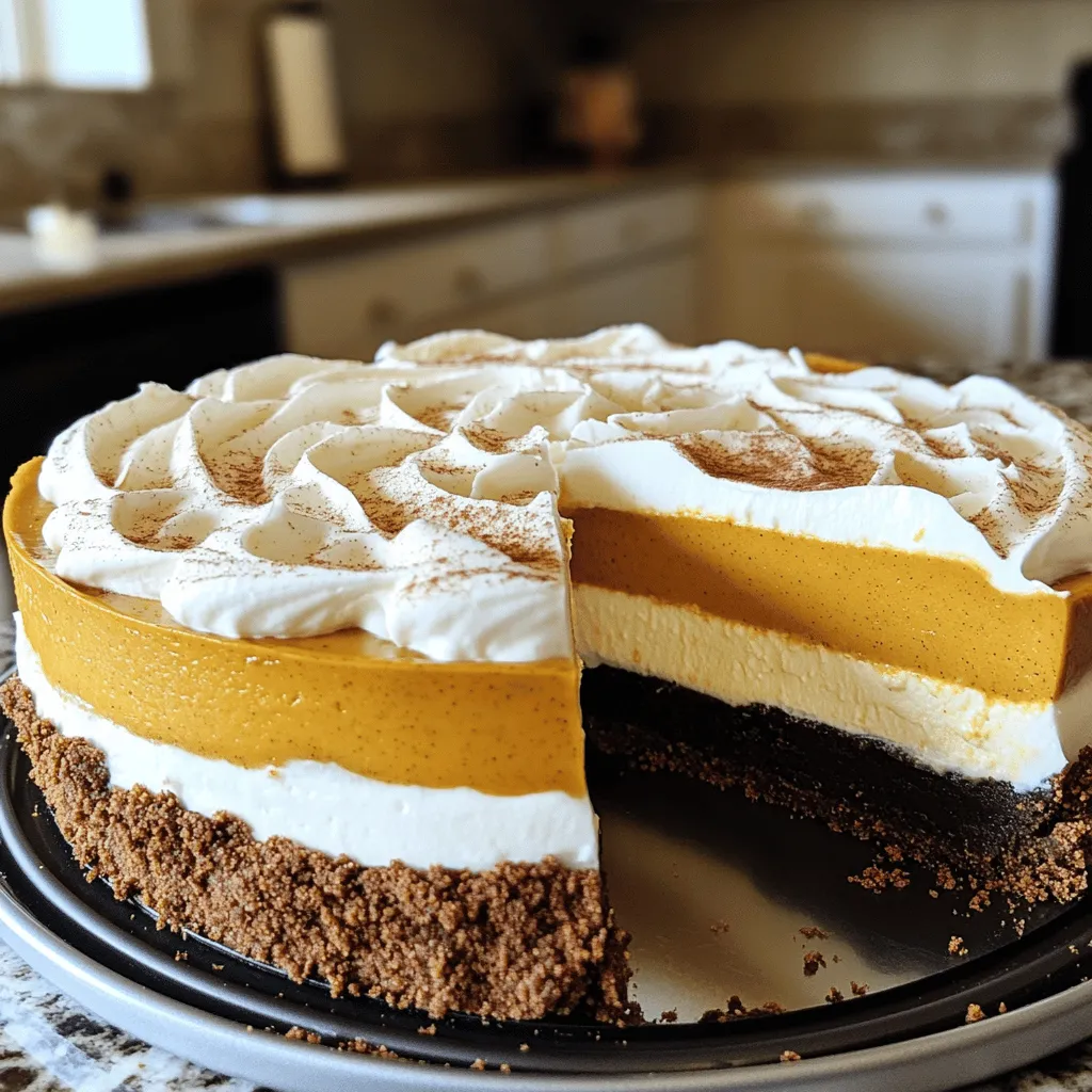 To create a rich and creamy no bake pumpkin cheesecake, you will need the following ingredients: - 1 ½ cups graham cracker crumbs - ½ cup unsweetened cocoa powder - ⅓ cup melted butter - 1 cup cream cheese, softened - 1 cup canned pumpkin puree - 1 cup powdered sugar - 1 teaspoon vanilla extract - 1 teaspoon pumpkin pie spice - 1 cup heavy whipping cream These ingredients blend well to form a smooth and tasty filling. The graham cracker crumbs and cocoa powder create a delightful crust. The cream cheese and pumpkin puree give the cheesecake its creamy texture and rich flavor. You can enhance your cheesecake with these tasty toppings: - Whipped cream - Cinnamon or nutmeg - Chocolate shavings These garnishes add flair and flavor to your finished cheesecake. A dollop of whipped cream brings a lightness. A sprinkle of cinnamon or nutmeg gives warmth and spice. Chocolate shavings add a touch of luxury and sweetness. For this recipe, you’ll need some basic kitchen tools: - 9-inch springform pan - Mixing bowls - Electric mixer - Spatula Using a springform pan makes it easy to remove the cheesecake without damage. An electric mixer speeds up the process of making the filling. A spatula helps you smooth the filling and scrape bowls clean. With these ingredients and tools, you are ready to create a no bake pumpkin cheesecake that is sure to impress. For the full recipe, check the details outlined above. First, you need to combine graham cracker crumbs, cocoa powder, and melted butter. Use a bowl and mix well until the texture feels like wet sand. This helps the crust stick together. Once mixed, press the crumb mixture into the bottom of a 9-inch springform pan. Make sure it is even. Chill the pan in the fridge while you work on the filling. Next, take a mixing bowl and beat the softened cream cheese until it is smooth. This step is key for a creamy texture. After that, add in the pumpkin puree, powdered sugar, vanilla extract, and pumpkin pie spice. Mix everything until it is fully combined and creamy. This filling is where all the pumpkin flavor shines through. Now comes the fun part! In a separate bowl, whip the heavy cream until stiff peaks form. This makes your cheesecake light and fluffy. Gently fold the whipped cream into the pumpkin mixture. Be careful not to overmix; you want to keep that airy texture. Make sure no white streaks remain. Once your filling is ready, pour it over the chilled crust. Smooth the top with a spatula to make it pretty. Then, cover the cheesecake with plastic wrap. Refrigerate it for at least 4 hours or overnight to let it set. This waiting time builds great flavor and texture. When you’re ready, remove the sides of the springform pan and slice the cheesecake into wedges. Enjoy this rich and creamy delight! For the full recipe, check out the details above. To get a creamy filling, start with softened cream cheese. This ensures no lumps in your mix. Make sure to let it sit at room temperature for about 30 minutes. Once it's soft, beat it well until smooth. When you whip the heavy cream, whip it until stiff peaks form. This adds lightness to the cheesecake. Be careful not to overmix the whipped cream into the pumpkin mixture. Gentle folding keeps the texture airy and fluffy. I love serving this cheesecake with a big dollop of whipped cream on top. It adds a nice touch! A dusting of pumpkin pie spice looks great and adds flavor. This dessert pairs well with coffee or any fall-themed drinks. Hot cider or spiced chai are perfect choices too. One common mistake is not chilling the cheesecake long enough. Chill it for at least four hours, or even better, overnight. This helps it set properly. Another mistake is skipping the folding process. If you don’t fold the whipped cream carefully, your cheesecake may turn out dense instead of light and fluffy. Remember, patience is key for that perfect texture. For the full recipe, check out the details above! {{image_2}} You can easily change up the flavor of your no bake pumpkin cheesecake. One fun idea is to add chocolate. By mixing in some cocoa powder or melted chocolate, you create a chocolate pumpkin cheesecake that is rich and tasty. Another option is to spice things up. Try adding spices like ginger or allspice. These spices will give your cheesecake a warm and cozy flavor. You will love how they brighten the pumpkin taste. If you need to adjust for dietary needs, I have some great tips. For a gluten-free version, swap the graham cracker crust for almond flour or gluten-free cookies. You can still enjoy that crunchy base without the gluten. For those who want a dairy-free option, use dairy-free cream cheese. There are many brands available that taste great. You can still enjoy the creamy texture without dairy in your dessert. When the seasons change, so can your cheesecake! For Halloween, you can get creative with your decorations. Try topping the cheesecake with candy corn or spooky chocolate shapes. It makes the dessert festive and fun. For Thanksgiving, think about serving styles. You can slice the cheesecake into wedges and serve with a dollop of whipped cream. You could also sprinkle some cinnamon or nutmeg on top. This adds a lovely fall touch that everyone will enjoy. Explore all these variations to make your no bake pumpkin cheesecake unique and delightful. For the full recipe, check out the details above. To keep your no bake pumpkin cheesecake fresh, you must store it right. First, make sure to refrigerate any leftovers in an airtight container. This step keeps the cheesecake moist and tasty. If you don’t have one, wrap the cheesecake tightly in plastic wrap. It will stay fresher longer this way. If you want to store the cheesecake for a long time, freezing is an option. To freeze, wrap the cheesecake tightly in plastic wrap and then in aluminum foil. This method prevents freezer burn. You can freeze it for up to three months. When you are ready to enjoy it, thaw it in the fridge overnight. This slow thawing helps maintain its creamy texture. You should eat your no bake pumpkin cheesecake within five to seven days when stored in the fridge. Look for signs of spoilage, such as a sour smell or changes in texture. If you see any mold, it’s best to discard it. Always trust your senses when judging food freshness. This ensures you enjoy your dessert at its best! Yes, you can use fresh pumpkin! Start with a small pumpkin. Cut it in half, remove the seeds, and bake it cut-side down at 350°F for about 45 minutes. After it cools, scoop out the flesh and puree it until smooth. This fresh pumpkin adds a lovely flavor but will require some extra steps compared to canned. Canned pumpkin is smooth and ready to use, which saves time. Check your cheesecake after chilling for at least four hours. It should feel firm to the touch but still have a slight jiggle in the center. If it wobbles too much, let it chill longer. You want it to be firm enough to slice but still creamy. Remember, it will set more as it cools. Absolutely! If you prefer a nutty flavor, try a crust made from crushed almonds or pecans. You can also use a cookie crust if you want something sweeter. For a crustless version, simply pour the filling directly into a greased springform pan. This way, it will still taste great! Pair your cheesecake with whipped cream, a sprinkle of cinnamon, or chocolate shavings. It also goes well with coffee or a spiced chai tea. For added crunch, consider serving with candied pecans or walnuts. These options elevate the flavors and make each bite special. Yes, it can be gluten-free! Use gluten-free graham cracker crumbs for the crust. Check labels on ingredients like powdered sugar and pumpkin pie spice to ensure they are gluten-free too. If you're unsure, making a crustless version is a great option. Enjoy this treat without worry! You learned how to make a tasty no-bake pumpkin cheesecake. We covered essential ingredients, step-by-step instructions, tips for success, and fun variations. This dessert is simple to make and packed with flavor. You can impress friends and family, especially during fall. Remember to chill it well for the best taste and texture. Enjoy exploring your creativity with toppings and flavor tweaks. I hope you feel confident making this cheesecake and sharing it with others. Now, grab your ingredients and start baking!