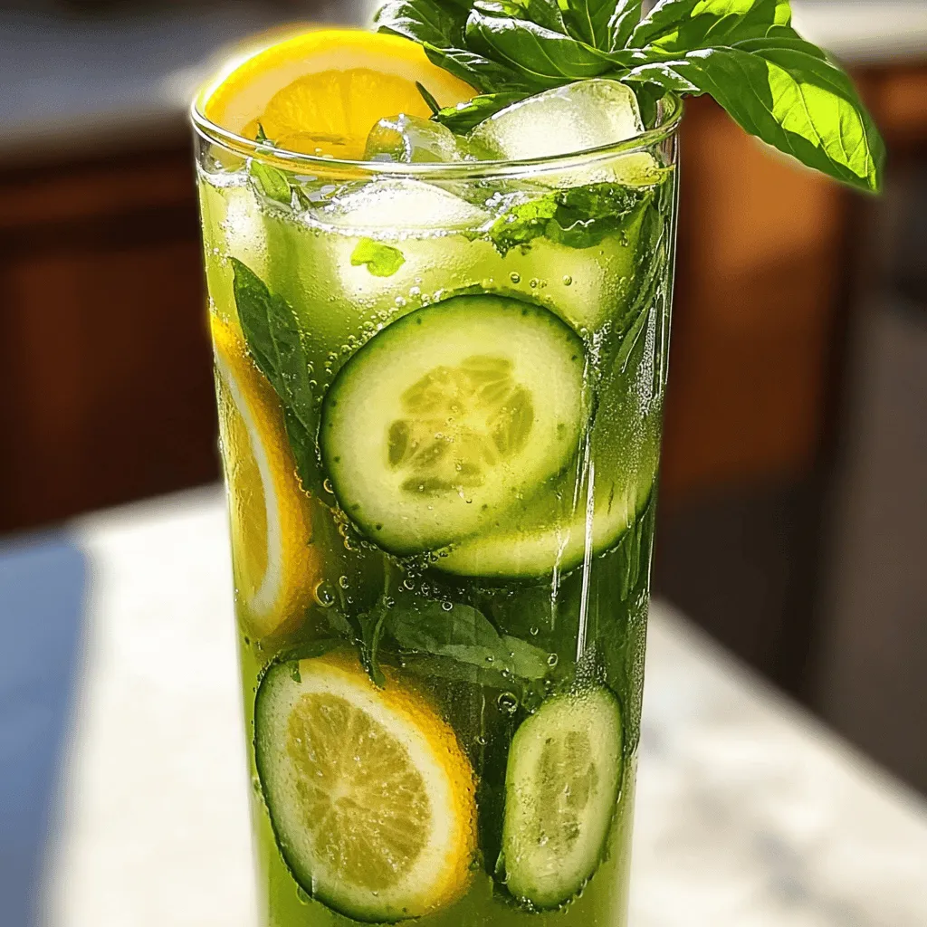 To make Cucumber Basil Lemonade, you need: - 1 large cucumber, peeled and diced - 1 cup fresh basil leaves, loosely packed - 1 cup freshly squeezed lemon juice (about 4-5 lemons) - 3/4 cup honey or agave syrup (adjust to taste) - 4 cups cold water - Ice cubes - Lemon slices and basil sprigs for garnish - Cucumber: Cucumber is low in calories. It helps keep you hydrated. It also has vitamins that support your skin. - Basil: Basil adds flavor and has antioxidants. It may help reduce stress and improve digestion. - Lemon Juice: Lemon juice is rich in vitamin C. It boosts your immune system and aids digestion. - Honey or Agave Syrup: These sweeteners are natural. They can provide a quick energy boost without refined sugar. - Water: Staying hydrated is key for health. Water helps maintain body temperature and keeps your skin clear. - Cucumber: Choose cucumbers that feel firm. Look for a bright green color with no soft spots. - Basil: Smell the basil before buying it. Fresh basil has a strong, sweet aroma. Look for bright green leaves without browning. - Lemons: Pick lemons that are heavy for their size. They should feel firm and have a bright yellow color. - Honey or Agave Syrup: Opt for organic options if possible. Check the label to avoid added sugars. - Water: Use filtered water for the best taste and health benefits. This recipe is simple and full of fresh flavors. For the full recipe, check out the complete instructions provided. To start, grab your blender. Add the peeled and diced cucumber, along with the fresh basil leaves. Pour in 1 cup of cold water. Blend this mix until it turns smooth and creamy. This step brings out the fresh flavors of cucumber and basil. You will love the fresh smell that fills your kitchen! Next, we need to strain the cucumber-basil mixture. Use a fine mesh sieve over a large pitcher. Pour the blended mix into the sieve and let it drip. This process removes the solids, leaving you with a smooth liquid. Press with a spoon to get every drop out. This helps us create a refreshing drink without any bits. Now it’s time to add the fun stuff! Pour in the freshly squeezed lemon juice, which gives the drink its bright flavor. Next, add the honey or agave syrup. Stir well to make sure everything mixes smoothly. Then, pour in the remaining 3 cups of cold water. Mix it all together again until it’s well combined. Taste it! You can adjust the sweetness to your liking. This is where you can make it just right for you. For the full recipe, check the earlier section. Now, chill the lemonade for at least 30 minutes. This allows all the flavors to blend nicely. When you're ready to serve, pour it over ice. Garnish with lemon slices and basil sprigs for a lovely touch. Enjoy your cool and tasty drink! You can control the sweetness of your cucumber basil lemonade easily. Start with the honey or agave syrup. Add 3/4 cup as the recipe states. After mixing, taste the lemonade. If it’s not sweet enough, add more syrup slowly. Stir well after each addition. Keep tasting until it suits your preference. Chilling your lemonade is key to great flavor. Let it sit in the fridge for at least 30 minutes. This rest time allows the cucumber and basil flavors to blend well. You can chill it longer if you want a stronger taste. The longer it sits, the more refreshing it becomes. Serve your cucumber basil lemonade over ice for a cool drink. Garnish with lemon slices and basil sprigs for a pretty touch. This drink is great for summer parties or picnics. You can also make it in a large pitcher for easy serving. For extra fun, try serving it in mason jars for a rustic feel. Don’t forget to offer straws for a fun touch! {{image_2}} Add a fresh twist by mixing mint into your cucumber basil lemonade. Start by adding a handful of fresh mint leaves to the blender with the cucumber and basil. Blend as usual and strain. Mint adds a cool flavor that pairs well with the lemon and basil. You can garnish with extra mint leaves for a pretty touch. For a bubbly version, use sparkling water instead of still water. After blending and straining your cucumber and basil, mix in the lemon juice and sweetener. Then, add the sparkling water just before serving. This drink will have a fun fizz that makes it even more refreshing on hot days. Serve it in tall glasses with ice for a great look. If you prefer a sugar-free drink, replace honey or agave with a sugar substitute. Stevia or erythritol work well. Just start with a small amount, taste, and adjust. You can also use fresh fruit, like mashed berries, to sweeten your drink naturally. This keeps your cucumber basil lemonade light and healthy while still being delicious. For the full recipe, check out the instructions above. Enjoy your drink! To store leftover Cucumber Basil Lemonade, pour it into a clean pitcher. Make sure to cover it tightly with a lid or plastic wrap. This helps to keep the flavors fresh. Place your pitcher in the fridge. Cucumber Basil Lemonade stays fresh for about 3 days in the fridge. After this, the taste may change. If you notice any off smells or flavors, it’s best to throw it away. You can freeze Cucumber Basil Lemonade for longer storage. Pour it into ice cube trays and freeze. Once frozen, transfer the cubes to a freezer bag. This method makes it easy to enjoy later. Just add the cubes to a glass of water or use them in smoothies. Yes, you can use bottled lemon juice. However, fresh lemon juice tastes better. Fresh lemons add a bright, zesty flavor. Bottled juice often lacks that freshness. If you want the best taste, squeeze fresh lemons. Cucumber Basil Lemonade is quite healthy. It has low calories and is hydrating. Cucumbers are full of water and vitamins. Basil adds antioxidants, and lemons provide vitamin C. The sweetness from honey or agave is natural. This drink is a refreshing choice for hot days. Making this recipe vegan is easy. Just swap honey for agave syrup or maple syrup. Both options are plant-based and sweet. The taste will still be great. Follow the [Full Recipe] for steps to make your lemonade. This guide shows how to make refreshing Cucumber Basil Lemonade. We covered key ingredients, their health benefits, and tips for choosing fresh ones. The step-by-step instructions ensure your drink turns out great. I shared tips on adjusting sweetness and serving ideas. You can explore fun variations, like adding mint or making it sparkling. Remember to store leftovers correctly for the best taste. With these tips, you can enjoy a tasty, healthy drink anytime. Enjoy your Cucumber Basil Lemonade adventures!