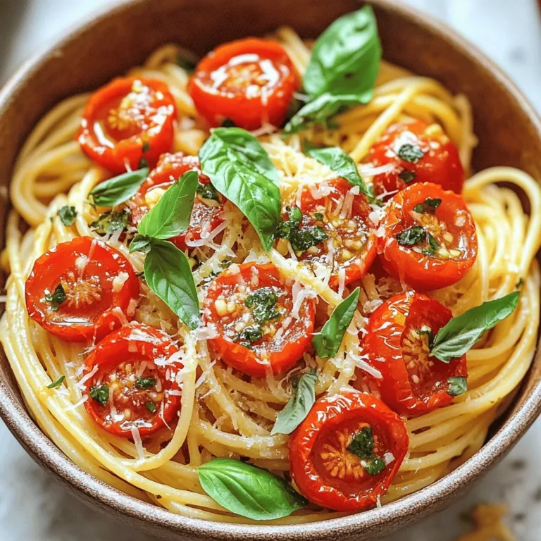 - 2 cups cherry tomatoes, halved - 3 tablespoons olive oil - 4 cloves garlic, minced - 1 teaspoon dried oregano - Salt and pepper to taste - 8 oz spaghetti or your choice of pasta - 1/4 cup fresh basil leaves, chopped - 1/4 cup grated Parmesan cheese (optional) - 1 teaspoon balsamic vinegar (optional) The core of this roasted tomato pasta recipe starts with fresh cherry tomatoes. When you roast them, their sweetness really shines. Mix them with olive oil, garlic, and oregano for a flavor boost. I suggest using salt and pepper to season the mix. They enhance all the tastes. For the pasta, you can use any kind you like. I often choose spaghetti, but feel free to experiment. Fresh basil adds a fragrant touch right before serving. If you want a cheesy flavor, sprinkle some grated Parmesan on top. Balsamic vinegar gives an extra zing, but it’s not required. - Other vegetable options (e.g., bell peppers, zucchini) - Different types of pasta (gluten-free options) - Additional herbs or spices to enhance flavor You can personalize this dish even more. Add bell peppers or zucchini for extra veggies. Switch up the pasta type too, especially if you prefer gluten-free. Herbs like thyme or rosemary can bring new flavors. Don't hesitate to get creative with what you have on hand. The best part? You can adapt this recipe to your taste and diet. For the complete instructions, check out the Full Recipe. 1. Preheat the oven to 400°F (200°C). 2. Toss halved cherry tomatoes with 3 tablespoons of olive oil, 4 cloves of minced garlic, 1 teaspoon of dried oregano, salt, and pepper. 3. Spread the tomatoes on a baking sheet in a single layer and roast for 20-25 minutes. Roasting the tomatoes brings out their natural sweetness. Watch them closely as they cook. You want them to burst and caramelize, adding depth to the dish. 1. Boil salted water in a large pot. 2. Cook the pasta according to package instructions until al dente. 3. Reserve 1/2 cup of the pasta water before draining. Cooking pasta perfectly is key. Al dente means the pasta has a slight bite. This texture holds up well with the sauce. 1. Mix the roasted tomatoes with the cooked pasta. 2. Add remaining olive oil and 1 teaspoon of balsamic vinegar if desired. 3. Toss with reserved pasta water until you reach your desired saucy consistency. Combining these ingredients creates a lovely, vibrant dish. The reserved pasta water helps bind the sauce, ensuring each bite is flavorful. For the full recipe, check out my detailed breakdown. Enjoy experimenting with this classic dish! - Choosing the right tomatoes for roasting. I love using cherry tomatoes. They are sweet and burst with flavor. You can also try grape tomatoes. They work well too. Look for firm tomatoes without blemishes. - How to avoid sogginess during roasting. To keep tomatoes from getting soggy, space them on the baking sheet. Don’t overcrowd them. This helps them roast evenly. Use a good amount of olive oil to help with caramelization. - Tips for achieving the best caramelization. Caramelization brings out the natural sweetness. Roast the tomatoes at 400°F (200°C). This high heat helps them brown nicely. Stir them halfway through roasting for even color. - Timing your pasta cooking with roasting. Start cooking your pasta when the tomatoes are almost done. This way, everything is hot and ready together. Check the time on your pasta package to sync it right. - How to know when pasta is al dente. Al dente means the pasta is firm but cooked. Taste a piece a minute before the package time. It should have a slight bite. - Ways to enhance flavor during boiling. Add salt to the boiling water. This flavors the pasta as it cooks. You can also add garlic or herbs to the water for extra taste. - Best methods for plating and garnishing. Serve the pasta in a big bowl. Top it with fresh basil and Parmesan cheese. A drizzle of olive oil adds a nice touch. - Pairing options for sides and wines. A simple green salad works well. Pair it with a light white wine like Pinot Grigio. This complements the flavors of the dish nicely. - Customizing servings for dietary needs. You can swap regular pasta for gluten-free options. For a vegan version, skip the cheese and use plant-based pasta. This makes it friendly for different diets. For detailed steps, check the Full Recipe. {{image_2}} You can easily make roasted tomato pasta more colorful and tasty. Adding seasonal vegetables like spinach or bell peppers brings freshness. Toss them in during the last few minutes of roasting. This keeps them crisp. You can also explore cheese alternatives if you have dietary restrictions. Vegan cheese can melt nicely, giving the dish a creamy feel without dairy. For a heartier meal, I love adding grilled chicken or shrimp. They blend well with the roasted tomatoes. Cook them separately, then mix them in with the pasta. If you prefer a plant-based option, beans or lentils are great. They add protein and fiber, making the dish filling and nutritious. Cheese can elevate the flavor of your pasta. Feta or goat cheese adds a tangy twist. Just crumble it over the top before serving. Another idea is to use flavored oils or infused balsamic vinegar. These can add depth and richness to your dish. A few drops can transform the taste, making each bite special. To keep your roasted tomato pasta fresh, refrigerate it in an airtight container. Make sure to let it cool before sealing. This helps to lock in flavors and moisture. It is best to eat leftovers within 3 to 4 days. If you have extra sauce, store it separately. This keeps the pasta from getting soggy. To freeze roasted tomato pasta, first, let it cool completely. Then, place it in a freezer-safe container. You can also use freezer bags. Remove as much air as possible before sealing. This prevents freezer burn. When you're ready to eat, thaw it in the fridge overnight. Reheat it gently on the stove. Add a splash of water or olive oil to maintain its texture. Roasted tomato pasta lasts about 3 to 5 days in the fridge. If it smells sour or has a strange color, throw it away. Look for signs like slimy pasta or mold. These are clear signs that the dish has gone bad. Always trust your senses to keep your meals safe and tasty. To make roasted tomato pasta vegan, simply skip the cheese. You can use a vegan cheese or leave it out. Choose pasta labeled as vegan, which is usually made from just flour and water. Look for options like whole grain or lentil pasta for added nutrition. Yes, you can use canned tomatoes! They work well in this dish. Just make sure to drain them to avoid excess liquid. Use about 1 can of whole tomatoes. Crush them slightly before mixing in. You may need to reduce the roasting time since they are already soft. Roasting tomatoes can boost their flavor and nutrition. Heat helps release lycopene, a powerful antioxidant. This can help reduce the risk of heart disease. Roasted tomatoes are also sweeter and easier to digest. Plus, they keep their vitamins better than raw tomatoes when cooked at a moderate temperature. You can easily change this recipe! Add vegetables like spinach, bell peppers, or zucchini for more color and flavor. Swap out basil for parsley or arugula. If you like spice, add red pepper flakes. Experiment with different oils or vinegars for a unique twist. The best pasta for roasted tomato pasta is spaghetti or penne. These shapes hold the sauce well. You could also try gluten-free pasta if needed. Whole wheat pasta adds fiber and a nutty taste. Choose your favorite shape for a fun meal! For the full recipe, check out Savory Roasted Tomato Basil Pasta. It includes all the steps and tips you need to create this delicious dish! Roasted tomato pasta is simple and delicious. You learned about the best ingredients and how to prepare them. I shared tips to boost flavor and make it your own. With easy storage methods, you can enjoy it later. Remember, you can customize this dish however you like. So, gather your ingredients and get cooking. Enjoy the process and savor every bite of your creation!