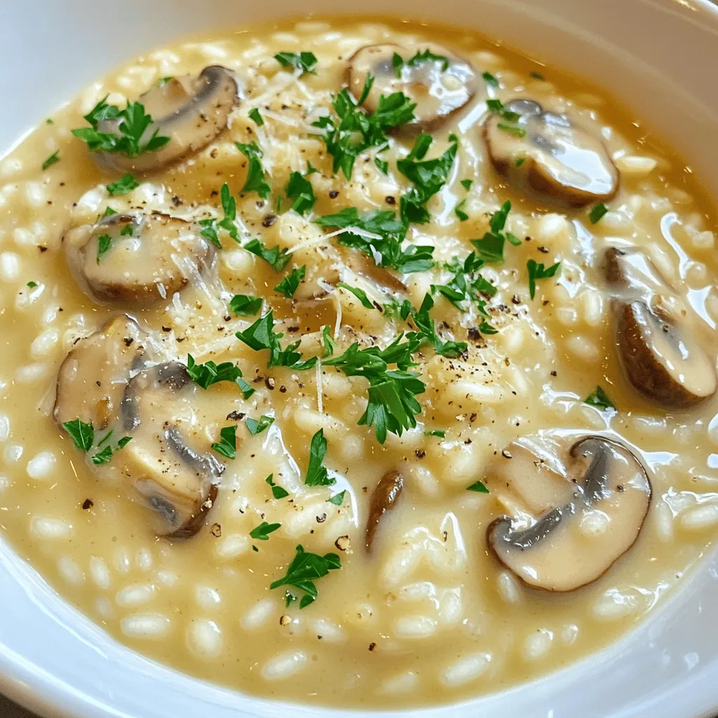 To make creamy mushroom risotto, you need specific ingredients. Here is what you will need: - 1 cup Arborio rice - 4 cups vegetable or mushroom broth - 1 cup fresh mushrooms (such as cremini or shiitake), sliced - 1 small onion, finely chopped - 2 cloves garlic, minced - 1/2 cup grated Parmesan cheese (or nutritional yeast for a vegan option) - 2 tablespoons olive oil - 1 tablespoon butter (or vegan alternative) - 1/2 cup heavy cream (or coconut cream for a dairy-free option) - Salt and pepper to taste - Fresh parsley, chopped (for garnish) These ingredients work together to create a rich and creamy dish. Arborio rice is key here. Its starchiness gives risotto that nice creamy texture. Not every ingredient has to be fixed. You can swap some items based on your taste or what you have. For instance, if you want a vegan option, use nutritional yeast instead of Parmesan cheese. You can also replace heavy cream with coconut cream for a dairy-free dish. If you don’t have fresh mushrooms, dried mushrooms can work too. Just remember to soak them in water before adding them to the risotto. You can also use different kinds of rice, such as Carnaroli, but Arborio is the best choice for creaminess. This recipe can fit many diets. For vegan, use vegetable broth, nutritional yeast, olive oil, and coconut cream. Make sure to check that your broth is gluten-free if you need that option. If you want a gluten-free dish, Arborio rice is naturally gluten-free, making this risotto a safe choice. Always read labels to ensure all ingredients meet your dietary needs. For the full recipe, check out the entire guide on making creamy mushroom risotto. Start by heating the broth in a saucepan. Use medium heat to warm up 4 cups of vegetable or mushroom broth. Keep it hot but not boiling. This warm broth will help the rice cook evenly. In a large skillet, heat 2 tablespoons of olive oil and 1 tablespoon of butter. Use medium heat for this step. Add 1 small chopped onion and sauté for about 3-4 minutes. The onion should be soft and translucent. Next, add 2 minced garlic cloves and 1 cup of sliced mushrooms. Cook these for 5-7 minutes. The mushrooms should turn tender and brown. Now, stir in 1 cup of Arborio rice. Cook it for 1-2 minutes. This helps the rice soak up the flavors. Then, add the warm broth slowly. Use one ladle at a time and stir gently. Let the rice absorb the broth before adding more. Repeat this for about 18-20 minutes. The rice should be creamy and al dente when done. When it's ready, lower the heat. Stir in 1/2 cup of heavy cream and 1/2 cup of grated Parmesan cheese. Mix well until creamy. Season with salt and pepper to taste. For the full recipe, check the ingredients and other steps provided earlier. Enjoy your cooking! To get that creamy texture in your risotto, use Arborio rice. This rice has starch that helps make the dish rich and smooth. When you cook it, add warm broth slowly. Stir often so the rice releases its starch. This is key to creaminess. If you want it even richer, mix in heavy cream and cheese at the end. One mistake is adding too much broth at once. This can make the rice cook unevenly. Always wait until most of the broth is absorbed before adding more. Another mistake is cooking it too fast. Keep the heat at medium. This gives the rice time to absorb flavors. Finally, don’t forget the seasoning. Salt and pepper can make a big difference. You can boost the flavor of your risotto with more than just mushrooms. Consider adding fresh herbs like thyme or rosemary. A splash of white wine can add depth, too. For a savory touch, try sautéing some garlic with the onions. Lastly, drizzle a bit of truffle oil on top before serving for a fancy finish. Check out the Full Recipe for detailed steps! {{image_2}} You can use many types of mushrooms in your risotto. Each type brings a unique flavor. I love using cremini and shiitake mushrooms. They have rich, earthy tastes. You can also try portobello mushrooms for a meaty bite. For a lighter flavor, go with button mushrooms. Even wild mushrooms add a special touch. Explore different options to find your favorite mix. Adding herbs can make your risotto even more tasty. Fresh thyme and rosemary work well. They bring out the earthiness of the mushrooms. You can also add a splash of white wine while cooking. For a gourmet twist, drizzle truffle oil on top. It adds a luxurious aroma and taste. Don't be afraid to experiment with flavors. Each addition can change the dish for the better. If you want a vegetarian option, use vegetable broth and Parmesan cheese. For vegan risotto, swap the cheese for nutritional yeast. This gives a cheesy flavor without dairy. You can also replace the heavy cream. Use coconut cream for a rich and creamy texture. These swaps keep the dish delicious and satisfying for everyone. To store leftover risotto, let it cool first. Place it in an airtight container. Store the container in the fridge for up to three days. Label the container with the date. This way, you won’t forget when you made it. Reheating risotto is easy. You can use the stove or microwave. If using the stove, add a splash of broth or water. Heat on low and stir often. For the microwave, heat in short bursts. Stir between each burst to make sure it warms evenly. You can freeze risotto for longer storage. Place it in a freezer-safe container. Leave some space at the top, as it will expand. Risotto can stay fresh in the freezer for up to two months. To use, thaw it overnight in the fridge before reheating. Making Creamy Mushroom Risotto takes about 40 minutes. You spend 10 minutes prepping and 30 minutes cooking. This time includes warming the broth and cooking the rice. You can make risotto ahead of time, but it may lose its creamy texture. If you want to prepare it early, cook it until just al dente. Then cool it quickly and store it. When ready to serve, reheat with a little broth and stir well. Creamy Mushroom Risotto pairs well with many dishes. Here are some great options: - Grilled chicken or fish - Roasted vegetables - A fresh green salad - Garlic bread These sides balance the rich, creamy risotto and add variety. Yes, you can use various mushrooms in your risotto. Try cremini, shiitake, or even portobello. Each type brings its own unique flavor. Mixing mushrooms can also enhance the dish's taste and texture. Creamy Mushroom Risotto can be healthy, depending on your choices. Using vegetable broth and fresh mushrooms packs in nutrients. You can reduce cream and cheese for a lighter dish. Adding greens boosts its health benefits too. If you don’t have Arborio rice, you can use other short-grain rice. Carnaroli or Vialone Nano are good alternatives. They also create a creamy texture. Avoid long-grain rice, as it won’t yield the same results. Yes, you can make Creamy Mushroom Risotto vegan. Substitute the butter with olive oil. Use nutritional yeast instead of Parmesan cheese. Replace heavy cream with coconut cream or a plant-based cream. Enjoy the same rich flavors without dairy. To achieve perfect risotto, remember these tips: - Stir often to release starch. - Add broth little by little for even cooking. - Taste frequently to check doneness. - Finish with a touch of butter for extra creaminess. These steps help you create a lovely, creamy dish every time. For the full recipe, check the section above. Creamy mushroom risotto is simple and rewarding to make. We covered essential ingredients, cooking steps, and helpful tips to achieve the perfect creamy texture. Don't forget the variations to customize your dish and how to store leftovers. Remember, risotto can fit different diets, too. With practice, you'll master this dish. Enjoy the journey and flavors it brings to your table.