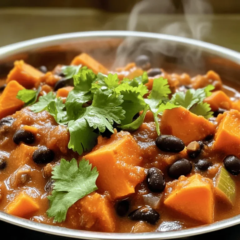 To make a tasty sweet potato and black bean chili, you need these simple ingredients: - 1 large sweet potato, peeled and diced - 1 can black beans, drained and rinsed - 1 can diced tomatoes (14.5 oz) - 1 medium onion, chopped - 3 cloves garlic, minced - 1 bell pepper (red or green), chopped - 2 cups vegetable broth - 1 tablespoon chili powder - 1 teaspoon cumin - 1 teaspoon smoked paprika - 1/2 teaspoon cayenne pepper (adjust to taste) - Salt and pepper to taste - 2 tablespoons olive oil - 1 lime, juiced - Fresh cilantro, for garnish Each ingredient brings its own flavor. Sweet potatoes add a hearty touch. Black beans give protein and a creamy texture. Diced tomatoes add juiciness and acidity. For spices, chili powder brings warmth, while cumin and smoked paprika deepen the flavor. Cayenne pepper kicks up the heat, but you can adjust it to your liking. These fresh ingredients are key to a healthy meal. You can find them in your local grocery store or farmer's market. This recipe makes a great dinner for the family or a cozy meal for yourself. For the full recipe, check the instructions to create this delicious dish! - Heat Oil: In a large pot, heat the olive oil over medium heat. - Sauté Vegetables: Add the onion and bell pepper, cooking until softened, about 5 minutes. - Add Sweet Potatoes: Stir in the diced sweet potato and continue cooking for another 3-4 minutes. - Spices and Tomatoes: Mix in the chili powder, cumin, smoked paprika, cayenne pepper, salt, and pepper. This adds a warm kick to the chili. - Simmer: Pour in the diced tomatoes and vegetable broth; bring to a simmer and cover. Let it bubble gently to blend the flavors. - Add Black Beans: Stir in the black beans and lime juice for the last five minutes of cooking. This adds creaminess and a zesty touch. Follow these steps and enjoy making your Sweet Potato and Black Bean Chili from the Full Recipe! Each step builds layers of flavor, making it a dish you'll love to share and savor. - Sautéing Tips: Cook onions and bell peppers until they turn soft and clear. This adds great flavor. - Spice Adjustments: Change the heat by adding more cayenne or chili powder. Start small and taste as you go. - Garnishing Suggestions: Fresh cilantro and lime wedges can make your chili pop with flavor. - Recommended Cookware: A heavy-bottomed pot helps cook the chili evenly. This keeps it from burning on the bottom. - Essential Utensils: Use a wooden spoon or a silicone spatula to stir the chili well. This prevents any sticking. By following these tips and using the right tools, you can make your sweet potato and black bean chili even better. For a detailed guide, check out the Full Recipe. {{image_2}} You can easily change this chili by adding protein. If you want meat, try ground turkey or beef. Both add great flavor and make the dish heartier. Just brown the meat before adding the other ingredients. If you prefer beans, use kidney beans or pinto beans instead of black beans. Each type brings a different taste and texture. Mixing beans can make your chili even more delicious. For those on a vegan diet, check that all ingredients are plant-based. This chili is naturally vegan if you stick to the recipe. Just make sure to avoid non-vegan toppings. You can also make this dish gluten-free. All the ingredients are gluten-free, but it’s smart to double-check labels. This way, you can enjoy your chili without worry. Feel free to experiment with the recipe and make it your own! For the detailed recipe, check the Full Recipe section. You can keep your chili fresh by storing it in an airtight container. Place it in the fridge. It will stay good for up to 5 days. Make sure it cools completely before you store it. This helps to keep the flavors intact. Want to save it for later? You can freeze the chili too! First, let it cool down. Then, pour the chili into freezer-safe containers. You can freeze it in portions for up to 3 months. When you’re ready, just thaw it in the fridge overnight. Reheat it on the stove or microwave, and you’ll have a warm meal ready to enjoy again. For the full recipe, check out the Sweet Potato and Black Bean Chili recipe. How do I reheat Sweet Potato and Black Bean Chili? To reheat, pour the chili into a pot. Heat over medium heat, stirring often. You can also use a microwave. Just put it in a microwave-safe bowl. Heat in 1-minute bursts until hot. Can I make this chili in a slow cooker? Yes, you can! Start by sautéing the onion, bell pepper, and garlic in a pan. Then, add all ingredients to the slow cooker. Set it to low for 6-8 hours or high for 3-4 hours. Enjoy a warm meal with minimal effort. What are some side dishes to serve with Sweet Potato and Black Bean Chili? Try cornbread for a classic pairing. A fresh green salad also works well. You can serve tortilla chips for a crunchy side. Avocado slices add creaminess and flavor. What spices enhance the flavor of chili? Chili powder is a must-have. Cumin adds warmth, while smoked paprika gives a nice depth. For some heat, cayenne pepper is great. You can also try oregano for an earthy note. How to make Sweet Potato and Black Bean Chili vegan or vegetarian? This recipe is already vegan! Just make sure all your ingredients are plant-based, like vegetable broth. If you want to add a protein, try lentils or more beans. Is Sweet Potato and Black Bean Chili healthy? Yes, it is! Sweet potatoes are full of vitamins. Black beans provide protein and fiber. This dish is low in fat and high in nutrients. Enjoy it guilt-free! For the complete cooking process, check the Full Recipe. This article detailed how to make a hearty Sweet Potato and Black Bean Chili. You learned about the essential ingredients, step-by-step cooking instructions, and helpful tips. Plus, we discussed variations to tailor the dish to your taste and nutritional needs. Remember, this chili is not only easy to prepare but also rich in flavor. Enjoy crafting your own version, and share it with others. Cooking like this gives you warm meals and happy moments!