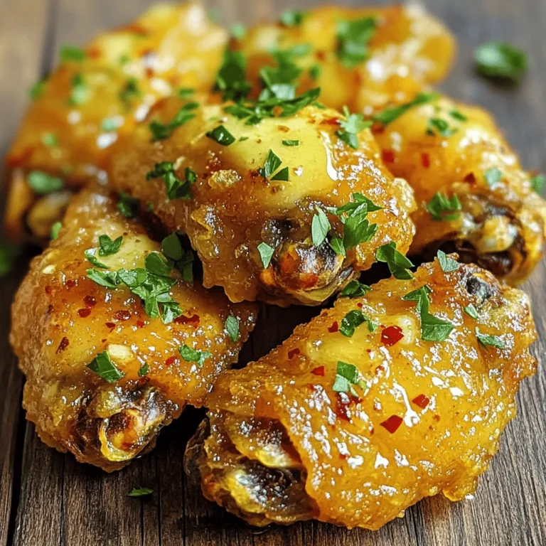 To make crispy garlic chicken wings, gather the following ingredients: - 2 pounds chicken wings - 1 tablespoon baking powder - 1 teaspoon salt - 1/2 teaspoon black pepper - 1/2 teaspoon garlic powder - 1 teaspoon smoked paprika - 1/4 cup unsalted butter - 4 cloves garlic, minced - 1 tablespoon fresh parsley, chopped - Optional: chili flakes for heat These ingredients work together to create a delicious flavor. The chicken wings are the star, offering a juicy bite. Baking powder helps the skin crisp up nicely. The seasonings add depth and warmth. Garlic butter gives a rich finish, while parsley adds a fresh touch. If you like some heat, chili flakes make a tasty option. For the full recipe and detailed steps, check out the Full Recipe. - Preheating the Oven Start by preheating your oven to 425°F (220°C). This high heat helps make the wings crispy. - Preparing the Baking Sheet Line a baking sheet with parchment paper. This makes cleanup easy and helps the wings cook evenly. - Drying the Chicken Wings Pat the chicken wings dry with paper towels. This is key for great crispiness. - Coating the Wings with Seasonings In a large bowl, mix together 1 tablespoon of baking powder, 1 teaspoon of salt, 1/2 teaspoon of black pepper, 1/2 teaspoon of garlic powder, and 1 teaspoon of smoked paprika. Add the dry wings and toss until they are well coated. - Arranging Wings for Cooking Place the wings in a single layer on the prepared baking sheet. Make sure they are spaced out to cook properly. - Cooking Time and Flipping Instructions Bake the wings for 40-45 minutes. Flip them halfway through to ensure they cook evenly and get crispy on all sides. - Melting the Butter While the wings bake, melt 1/4 cup of unsalted butter in a small saucepan over medium heat. - Sautéing the Garlic Add 4 minced garlic cloves to the melted butter. Sauté for about 1-2 minutes until fragrant. Be careful not to burn the garlic, as it can taste bitter. - Coating the Wings in Sauce Once the wings are baked, toss them in the garlic butter sauce until they are fully coated. If you like spice, sprinkle some chili flakes over the top. - Garnishing Tips Transfer the wings to a serving platter. Garnish with chopped fresh parsley for a pop of color and extra flavor. Enjoy these crispy garlic chicken wings as a great treat! For the full recipe, check out the detailed instructions above. To get crispy chicken wings, start by patting them dry. This removes moisture, which can make wings soggy. Use paper towels to absorb any wetness. The drier the wings, the crunchier they will be after baking. Baking powder plays a big role in achieving crispiness. It raises the pH of the chicken skin. This helps break down protein and allows for better browning. Just one tablespoon is enough for two pounds of wings. Don't be afraid to experiment with seasonings. Garlic powder provides great flavor, but you can add more! Try onion powder, cayenne pepper, or even lemon zest for a fresh twist. Mix and match to find your favorite blend. Sauce variations can also boost flavor. Consider making a spicy garlic sauce by adding hot sauce to the garlic butter. For a sweet touch, mix in honey or maple syrup. These changes can really make your wings stand out. Pairing your wings with the right sides can enhance the meal. Crispy fries or a fresh salad work well with garlic wings. You could also serve them with coleslaw for a crunchy contrast. Dipping sauces are key to a great wing experience. Ranch and blue cheese are classic choices. For something different, try a creamy garlic dip or a spicy sriracha sauce. These sauces will add even more flavor to your meal. For the full recipe, check out the Crispy Garlic Chicken Wings section above. {{image_2}} You can easily add some heat to your crispy garlic wings. Start by adding chili flakes to the garlic butter sauce. This gives your wings a spicy kick. You can also try fresh peppers or hot sauce. Jalapeños work great if you want a mild heat. For more intensity, use habaneros or serranos. Adjust the amount based on your taste. This way, you can make your wings as spicy as you like! If you enjoy sweet flavors, honey garlic wings are a tasty option. Just mix honey into the garlic butter sauce. The sweetness balances the garlic perfectly. You can use about 2-3 tablespoons of honey. Drizzle it over the wings right before serving. This twist adds a sticky glaze that is hard to resist. It’s a fun way to surprise your guests with a new flavor! Both cooking methods give you crispy wings, but they differ slightly. Baking in the oven is simple and gives even cooking. You will need about 40-45 minutes at 425°F (220°C). On the other hand, the air fryer cooks faster. It usually takes about 25-30 minutes. The air fryer can also make wings even crispier. If you want a quicker meal, the air fryer is your best bet. However, both methods will lead to delicious results, so choose what fits your time best. For the full recipe, check out the details above! To keep your crispy garlic chicken wings fresh, place any leftovers in an airtight container. Store them in the refrigerator for up to three days. Make sure the wings cool down before sealing the container to avoid steam buildup. This helps maintain their texture and taste. If you want to save your wings for later, freezing is a great option. First, let them cool completely. Then, wrap them tightly in plastic wrap or aluminum foil. Place them in a freezer bag or airtight container. You can freeze the wings for up to three months. When you're ready, thaw them in the fridge overnight before reheating. To keep your wings crispy when reheating, avoid the microwave. Instead, preheat your oven to 375°F (190°C). Spread the wings on a baking sheet lined with parchment paper. Heat them for about 10-15 minutes, flipping halfway through. This method keeps them crispy and delicious. If you want to add extra flavor, brush them with a bit of garlic butter before reheating. Enjoy your wings just as tasty as when they were fresh! To get crispy chicken wings, bake them for 40-45 minutes. Flip them halfway for even cooking. The oven should be set to 425°F (220°C). This high heat helps the skin get nice and crunchy. Yes, you can use frozen chicken wings. However, make sure to thaw them first. Pat them dry before seasoning. This step is key for achieving that crispy texture. Some great sauces for garlic chicken wings include ranch, blue cheese, and honey mustard. You can also try a spicy buffalo sauce for a kick. For a twist, mix some garlic sauce with sriracha. You can prep the wings and season them ahead of time. Store them in the fridge for up to a day. Bake them fresh when you're ready to serve. This keeps them crispy and tasty. You can use an air fryer for a quicker option. It cooks wings fast and keeps them crispy. Grilling is another great choice. It adds a smoky flavor that pairs well with garlic. In this post, we explored the ingredients and steps to make crispy garlic chicken wings. We discussed how to prepare the wings, bake them, and create a tasty garlic sauce. Remember, patting the wings dry and using baking powder are key for crispiness. You can customize flavors by adding spices or trying different cooking methods. Store leftovers properly, and follow reheating tips to keep them crispy. Enjoy your delicious wings with your favorite dips!