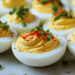 - 6 large eggs - 3 tablespoons mayonnaise - 1 tablespoon Sriracha sauce - 1 teaspoon Dijon mustard - 1 teaspoon lemon juice The main ingredients in spicy Sriracha deviled eggs are simple yet powerful. The eggs provide a creamy base. Mayonnaise adds richness and smoothness. Sriracha delivers that fiery kick. Dijon mustard gives a tangy note, while lemon juice brightens the flavor. - Salt, to taste - Black pepper, to taste - Paprika, for garnish - Chopped green onions or cilantro, for garnish Seasoning is key to balancing flavors. Salt and black pepper enhance the taste. Paprika adds color and a hint of smokiness. Fresh herbs like green onions or cilantro round out the dish. These garnishes not only look good but elevate the flavor. If you're curious about the full recipe, check it out for all the details! - Step 1: Place the eggs in a pot with cold water. Make sure the water covers them by one inch. - Step 2: Bring the water to a boil over medium-high heat. Once it boils, cover the pot and remove it from heat. Let the eggs sit for 12-15 minutes. - Step 3: Cool the eggs in an ice bath for about 5-10 minutes. This helps with peeling. - Step 4: Peel the eggs and slice them in half lengthwise. Carefully take out the yolks and put them in a mixing bowl. - Step 5: Mash the yolks with a fork until smooth. Add mayonnaise, Sriracha, Dijon mustard, lemon juice, salt, and black pepper. Mix until creamy and well combined. - Step 6: Use a piping bag or a small spoon to fill the egg white halves with the spicy yolk mix. The joy of making Spicy Sriracha Deviled Eggs comes from the bold flavors. You can find the full recipe above to guide you through this fun process. Enjoy every bite! To get the best eggs, you need to know the boil time. For soft yolks, boil for 6-8 minutes. For hard yolks, aim for 12-15 minutes. The ice bath is key. It stops cooking and helps with peeling. After boiling, cool the eggs in ice water for about 5-10 minutes. This makes the shells come off easily. You can change the heat in your deviled eggs. If you want mild heat, use just a bit of Sriracha. For medium heat, add more Sriracha or use a spicy mayo. Want to switch it up? Try alternatives like chipotle sauce or harissa for unique flavors. Each option gives a new twist to your eggs. For the full recipe, check the details above. {{image_2}} You can change the base of your filling to make it even better. - Using Greek yogurt instead of mayonnaise: This swap adds tang and creaminess. Greek yogurt has less fat than mayo. It also packs more protein. You still get that smooth texture, just with a lighter taste. - Adding avocado for creaminess: Mashed avocado is a great option too. It adds rich flavor and healthy fats. This swap makes your deviled eggs even more filling and tasty. You can also boost the flavor with different spices and toppings. - Incorporating spices like cayenne or garlic powder: A pinch of cayenne adds heat. Garlic powder gives a nice depth. Adjust these spices to fit your taste. You can create the perfect kick with just a dash. - Topping options: bacon bits or crispy onions: Crumbled bacon adds crunch and smokiness. Crispy onions give a sweet crunch that balances the spice. Both toppings take your eggs to the next level. These variations make your spicy Sriracha deviled eggs unique and fun. Try them all to find your favorite twist! For the full recipe, check out the recipe section above. To keep your spicy Sriracha deviled eggs fresh, store them in the fridge. Place the eggs in a covered container. This protects them from absorbing other odors. You can also use plastic wrap to cover them tightly. They can last for about 2 to 3 days in the fridge. However, the sooner you eat them, the better they taste. Always check for any off smell before enjoying. Freezing deviled eggs is not recommended. The texture of the eggs can change when thawed. If you freeze them, the filling may become watery and grainy. If you still want to try, place them in an airtight container. To thaw, move them to the fridge overnight. Serve them cold, but expect a difference in texture. For best taste, enjoy your deviled eggs fresh. For the full recipe, check out the detailed instructions above. Deviled eggs last about three to five days in the fridge. Keep them in a sealed container. This helps avoid any odors from your fridge. Always check for any off smells before eating. Yes, you can make deviled eggs ahead of time. Prepare the filling and store it in the fridge. Fill the egg whites just before serving. This keeps them fresh and tasty. You can swap Sriracha with other hot sauces or condiments. Try using: - Frank's RedHot for mild heat - Chipotle sauce for a smoky touch - Wasabi for a unique kick These options add different flavors while keeping the dish exciting. For the full recipe, check out the Spicy Sriracha Deviled Eggs. In this post, we explored how to make delicious deviled eggs. We covered the key ingredients and detailed each step of the process, ensuring you achieve perfect results. We also shared tips to tailor your spice levels and variations to make the dish your own. Remember to store your deviled eggs properly for fresh taste. With these insights, you can create a crowd-pleasing dish. Enjoy making and sharing your fantastic deviled eggs!