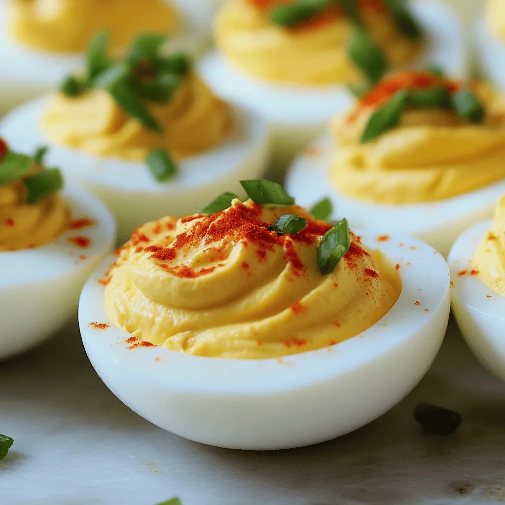 - 6 large eggs - 3 tablespoons mayonnaise - 1 tablespoon Sriracha sauce - 1 teaspoon Dijon mustard - 1 teaspoon lemon juice The main ingredients in spicy Sriracha deviled eggs are simple yet powerful. The eggs provide a creamy base. Mayonnaise adds richness and smoothness. Sriracha delivers that fiery kick. Dijon mustard gives a tangy note, while lemon juice brightens the flavor. - Salt, to taste - Black pepper, to taste - Paprika, for garnish - Chopped green onions or cilantro, for garnish Seasoning is key to balancing flavors. Salt and black pepper enhance the taste. Paprika adds color and a hint of smokiness. Fresh herbs like green onions or cilantro round out the dish. These garnishes not only look good but elevate the flavor. If you're curious about the full recipe, check it out for all the details! - Step 1: Place the eggs in a pot with cold water. Make sure the water covers them by one inch. - Step 2: Bring the water to a boil over medium-high heat. Once it boils, cover the pot and remove it from heat. Let the eggs sit for 12-15 minutes. - Step 3: Cool the eggs in an ice bath for about 5-10 minutes. This helps with peeling. - Step 4: Peel the eggs and slice them in half lengthwise. Carefully take out the yolks and put them in a mixing bowl. - Step 5: Mash the yolks with a fork until smooth. Add mayonnaise, Sriracha, Dijon mustard, lemon juice, salt, and black pepper. Mix until creamy and well combined. - Step 6: Use a piping bag or a small spoon to fill the egg white halves with the spicy yolk mix. The joy of making Spicy Sriracha Deviled Eggs comes from the bold flavors. You can find the full recipe above to guide you through this fun process. Enjoy every bite! To get the best eggs, you need to know the boil time. For soft yolks, boil for 6-8 minutes. For hard yolks, aim for 12-15 minutes. The ice bath is key. It stops cooking and helps with peeling. After boiling, cool the eggs in ice water for about 5-10 minutes. This makes the shells come off easily. You can change the heat in your deviled eggs. If you want mild heat, use just a bit of Sriracha. For medium heat, add more Sriracha or use a spicy mayo. Want to switch it up? Try alternatives like chipotle sauce or harissa for unique flavors. Each option gives a new twist to your eggs. For the full recipe, check the details above. {{image_2}} You can change the base of your filling to make it even better. - Using Greek yogurt instead of mayonnaise: This swap adds tang and creaminess. Greek yogurt has less fat than mayo. It also packs more protein. You still get that smooth texture, just with a lighter taste. - Adding avocado for creaminess: Mashed avocado is a great option too. It adds rich flavor and healthy fats. This swap makes your deviled eggs even more filling and tasty. You can also boost the flavor with different spices and toppings. - Incorporating spices like cayenne or garlic powder: A pinch of cayenne adds heat. Garlic powder gives a nice depth. Adjust these spices to fit your taste. You can create the perfect kick with just a dash. - Topping options: bacon bits or crispy onions: Crumbled bacon adds crunch and smokiness. Crispy onions give a sweet crunch that balances the spice. Both toppings take your eggs to the next level. These variations make your spicy Sriracha deviled eggs unique and fun. Try them all to find your favorite twist! For the full recipe, check out the recipe section above. To keep your spicy Sriracha deviled eggs fresh, store them in the fridge. Place the eggs in a covered container. This protects them from absorbing other odors. You can also use plastic wrap to cover them tightly. They can last for about 2 to 3 days in the fridge. However, the sooner you eat them, the better they taste. Always check for any off smell before enjoying. Freezing deviled eggs is not recommended. The texture of the eggs can change when thawed. If you freeze them, the filling may become watery and grainy. If you still want to try, place them in an airtight container. To thaw, move them to the fridge overnight. Serve them cold, but expect a difference in texture. For best taste, enjoy your deviled eggs fresh. For the full recipe, check out the detailed instructions above. Deviled eggs last about three to five days in the fridge. Keep them in a sealed container. This helps avoid any odors from your fridge. Always check for any off smells before eating. Yes, you can make deviled eggs ahead of time. Prepare the filling and store it in the fridge. Fill the egg whites just before serving. This keeps them fresh and tasty. You can swap Sriracha with other hot sauces or condiments. Try using: - Frank's RedHot for mild heat - Chipotle sauce for a smoky touch - Wasabi for a unique kick These options add different flavors while keeping the dish exciting. For the full recipe, check out the Spicy Sriracha Deviled Eggs. In this post, we explored how to make delicious deviled eggs. We covered the key ingredients and detailed each step of the process, ensuring you achieve perfect results. We also shared tips to tailor your spice levels and variations to make the dish your own. Remember to store your deviled eggs properly for fresh taste. With these insights, you can create a crowd-pleasing dish. Enjoy making and sharing your fantastic deviled eggs!