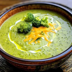 - 4 cups fresh broccoli florets - 1 medium onion, chopped - 2 cloves garlic, minced - 3 cups vegetable broth - 1 cup heavy cream - 2 cups shredded sharp cheddar cheese - 1 teaspoon mustard powder - Salt and pepper to taste - 2 tablespoons olive oil You can change some ingredients if you want. Here are a few ideas: - Cheese: Use vegan cheese for a dairy-free option. - Cream: Coconut milk works well instead of heavy cream. - Broccoli: Fresh broccoli has a better taste, but frozen broccoli is okay too. These choices help you meet your dietary needs while keeping the soup tasty. 1. Start by heating 2 tablespoons of olive oil in a large pot over medium heat. 2. Add 1 medium chopped onion. Sauté it for about 5 minutes until it turns soft and clear. 3. Next, add 2 minced garlic cloves. Sauté for 1 more minute until it smells nice. 4. Now, toss in 4 cups of fresh broccoli florets. Stir everything together and cook for about 3 minutes. 5. Pour in 3 cups of vegetable broth. Turn up the heat to bring it to a gentle boil. Cook for 10-15 minutes until the broccoli is soft. - If you have an immersion blender, use it to blend the soup right in the pot. This keeps it easy and saves time. - If you use a standard blender, be careful! Hot soup can splash. Blend in small batches and let it cool slightly. 1. Once blended, pour the soup back into the pot. Stir in 1 cup of heavy cream and 1 teaspoon of mustard powder for flavor. 2. Gradually add 2 cups of shredded sharp cheddar cheese. Stir until it melts and mixes well. 3. Taste the soup and add salt and pepper to make it just right. If it’s too thick, add a splash of vegetable broth or cream. This step-by-step guide ensures you create a creamy and delicious broccoli cheddar soup quickly. For the exact measurements and further details, check the Full Recipe. To make this soup great, start by sautéing your onions and garlic. Heat olive oil in your pot. Add the onions first and cook until they are soft and clear. This takes about five minutes. Next, add garlic for one more minute. This step brings out their best flavors. For a smooth soup texture, using an immersion blender is best. Blend until creamy. If you use a regular blender, do it in small batches. Be careful; hot soup can splash! One common mistake is overcooking broccoli. You want it tender but not mushy. Cook it just until bright green and soft, about 10 to 15 minutes. This way, it keeps its flavor and nutrients. Another mistake is adding cheese too quickly. Add it slowly after the soup is blended. Stir until melted. This keeps your soup creamy and smooth. For extra depth, try adding spices like paprika or cayenne pepper. These add a nice kick! You can also use herbs like thyme or parsley for fresh notes. When serving, pair your soup with crusty bread or a light salad. This makes a delicious meal. For a fun twist, serve it with a sprinkle of crispy bacon or croutons on top. {{image_2}} You can change the cheese in your soup for a new flavor. Mild cheddar gives a smooth taste, while sharp cheddar adds a nice bite. If you want to mix it up, try Gruyère. Gruyère melts well and adds a nutty flavor. You can even use a blend of cheeses for a unique twist. Want to make your soup heartier? Add some protein! You can stir in cooked chicken for a meaty touch. If you prefer a veggie option, add canned beans. Beans like white beans or chickpeas work well. They add fiber and keep the soup filling, perfect for a meal. To boost the taste, use fresh herbs. Thyme and rosemary add depth and aroma. Just a small amount can change the whole dish. For a bright finish, add a splash of lemon juice before serving. This adds freshness and balances the creaminess of the soup. Enjoy exploring these easy variations to make your broccoli cheddar soup your own! How long will it last in the fridge? Your broccoli cheddar soup will stay fresh in the fridge for about 3 to 4 days. Best ways to store leftovers Store the soup in an airtight container. Make sure it cools down before sealing. This helps keep it fresh and tasty. Tips for freezing soup To freeze your soup, let it cool completely. Pour it into freezer-safe containers, leaving some space at the top for expansion. You can also use freezer bags for easy storage. Reheating frozen broccoli cheddar soup When you are ready to enjoy your soup, thaw it in the fridge overnight. Heat it on the stove over low heat, stirring often. Add a splash of broth or cream if it’s too thick. For the full recipe, check out the Cheesy Broccoli Bliss Soup 🥦. To thicken broccoli cheddar soup, you have a few simple options. First, you can add more cheese. Cheese not only enhances flavor but also adds thickness. Another way is to include a cornstarch slurry. Mix equal parts cornstarch and cold water, then stir it into the soup while it simmers. Let it cook for a few minutes to thicken. Lastly, you can blend more of the soup until smooth. This will create a creamier texture without adding extra ingredients. Yes, you can make this soup vegan! Use vegetable broth as your base. Replace heavy cream with coconut milk or a cashew cream for a rich taste. For cheese, try a vegan cheese that melts well. Nutritional yeast can also add a cheesy flavor without dairy. Adjust the mustard powder as needed, as some vegan cheeses may already have added flavor. This way, you keep all the deliciousness while making it plant-based! This soup pairs well with many dishes. Try serving it with crusty bread or a fresh salad. Grilled cheese sandwiches also complement the soup perfectly. For a heartier meal, consider adding a side of roasted vegetables. You could even serve it in a bread bowl for a fun twist. Each of these options enhances the soup's flavor and makes for a filling meal. For the full recipe, check out the Cheesy Broccoli Bliss Soup 🥦. This recipe will guide you step-by-step to create a creamy and delicious dish. In this blog post, we explored how to make a delicious broccoli cheddar soup. I shared the key ingredients and offered helpful tips for cooking, blending, and adding flavors. You learned about substitutions and variations to suit your needs. Storage advice ensures your soup stays fresh. Remember, the right techniques and careful seasoning make all the difference. Enjoy experimenting with new flavors, and don’t forget to share your creations! Happy cooking!