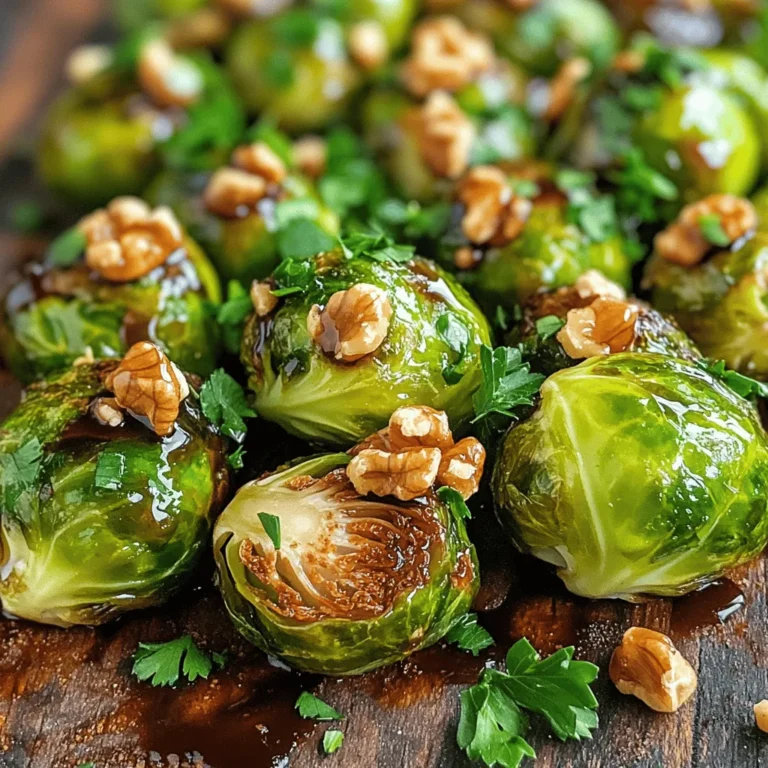 To make balsamic roasted Brussels sprouts, you need: - 1 lb Brussels sprouts, trimmed and halved - 3 tablespoons balsamic vinegar - 2 tablespoons olive oil - 1 tablespoon honey (or maple syrup for a vegan option) - 2 cloves garlic, minced - Salt and pepper to taste For added flavor and crunch, consider: - 1/2 cup chopped walnuts or pecans - 1 teaspoon smoked paprika - Fresh parsley, chopped for garnish You can swap items if needed. Use lemon juice instead of balsamic vinegar. You can also replace honey with agave nectar. If you do not have walnuts or pecans, try almonds or sunflower seeds. For a nut-free option, simply skip the nuts. This will still taste great! 1. Start by preheating your oven to 425°F (220°C). This heat helps the sprouts get crispy. 2. Trim one pound of Brussels sprouts by cutting off the stem ends. Cut each sprout in half. 3. In a large bowl, mix three tablespoons of balsamic vinegar and two tablespoons of olive oil. 4. Add one tablespoon of honey or maple syrup for sweetness. This gives a nice glaze. 5. Mince two cloves of garlic and toss them into the bowl. Add salt and pepper to taste. 6. If you like, add one teaspoon of smoked paprika to bring a smoky flavor. 7. Toss the halved Brussels sprouts in the bowl until they are evenly coated. 1. Line a baking sheet with parchment paper. Spread the Brussels sprouts out in a single layer. 2. Place the baking sheet in the hot oven. Roast for 20 minutes. 3. Halfway through, take out the baking sheet. Toss the Brussels sprouts to ensure even roasting. 4. After 20 minutes, sprinkle half a cup of chopped walnuts or pecans on top. 5. Return the baking sheet to the oven and roast for another 10 to 15 minutes. 6. Look for a nice caramelized color and crispy texture on the sprouts and nuts. 1. Once done, take the baking sheet out of the oven. Let the Brussels sprouts cool for a few minutes. 2. Garnish your dish with fresh parsley for a pop of color. 3. Serve these balsamic roasted Brussels sprouts as a side dish with your favorite meal. 4. They pair well with chicken, fish, or even a hearty grain bowl. 5. For more details, check the Full Recipe for a complete guide on this dish. To get crispy Brussels sprouts, start with fresh ones. Choose firm, green sprouts. Trim the ends and cut them in half. Preheat your oven to 425°F (220°C) for the best results. Spread the sprouts in a single layer on the baking sheet. Avoid crowding them; this helps them roast instead of steam. Toss them halfway through cooking for even crispiness. Balsamic vinegar adds a rich flavor, but you can boost it. Try adding some maple syrup for sweetness. Smoked paprika gives a nice smoky taste. Garlic adds depth, so don’t skip it! For a nutty crunch, toss in walnuts or pecans during the last few minutes of roasting. Fresh parsley adds a bright finish. Timing is key for perfect Brussels sprouts. Roast them for 20 minutes, then toss. After that, add the nuts and roast for another 10-15 minutes. Check for doneness; they should be golden brown and crispy. Keep an eye on them to avoid burning. Use the [Full Recipe] for precise timings. {{image_2}} You can swap honey for different sweeteners. Maple syrup works great for a vegan option. Agave nectar adds a light flavor as well. You might also try brown sugar for a richer taste. Each sweetener changes the flavor slightly, so choose one you like best. To make this dish heartier, add proteins. Cooked bacon or pancetta adds a salty crunch. Chickpeas are a great plant-based choice. You can toss them in right before roasting. If you prefer, try adding shredded chicken for extra protein. These options make the dish more filling and satisfying. Spice it up with different herbs and spices. Try adding thyme or rosemary for an earthy taste. A pinch of chili flakes will give a nice kick. For a fresh touch, sprinkle in lemon zest. You can mix and match spices to fit your taste. Feel free to get creative and make this recipe your own! For the full recipe, check out the instructions above. After enjoying your delicious balsamic roasted Brussels sprouts, let them cool down. Place them in an airtight container. You can keep them in the fridge for up to three days. Storing them properly helps keep their flavor and texture. To reheat your leftovers, the oven works best. Preheat your oven to 350°F (175°C). Spread the Brussels sprouts on a baking sheet. Heat them for about 10 to 15 minutes. This method helps restore their crispiness. You can also use a microwave, but they may lose some crunch. If you want to save some for later, freezing is a great option. First, let the Brussels sprouts cool completely. Then, place them in a freezer-safe bag or container. Make sure to remove as much air as possible. They can last for up to two months in the freezer. When ready to enjoy, thaw them in the fridge before reheating. Yes, you can prepare these Brussels sprouts ahead of time. To do this, roast them as instructed and let them cool. Then, store them in an airtight container in the fridge. They stay fresh for up to three days. When you're ready to serve, just reheat them in the oven for a few minutes. This way, you enjoy the same tasty crunch! These Brussels sprouts pair well with many dishes. I love serving them with roasted chicken or grilled fish. They also go great with quinoa or rice. For a vegetarian meal, serve them with a hearty grain salad. The flavor of the balsamic glaze complements many foods, making it easy to create a balanced plate. Yes, this recipe is vegan-friendly! To keep it vegan, use maple syrup instead of honey. The rest of the ingredients are plant-based, making it a great choice. You can enjoy these delicious Brussels sprouts without any animal products. For the full recipe, check out the instructions above. Balsamic roasted Brussels sprouts offer a simple way to elevate your meals. We covered main and optional ingredients, plus swaps for simple changes. I shared easy steps for preparation, cooking, and ideas for serving. Tips helped you get crispy sprouts and enhance flavor, while variations let you customize the dish. You also learned how to store and reheat leftovers. These additions make this dish flexible and fun. I hope you enjoy making this tasty, healthy recipe!