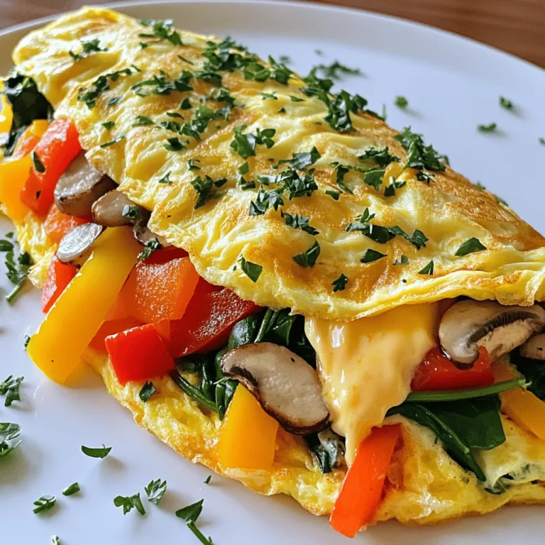To make a Loaded Veggie Omelette, gather these tasty ingredients: - 4 large eggs - 1/4 cup milk (or plant-based alternative) - 1/2 cup bell peppers, diced (mixed colors) - 1/4 cup red onion, finely chopped - 1/2 cup spinach, roughly chopped - 1/4 cup mushrooms, sliced - 1/2 cup shredded cheese (cheddar or your choice) - 1 tablespoon olive oil - Salt and pepper to taste - Fresh herbs (like parsley or chives) for garnish This mix of veggies and eggs creates a bright, colorful dish. Each bite bursts with flavor. The cheese adds creaminess, while the herbs give it a fresh touch. Feel free to adjust the veggies based on your taste. I love using seasonal produce for the best taste. You can find the full recipe [here]. Start by gathering your ingredients. In a medium bowl, whisk together 4 large eggs and 1/4 cup milk. This will make your omelette fluffy. Next, season the mixture with salt and pepper to taste. Mix well so that the flavors blend. Heat 1 tablespoon of olive oil in a large non-stick skillet over medium heat. Once hot, add 1/2 cup of diced bell peppers and 1/4 cup of finely chopped red onion. Sauté these for about 2 to 3 minutes until they soften. Now, add 1/4 cup of sliced mushrooms and 1/2 cup of roughly chopped spinach to the skillet. Cook for an additional 2 minutes until the spinach wilts down. The colors will brighten up your dish! Next, pour the egg mixture evenly over the sautéed veggies in the skillet. Reduce the heat to low. Cook the omelette for about 4 to 5 minutes, until the edges start to set. Sprinkle 1/2 cup of shredded cheese over half of the omelette. Then, carefully fold the other half over the cheese. Let it cook for another 2 minutes. The cheese will melt nicely inside. Once it's done, gently slide the omelette onto a plate. Garnish with fresh herbs, like parsley or chives, to add a pop of color and flavor. Enjoy your loaded veggie omelette! For a full recipe, check out the details above. To make a great omelette, you need the right pan. A non-stick skillet works best. It helps prevent sticking and makes flipping easier. Choose one that is 8 to 10 inches wide. This size is perfect for a two-egg omelette. Temperature management is key. Start with medium heat to cook your omelette evenly. If the heat is too high, the eggs will cook too fast. This can lead to a dry omelette. Lower the heat once you pour in the eggs. This ensures a fluffy texture. Herbs and spices can elevate your dish. Fresh parsley or chives add a nice touch. Consider adding a pinch of paprika for warmth or a dash of black pepper for a kick. These little extras can make a huge difference in taste. Cheese alternatives can also change the flavor. Cheddar is a classic choice, but feel free to mix it up. Try feta for a tangy twist or pepper jack for some heat. You can even go dairy-free with almond or cashew cheese. These options add creaminess without the dairy. Want a thicker omelette? Just use more eggs. Adjust the cooking time too. A thicker omelette needs a few extra minutes. Keep an eye on it so it cooks through without burning. If you’re cooking for more people, it’s easy to scale up. Just use more eggs and veggies. You might need a larger pan or two skillets. Cook each omelette separately for the best results. This way, everyone enjoys a hot, fresh meal. For the full recipe, check out the Loaded Veggie Omelette section. {{image_2}} You can make your Loaded Veggie Omelette even better by adding more veggies. Consider using: - Zucchini, diced small - Juicy tomatoes, chopped - Fresh kale, roughly chopped Feel free to pick seasonal vegetables too. This way, you use what’s fresh and tasty. You can switch up flavors and textures. The sky's the limit with your veggie choices. Want to add protein? You can easily mix in some cooked sausage or crispy bacon. If you prefer a plant-based option, try crumbled tofu. Also, consider using dairy-free cheese. It melts nicely and adds flavor without the dairy. Protein options make your omelette more filling and satisfying. If you enjoy global tastes, you can give your omelette an international twist. For an Italian vibe, add fresh basil, sun-dried tomatoes, and mozzarella. The mix gives a rich, savory taste. For a Mexican-style loaded omelette, use black beans, salsa, and avocado. This combo brings a fun, zesty flavor to your dish. Explore these variations to make your omelette exciting! For the complete recipe, check out the Full Recipe. To keep your loaded veggie omelette fresh, store it in the fridge. Use an airtight container. This method helps maintain taste and texture. Make sure to let the omelette cool down first. If you put hot food in the fridge, it can spoil faster. You can reheat your omelette in two ways: microwave or stovetop. If you choose the microwave, place it on a microwave-safe plate. Heat for about 30 seconds. Check if it's warm. If not, heat in 15-second bursts. For stovetop reheating, use a non-stick pan. Warm it over low heat. This method keeps the texture nice and fluffy. Cover the pan to trap heat and moisture. Yes, you can freeze a veggie omelette! First, let it cool down completely. Wrap it tightly in plastic wrap, then place it in a freezer bag. This keeps out freezer burn. To reheat, take it out of the freezer and let it thaw in the fridge overnight. You can then reheat it using the stovetop method for the best texture. Enjoy your loaded veggie omelette anytime! For the full recipe, click here. To make a loaded veggie omelette for one, you can adjust the ingredients. Use 2 large eggs and 2 tablespoons of milk. For veggies, use 1/4 cup bell peppers, 2 tablespoons red onion, 1/4 cup spinach, and 2 tablespoons mushrooms. This will give you a perfect portion. Cook it in a smaller skillet to ensure even cooking. The steps remain the same as in the full recipe. Yes, you can! If you prefer plant-based options, try using silken tofu or chickpea flour. Silken tofu can blend well to create a creamy texture. For chickpea flour, mix it with water to form a batter. Both options provide a nice flavor while keeping the dish vegan. The best cheese for omelettes is a matter of taste. Cheddar is a classic choice and melts beautifully. Feta offers a tangy flavor, while mozzarella gives a creamy texture. For a kick, try pepper jack. Each cheese adds its own unique flavor and pairs well with the veggies in your omelette. You've learned how to make a tasty veggie omelette. You know the key ingredients and steps. Remember, use fresh veggies and your favorite herbs for the best flavor. Adjust the recipe to fit your needs. Try different meats or cheeses for variety. Store leftovers properly for later enjoyment. With practice, you’ll master this dish and impress everyone. Enjoy your cooking journey!