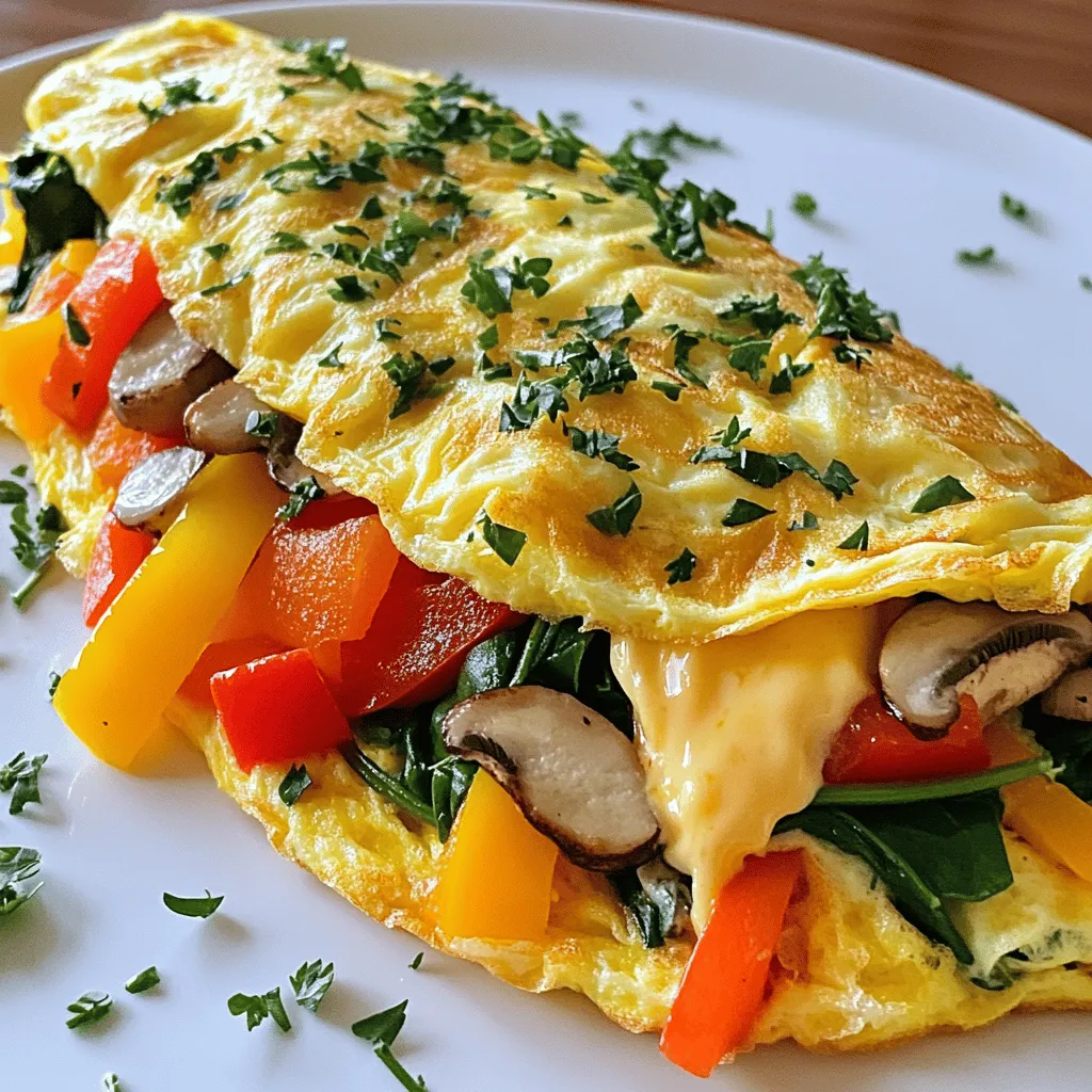 To make a Loaded Veggie Omelette, gather these tasty ingredients: - 4 large eggs - 1/4 cup milk (or plant-based alternative) - 1/2 cup bell peppers, diced (mixed colors) - 1/4 cup red onion, finely chopped - 1/2 cup spinach, roughly chopped - 1/4 cup mushrooms, sliced - 1/2 cup shredded cheese (cheddar or your choice) - 1 tablespoon olive oil - Salt and pepper to taste - Fresh herbs (like parsley or chives) for garnish This mix of veggies and eggs creates a bright, colorful dish. Each bite bursts with flavor. The cheese adds creaminess, while the herbs give it a fresh touch. Feel free to adjust the veggies based on your taste. I love using seasonal produce for the best taste. You can find the full recipe [here]. Start by gathering your ingredients. In a medium bowl, whisk together 4 large eggs and 1/4 cup milk. This will make your omelette fluffy. Next, season the mixture with salt and pepper to taste. Mix well so that the flavors blend. Heat 1 tablespoon of olive oil in a large non-stick skillet over medium heat. Once hot, add 1/2 cup of diced bell peppers and 1/4 cup of finely chopped red onion. Sauté these for about 2 to 3 minutes until they soften. Now, add 1/4 cup of sliced mushrooms and 1/2 cup of roughly chopped spinach to the skillet. Cook for an additional 2 minutes until the spinach wilts down. The colors will brighten up your dish! Next, pour the egg mixture evenly over the sautéed veggies in the skillet. Reduce the heat to low. Cook the omelette for about 4 to 5 minutes, until the edges start to set. Sprinkle 1/2 cup of shredded cheese over half of the omelette. Then, carefully fold the other half over the cheese. Let it cook for another 2 minutes. The cheese will melt nicely inside. Once it's done, gently slide the omelette onto a plate. Garnish with fresh herbs, like parsley or chives, to add a pop of color and flavor. Enjoy your loaded veggie omelette! For a full recipe, check out the details above. To make a great omelette, you need the right pan. A non-stick skillet works best. It helps prevent sticking and makes flipping easier. Choose one that is 8 to 10 inches wide. This size is perfect for a two-egg omelette. Temperature management is key. Start with medium heat to cook your omelette evenly. If the heat is too high, the eggs will cook too fast. This can lead to a dry omelette. Lower the heat once you pour in the eggs. This ensures a fluffy texture. Herbs and spices can elevate your dish. Fresh parsley or chives add a nice touch. Consider adding a pinch of paprika for warmth or a dash of black pepper for a kick. These little extras can make a huge difference in taste. Cheese alternatives can also change the flavor. Cheddar is a classic choice, but feel free to mix it up. Try feta for a tangy twist or pepper jack for some heat. You can even go dairy-free with almond or cashew cheese. These options add creaminess without the dairy. Want a thicker omelette? Just use more eggs. Adjust the cooking time too. A thicker omelette needs a few extra minutes. Keep an eye on it so it cooks through without burning. If you’re cooking for more people, it’s easy to scale up. Just use more eggs and veggies. You might need a larger pan or two skillets. Cook each omelette separately for the best results. This way, everyone enjoys a hot, fresh meal. For the full recipe, check out the Loaded Veggie Omelette section. {{image_2}} You can make your Loaded Veggie Omelette even better by adding more veggies. Consider using: - Zucchini, diced small - Juicy tomatoes, chopped - Fresh kale, roughly chopped Feel free to pick seasonal vegetables too. This way, you use what’s fresh and tasty. You can switch up flavors and textures. The sky's the limit with your veggie choices. Want to add protein? You can easily mix in some cooked sausage or crispy bacon. If you prefer a plant-based option, try crumbled tofu. Also, consider using dairy-free cheese. It melts nicely and adds flavor without the dairy. Protein options make your omelette more filling and satisfying. If you enjoy global tastes, you can give your omelette an international twist. For an Italian vibe, add fresh basil, sun-dried tomatoes, and mozzarella. The mix gives a rich, savory taste. For a Mexican-style loaded omelette, use black beans, salsa, and avocado. This combo brings a fun, zesty flavor to your dish. Explore these variations to make your omelette exciting! For the complete recipe, check out the Full Recipe. To keep your loaded veggie omelette fresh, store it in the fridge. Use an airtight container. This method helps maintain taste and texture. Make sure to let the omelette cool down first. If you put hot food in the fridge, it can spoil faster. You can reheat your omelette in two ways: microwave or stovetop. If you choose the microwave, place it on a microwave-safe plate. Heat for about 30 seconds. Check if it's warm. If not, heat in 15-second bursts. For stovetop reheating, use a non-stick pan. Warm it over low heat. This method keeps the texture nice and fluffy. Cover the pan to trap heat and moisture. Yes, you can freeze a veggie omelette! First, let it cool down completely. Wrap it tightly in plastic wrap, then place it in a freezer bag. This keeps out freezer burn. To reheat, take it out of the freezer and let it thaw in the fridge overnight. You can then reheat it using the stovetop method for the best texture. Enjoy your loaded veggie omelette anytime! For the full recipe, click here. To make a loaded veggie omelette for one, you can adjust the ingredients. Use 2 large eggs and 2 tablespoons of milk. For veggies, use 1/4 cup bell peppers, 2 tablespoons red onion, 1/4 cup spinach, and 2 tablespoons mushrooms. This will give you a perfect portion. Cook it in a smaller skillet to ensure even cooking. The steps remain the same as in the full recipe. Yes, you can! If you prefer plant-based options, try using silken tofu or chickpea flour. Silken tofu can blend well to create a creamy texture. For chickpea flour, mix it with water to form a batter. Both options provide a nice flavor while keeping the dish vegan. The best cheese for omelettes is a matter of taste. Cheddar is a classic choice and melts beautifully. Feta offers a tangy flavor, while mozzarella gives a creamy texture. For a kick, try pepper jack. Each cheese adds its own unique flavor and pairs well with the veggies in your omelette. You've learned how to make a tasty veggie omelette. You know the key ingredients and steps. Remember, use fresh veggies and your favorite herbs for the best flavor. Adjust the recipe to fit your needs. Try different meats or cheeses for variety. Store leftovers properly for later enjoyment. With practice, you’ll master this dish and impress everyone. Enjoy your cooking journey!