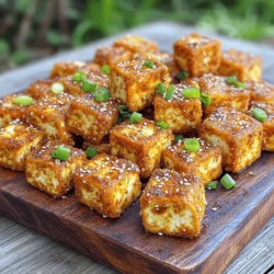 - 14 oz firm tofu, pressed and drained - 3 tablespoons cornstarch - 2 tablespoons soy sauce - 1 tablespoon sesame oil - 1 tablespoon garlic powder - 1 tablespoon onion powder - 1 teaspoon smoked paprika - 1 teaspoon black pepper - Salt, to taste The main ingredient is firm tofu. It gives the best texture for this dish. Pressing and draining the tofu removes excess water. This step is key for achieving crispiness. Cornstarch is the secret to that crunchy, golden crust. The seasonings pack a punch. Soy sauce adds umami flavor. Sesame oil brings a nutty aroma. Garlic and onion powders give depth. Smoked paprika adds a nice warmth. Black pepper finishes off the flavor profile. - Chopped green onions - Sesame seeds Garnishes make a dish look and taste better. Chopped green onions add freshness and color. Sesame seeds bring a nice crunch and visual appeal. - Steamed rice - Dipping sauces (e.g., soy sauce, spicy mayo) Serving this crispy tofu with steamed rice is a great choice. It balances flavors and textures. Dipping sauces also enhance the meal. Soy sauce adds saltiness, while spicy mayo brings heat. For the full recipe, check the reference above. First, you need to press and drain the tofu. This step helps remove excess water. Wrap the tofu in a clean kitchen towel. Place something heavy on top, like a skillet. Let it sit for 15-30 minutes. Next, cut the tofu into cubes. Aim for bite-sized pieces, about 1 inch wide. This size helps them cook evenly and get crispy. Now, it's time to mix the marinade ingredients. In a bowl, whisk together: - 2 tablespoons soy sauce - 1 tablespoon sesame oil - 1 tablespoon garlic powder - 1 tablespoon onion powder - 1 teaspoon smoked paprika - 1 teaspoon black pepper Once mixed, pour this marinade over the tofu cubes. Toss gently to coat each piece well. Let the tofu marinate for about 15 minutes. This allows the flavors to sink in. Preheat your oven to 400°F (200°C). This is the perfect temperature for crispy tofu. Line a baking sheet with parchment paper. This keeps the tofu from sticking. Spread the marinated tofu cubes in a single layer on the baking sheet. Make sure they are not crowded. This helps them bake evenly. Bake in the preheated oven for 25-30 minutes. Flip the tofu cubes halfway through. This ensures all sides get golden and crispy. Once baked, take them out and let them cool for a few minutes. Sprinkle with salt, chopped green onions, and sesame seeds before serving. For the full recipe, check the instructions above. To get that crunchy texture, cornstarch is key. It helps absorb moisture, making the tofu crispy. Here’s how to maximize crispiness: - Coat Well: After marinating, toss your tofu in cornstarch. Make sure each piece is covered. - Space It Out: Spread the tofu on your baking sheet without crowding. This allows hot air to circulate. For the best flavor, let the tofu marinate. I suggest a minimum of 15 minutes. This allows the flavors to soak in well. You can also try different marinades. Here are a few ideas: - Teriyaki Sauce: For a sweet and savory taste. - Spicy Marinade: Add some sriracha for heat. Presentation matters! Serve the crispy tofu on a fun platter. You can garnish it for extra flair. Here are some ideas: - Green Onions: Sprinkle chopped green onions on top. - Sesame Seeds: Add sesame seeds for crunch. Pair with a side of steamed rice or your favorite dipping sauce for a great meal. For the full recipe, check out the details above. {{image_2}} You can easily change the taste of your crispy tofu. Adding spices can make a big difference. Try chili powder for heat or turmeric for color and flavor. Both bring unique tastes to your dish. You can also use different marinades. Teriyaki adds sweetness, while barbecue gives a smoky flavor. Just mix and match to find your favorite! If you need a gluten-free option, use tamari instead of soy sauce. It tastes great and keeps the dish safe for those with gluten issues. This recipe is also vegan, so it fits many diets. You can enjoy delicious flavor without any animal products! You can serve crispy tofu in many ways. Try it in a bowl meal with your favorite vegetables. This adds color and nutrition to your plate. Another fun option is making tacos or wraps. Just fill a tortilla with crispy tofu and your choice of toppings. This makes a great casual meal that everyone will love! For the complete recipe, check out the [Full Recipe]. To store leftover crispy tofu, let it cool down first. Place it in an airtight container. This keeps the tofu fresh for about 3-4 days in the fridge. If you want to keep it crunchy, use a container with a paper towel at the bottom. The towel absorbs any moisture. To reheat your tofu, the oven works best. Preheat it to 375°F (190°C). Spread the tofu on a baking sheet. Bake for about 10-15 minutes. This method helps keep it crispy. If you use a microwave, the tofu may turn soft. If you choose this method, heat in short bursts of 30 seconds, checking often. Freezing tofu is easy. Cut it into your desired shape before freezing. Place it in a freezer-safe bag. Remove as much air as possible. Tofu can stay frozen for up to 3 months. When you want to use it, take it out and thaw in the fridge overnight. Once thawed, reheat it in the oven for the best texture. Enjoy your crispy tofu anytime! For the full recipe, check the link provided. To get tofu crispy, start with firm tofu. Press it to remove extra water. This step is key. Next, coat the tofu cubes in cornstarch. The cornstarch creates a crunchy layer. - Press and drain the tofu. - Cut into bite-sized cubes. - Toss cubes in cornstarch before baking. - Bake at 400°F (200°C) for 25-30 minutes. Make sure to flip the tofu halfway through baking. This ensures even crispiness. A well-coated, spaced-out arrangement on the baking sheet is crucial too. Yes, you can use other types of tofu. But keep in mind the texture. Firm tofu is best for crispiness. Soft or silken tofu is too delicate. It will not hold its shape while baking. - Firm tofu has a dense texture. - Soft tofu is creamy and fragile. - Choose firm tofu for baking. If you want a softer texture, try pan-frying softer tofu instead. Crispy tofu pairs well with many dishes. You can serve it over steamed rice. It also goes well in salads and grain bowls. - Pair with steamed vegetables. - Serve with dipping sauces like soy sauce or spicy mayo. - Add it to stir-fries for extra protein. Feel free to experiment with your favorite sides to make a complete meal. For more ideas, check the Full Recipe. Mastering crispy tofu starts with the right ingredients and techniques. You learned how to prepare, marinate, and bake tofu for the best texture. I shared tips for achieving crispiness and creative ways to serve your dish. Experiment with flavors and don’t shy away from garnishes. Whether you enjoy it in a bowl or in tacos, crispy tofu is versatile. Store leftovers carefully, and don't forget how to reheat without losing that crunch. Enjoy your culinary adventure with this tasty ingredient!