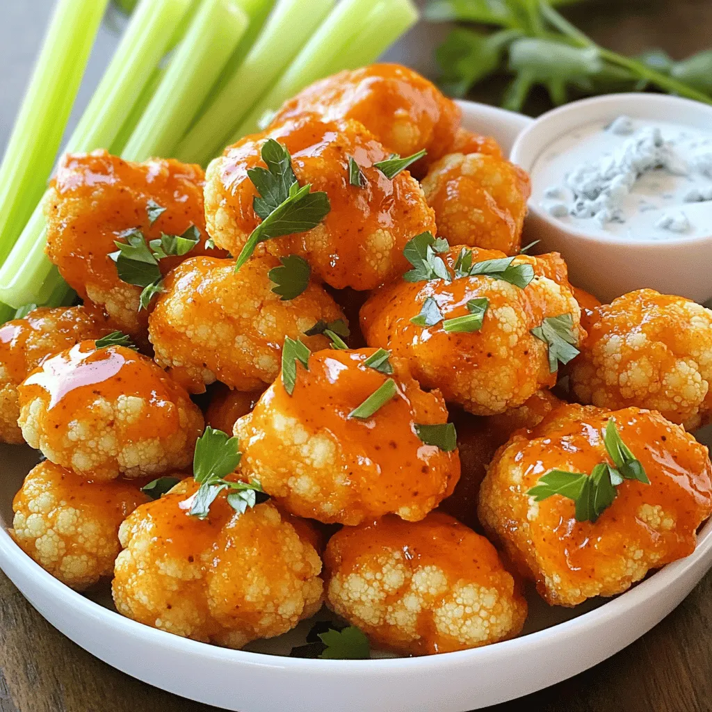 - 1 large head of cauliflower, cut into bite-sized florets - 1 cup all-purpose flour - 1 cup buffalo sauce Buffalo Cauliflower Bites start with fresh cauliflower. The large head of cauliflower gives the best crunch. Cut it into bite-sized florets for easy eating. The all-purpose flour creates a tasty batter that sticks well. The buffalo sauce adds heat and flavor, making these bites addictive. - 1 teaspoon garlic powder - 1 teaspoon onion powder - ½ teaspoon smoked paprika Seasoning is key for flavor. Garlic powder brings a strong taste. Onion powder adds sweetness. Smoked paprika gives a slight smokiness that enhances the dish. Mix these into the batter for a full flavor punch. - Celery sticks - Dipping options: blue cheese or ranch dressing These bites shine when served with crunchy celery sticks. Celery cools down the heat from the buffalo sauce. You can also offer blue cheese or ranch dressing for dipping. These flavors complement the spicy bites perfectly. For the full recipe, check out the complete instructions. 1. First, preheat your oven to 450°F (230°C). This helps the bites get crispy. 2. Line a baking sheet with parchment paper. This keeps the bites from sticking. 3. Next, cut the large head of cauliflower into bite-sized florets. Make sure they are even in size for even cooking. 1. In a large bowl, whisk together 1 cup of all-purpose flour, 1 cup of water, and the spices: 1 teaspoon garlic powder, 1 teaspoon onion powder, ½ teaspoon smoked paprika, ½ teaspoon salt, and ¼ teaspoon black pepper. 2. Mix until smooth and well combined. This batter will coat the florets evenly. 1. Dip each cauliflower floret into the batter. Allow any excess to drip off. 2. Place them in a single layer on the prepared baking sheet. 3. Bake the florets for 20 minutes. Flip them halfway through for even browning. 4. While they bake, combine 1 cup of buffalo sauce and 2 tablespoons of olive oil in a large bowl. 5. When the cauliflower is golden brown and crispy, remove it from the oven. 6. Transfer the hot bites directly into the bowl with the buffalo sauce. 7. Toss gently to coat all the florets evenly in the sauce. 8. Return the sauced cauliflower to the baking sheet. Bake for an additional 10 minutes for extra crispiness. 9. Finally, remove them from the oven and garnish with chopped fresh parsley. Serve hot with celery sticks and your choice of blue cheese or ranch dressing on the side. For the full recipe, check out the detailed instructions above. Enjoy your delicious Buffalo Cauliflower Bites! To make your Buffalo Cauliflower Bites extra crispy, there are a few secrets I use. First, I let the batter sit for a few minutes. This helps it thicken a bit, which clings better to the cauliflower. Second, I bake them at a high temperature, around 450°F (230°C). This creates a nice crunch. Flipping the bites halfway through baking is key. It helps them cook evenly on both sides and ensures they brown nicely. You can choose between store-bought or homemade buffalo sauce. Store-bought sauces save time and are widely available. They also come in various heat levels. If you want to make your own, combine hot sauce with melted butter and a bit of vinegar. Homemade sauce allows for more control over the flavor and heat. You can spice it up or tone it down to fit your taste. Garnishing adds a fun touch to your dish. Fresh parsley is a bright, tasty option. It gives your bites a pop of color and flavor. You can also serve them with celery sticks for a crunchy contrast. For dips, blue cheese or ranch dressing is a classic choice. Both add creaminess to balance the spicy flavor. To make it special, arrange the bites on a platter with the dips in the center. This makes for a fun and inviting presentation. For the full recipe, check the earlier sections. {{image_2}} You can easily change the flavor of your Buffalo Cauliflower Bites. Try using different spices and seasonings. For a spicy kick, add cayenne pepper or chili powder. If you prefer a smoky taste, smoked paprika works great. You can also experiment with ranch seasoning for a herbal twist. Each seasoning creates a unique flavor, keeping your bites fresh and fun. If you want a healthier option, consider baking instead of frying. Baking gives you that crispy texture without added fat. You can still achieve great flavor by using a light coating of buffalo sauce. If you choose to fry, use an air fryer. It uses hot air to cook food, giving you crispiness without much oil. This way, you enjoy the taste while keeping it light. Buffalo Cauliflower Bites are not just for snacking. You can turn them into a meal! Add them to a bowl with rice and veggies for a tasty lunch. They also work well in salads. Toss them with greens, avocado, and your favorite dressing. This adds crunch and spice to your salad. The bites make any dish more exciting! For the complete recipe, check out the Full Recipe section. To keep your Buffalo Cauliflower Bites fresh, use airtight containers. I recommend glass or BPA-free plastic. Make sure to let them cool before sealing. This helps prevent sogginess. Store them in the fridge for up to three days. If you follow this, they'll taste almost as good as fresh! The oven is the best way to reheat these bites. Preheat it to 350°F (175°C). Place the bites on a baking sheet and heat for about 10-15 minutes. This method helps keep them crispy. The microwave works too, but they may not stay crispy. Heat for 1-2 minutes, checking often. You can freeze your Buffalo Cauliflower Bites for later use. First, let them cool completely. Then, arrange them in a single layer on a baking sheet. Freeze for about 1-2 hours. Once frozen, transfer them to a freezer bag. They can last up to three months in the freezer. To use, thaw them in the fridge overnight before reheating. This keeps them tasty and ready to enjoy! You can serve Buffalo Cauliflower Bites at many occasions. They make a great snack for game day or movie night. You can also serve them at parties or as an appetizer. Pair them with celery sticks for crunch and freshness. They go well with blue cheese or ranch dressing for dipping. You can also add a side salad for a light meal. Yes, you can easily make these bites gluten-free. Instead of all-purpose flour, use gluten-free flour blends. Almond flour or chickpea flour works well too. You can also use cornstarch mixed with water for a crispy batter. These options keep the bites tasty and enjoyable for everyone. Buffalo Cauliflower Bites are perfect for meal prep. You can make a large batch and store them in the fridge. Just let them cool before placing them in an airtight container. When you want to eat them, reheating in the oven keeps them crispy. For quick meals, you can also microwave them, but they may lose some crunch. Enjoy these bites throughout the week! Buffalo Cauliflower Bites are tasty, easy, and fun to make. We covered the main ingredients, batter tips, and how to bake them perfectly. You now know how to serve and store these bites. Play with flavors or make them healthier. Enjoy as snacks or meal prep. You can impress your friends and family with these delicious bites. Get cooking and enjoy the tasty crunch!
