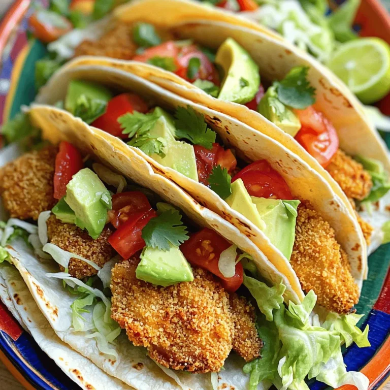 - 1 lb boneless, skinless chicken thighs, diced - 1 teaspoon chili powder - 1 teaspoon cumin - 1 teaspoon garlic powder - 1 teaspoon onion powder - ½ teaspoon paprika - Salt and pepper to taste - 1 cup buttermilk - 1 cup all-purpose flour - 1 cup breadcrumbs (preferably panko for extra crunch) - Vegetable oil (for frying) - 8 small corn tortillas - 1 cup shredded lettuce - 1 cup diced tomatoes - ½ cup chopped cilantro - 1 avocado, sliced - Lime wedges for serving When making crispy chicken tacos, I love using chicken thighs. They are juicy and tender. The spices give the chicken a great kick. The buttermilk is key for marinating. It makes the chicken super tender and flavorful. For the tortillas, I prefer small corn ones. They hold the filling well and add a nice texture. - Use a kitchen scale for precise chicken weight. - Use measuring spoons for the spices to keep them balanced. - I recommend using high-quality buttermilk for the best taste. - Panko breadcrumbs give a crunchier texture than regular ones. Make sure you measure all ingredients carefully. This helps in getting the perfect taste. When preparing the chicken, remember to let it marinate well. A good marinate time is at least 30 minutes. This not only adds flavor but also ensures a juicy bite. Start by making the buttermilk marinade. Mix 1 cup of buttermilk in a bowl. Add diced chicken thighs and coat them well. Cover the bowl and place it in the fridge for at least 30 minutes. This step makes the chicken tender and juicy. Next, prepare the spice mix. In another bowl, combine: - 1 teaspoon chili powder - 1 teaspoon cumin - 1 teaspoon garlic powder - 1 teaspoon onion powder - ½ teaspoon paprika - Salt and pepper to taste After marinating, remove the chicken. Let the excess buttermilk drip off. Toss the chicken in the spice mix until each piece is well coated. This adds great flavor. Now, we’ll coat the chicken. Dredge it in flour, shaking off the extra. Dip it back into the buttermilk, and then coat it in breadcrumbs. I recommend panko breadcrumbs for an extra crunch. Heat vegetable oil in a large skillet over medium-high heat. You want the oil to shimmer but not smoke. This means it’s ready for frying. Carefully place the coated chicken pieces in the hot oil. Fry them in batches if needed. Cook for about 4-5 minutes on each side. You want the chicken to turn golden brown and be cooked through. Use a slotted spoon to remove the chicken and place it on a paper towel-lined plate. This drains any extra oil. Warm the corn tortillas in a separate skillet over medium heat. Heat them for about 30 seconds on each side. This makes them soft and easy to fold. Now it’s time to assemble the tacos. Start by layering crispy chicken pieces in each tortilla. Add shredded lettuce, diced tomatoes, chopped cilantro, and sliced avocado. Finally, squeeze fresh lime juice over the top. This adds a burst of flavor. For a nice touch, serve the tacos on a colorful platter with lime wedges and a small bowl of your favorite salsa on the side. Enjoy your crispy chicken tacos! To get the best crispiness in your chicken tacos, use panko breadcrumbs. They add extra crunch. You can also mix in some crushed cornflakes for fun texture. The oil you fry in matters too. Use vegetable oil for high heat. It helps the chicken cook evenly. Avoid sogginess by making sure to coat the chicken well. Shake off any extra flour and breadcrumbs. Let the coated chicken rest for a few minutes before frying. This helps the coating stick better during cooking. To boost flavor, consider adding a pinch of cayenne pepper to the spice mix for heat. You can also sprinkle some smoked paprika for a smoky taste. Fresh herbs, like cilantro, add freshness. Pair your tacos with salsas. A fresh pico de gallo adds brightness. A creamy avocado salsa enriches each bite. You can also use a spicy chipotle sauce for a kick. These flavors will take your crispy chicken tacos to another level. For the full recipe, check out the Crunchy Fiesta Chicken Tacos. {{image_2}} You can use many cuts of chicken for crispy tacos. Chicken breasts work well, but thighs stay moist. If you want a twist, try turkey or pork. These meats can also be coated and fried. For a vegetarian option, consider using cauliflower or chickpeas. Both can soak up flavors and get crispy. Spice up your tacos with new tastes. Add jalapeños for heat or mango for sweetness. You can also mix in lime juice for tang. Regional flavors shine in tacos. In Mexico, add chipotle for a smoky taste. In Korea, try gochujang for a spicy kick. Each variation brings a fun twist to your meal. To keep your crispy chicken fresh, store leftovers in an airtight container. Place a paper towel inside to absorb moisture. This helps maintain crispiness. Store in the fridge for up to three days. When you’re ready to eat, reheat the chicken in a hot skillet. This helps restore its crunchy texture. Avoid using the microwave, as it can make the chicken soggy. If you want to freeze your tacos, wrap each one tightly in foil or plastic wrap. Place them in a freezer bag for extra protection. They can stay frozen for up to three months. When it's time to eat, take them out and thaw overnight in the fridge. Reheat them in a skillet on medium heat, flipping them for even warmth. This will keep the tacos crispy and delicious. For the full recipe, check out the Crunchy Fiesta Chicken Tacos section. You can prep your tacos ahead of time. Marinate the chicken in buttermilk the night before. This keeps the chicken juicy. Coat the chicken with spices and breading when ready to cook. Store the breaded chicken in the fridge. Fry it fresh just before serving. Warm the tortillas in advance, too. This way, you keep all the flavors and textures. You can use plain yogurt or milk with vinegar. Mix one cup of milk with one tablespoon of vinegar. Let it sit for five minutes. This creates a similar tangy flavor. You could also use sour cream mixed with water. These options keep your chicken tasty and moist. Yes, you can bake the chicken! Preheat your oven to 400°F. Place the breaded chicken on a baking sheet. Spray lightly with cooking oil to help it crisp. Bake for about 20 minutes. Flip halfway through for even cooking. This method is healthier and still gives great taste. Crispy chicken tacos are a delight. You learned about key ingredients like chicken thighs and spices, plus preparation tips for perfect results. The marinating and frying steps ensure golden chicken, while assembly tips help balance flavors. With tricks for maximum crispiness and variations for different tastes, you can create your own style. Remember to store leftovers correctly and explore freezing options. Enjoy your crispy tacos as they bring joy to any meal!
