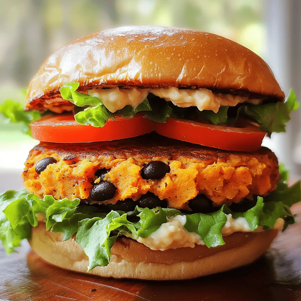 - 1 large sweet potato (about 1 cup mashed) - 1 can (15 oz) black beans, drained and rinsed - 1/2 cup breadcrumbs (whole wheat or gluten-free) - 1/4 cup diced red onion - 2 cloves garlic, minced These main ingredients build the base of the sweet potato black bean burger. The sweet potato adds natural sweetness and creaminess. Black beans provide protein and fiber. Breadcrumbs help hold the mixture together. Red onion adds crunch and flavor, while garlic gives a savory kick. - 1 teaspoon ground cumin - 1/2 teaspoon chili powder - 1/2 teaspoon smoked paprika - Salt and pepper to taste Seasonings bring the burger to life. Ground cumin adds warmth and earthiness. Chili powder lends a bit of heat. Smoked paprika gives a touch of smokiness that enhances the overall flavor. Salt and pepper balance all the tastes. - Lettuce - Tomato slices - Avocado - Burger sauces Toppings can elevate your burger experience. Fresh lettuce adds crunch. Tomato slices bring juiciness. Avocado provides creaminess and healthy fats. Adding your favorite burger sauces can make each bite even more delicious. For the full recipe, check out the [Full Recipe]. To start, preheat your oven to 400°F (200°C). This temperature helps the sweet potato cook evenly. Grab a large sweet potato and pierce it with a fork. This step lets steam escape while it bakes. Place the sweet potato on a baking sheet and bake for about 45 minutes. You want it to be very tender. Once done, let it cool a bit. Then, peel off the skin and mash it in a bowl. In a large mixing bowl, combine the mashed sweet potato and one can of black beans. Drain and rinse the black beans first. Use a fork or a potato masher to mix them together. You should mash the black beans just enough to mix them in, but leave some whole for texture. Next, stir in the breadcrumbs, diced red onion, minced garlic, ground cumin, chili powder, smoked paprika, salt, and pepper. Mix until everything is well combined. If the mix feels too wet, add more breadcrumbs until it's moldable. Now it's time to shape your burgers! Divide the mixture into 4-6 equal portions. Form each portion into a patty about 1/2 inch thick. This will help them cook evenly. Heat some olive oil in a large skillet over medium heat. Once the oil is hot, add the patties. Cook them for 5-7 minutes on each side. You want them to turn golden brown and crispy. Enjoy the great smell while they cook! To get the best texture for your burgers, you need to adjust the breadcrumbs. If the mix feels too wet, add more breadcrumbs. Start with 1/2 cup and add slowly until it holds together well. This helps your patties stay firm while cooking. Mashing the black beans is also key. I like to mash them just a bit. This way, you keep some texture while mixing. It gives the burgers a nice bite and helps everything blend well. For even cooking, set your heat to medium. If it’s too high, the outside will burn before the inside cooks. A steady medium heat allows the burgers to cook through and get crispy. Always use fresh ingredients. Fresh garlic and onions add a punch of flavor. Fresh sweet potatoes also make a big difference. They enhance the taste and make your burgers more enjoyable. When you assemble the burgers, start with a toasted bun or lettuce wrap. Then, add the patty, and pile on your favorite toppings. Lettuce, tomato slices, and avocado work great. You can even add a dollop of yogurt or mayo for extra creaminess. Pair these burgers with a fresh salad or some sweet potato fries. This makes a delicious meal that everyone will love. For the full recipe, check out [Full Recipe]. {{image_2}} You can easily change up the base of your burger. Instead of black beans, try pinto beans or chickpeas for a different taste. You can also add vegetables like diced bell peppers or zucchini to boost nutrition. If you need a gluten-free option, use gluten-free breadcrumbs. For a vegan take, skip the eggs and stick to the plant-based ingredients. Want some heat? Add cayenne pepper or crushed red pepper flakes to your mix. You can also try using fresh herbs like cilantro or parsley for a refreshing twist. Mixing in a bit of lime juice gives your burgers a bright flavor. Each addition lets you personalize your meal to fit your taste. Think beyond lettuce and tomato. Try adding grilled pineapple for a sweet touch or jalapeños for a spicy kick. A dollop of guacamole or salsa can elevate the flavor too. Explore regional toppings like kimchi for a Korean twist or tzatziki for a Mediterranean flair. These combinations will make your burgers exciting and unique. For the full recipe, check out the details above! To store leftover sweet potato black bean burgers, place them in an airtight container. Make sure they cool down first. Refrigerate them right away. They will stay fresh for about three to four days. If you want to keep them longer, consider freezing them. For freezing, wrap each burger in plastic wrap. Then, place them in a freezer bag or container. This helps prevent freezer burn. These burgers can last up to three months in the freezer. When you are ready to eat, take them out and let them thaw in the fridge overnight. You have a few options for reheating. If you use a microwave, place one burger on a microwave-safe plate. Heat for one to two minutes. This method is quick but may not keep them crispy. For a stovetop method, heat a skillet over medium heat. Add a little oil and cook each side for about three to four minutes. This keeps the outside crispy. For an oven method, preheat your oven to 375°F (190°C). Place the burgers on a baking sheet and heat for about ten minutes. This gives them a nice crisp texture while warming them through. Enjoy your burgers just as you made them! For the full recipe, visit the [Full Recipe]. You can use several options if you need a breadcrumb substitute. Here are some good choices: - Crushed cornflakes - Oats (ground to a flour) - Almond flour - Ground flaxseed - Chickpea flour These options are great for gluten-free diets. They help bind the burger while adding flavor. You can adjust the texture by adding more or less of these substitutes. Sweet potato black bean burgers can last about 3 to 5 days in the fridge. Keep them in an airtight container for the best results. Check for signs of spoilage before eating. If you see mold or a strange smell, it’s best to throw them out. Yes, grilling is a great option for sweet potato black bean burgers! Here are some tips for grilling: - Preheat your grill to medium heat. - Use a grill basket or foil to prevent sticking. - Cook the burgers for about 4-5 minutes on each side. - Check for doneness by ensuring they are hot throughout. Grilling adds a nice smoky flavor. Enjoy the charred edges that make these burgers even tastier! For the complete preparation steps, check the Full Recipe. Sweet potato black bean burgers are simple to make and delicious. You need sweet potatoes, black beans, and spices. Don’t forget toppings that can elevate your meal. Follow the step-by-step guide to prep, mix, and cook. Use tips for the perfect texture and flavor. Consider variations and storage ideas to enjoy your burgers longer. Experimenting lets you find unique combinations you’ll love. I hope you find joy in this healthy recipe! Enjoy cooking!
