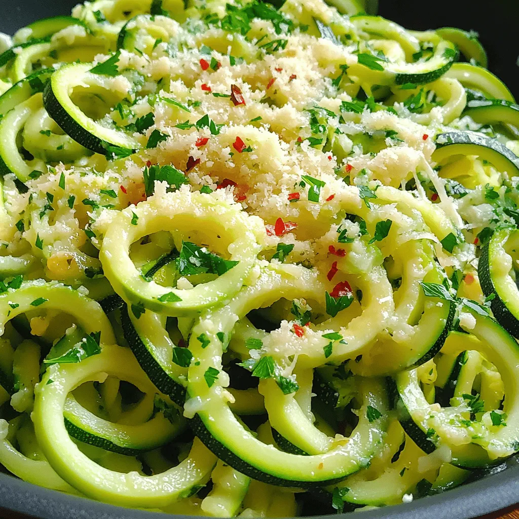 To make Garlic Parmesan Zoodles, you need a few fresh and simple ingredients. Here’s what you’ll need: - 4 medium zucchini, spiralized into zoodles - 3 tablespoons olive oil - 4 cloves garlic, minced - 1/2 teaspoon red pepper flakes (optional) - 1/2 cup grated Parmesan cheese - Salt and pepper to taste - 2 tablespoons fresh parsley, chopped (for garnish) These ingredients come together to create a dish that bursts with flavor while being healthy. The zucchini serves as a great low-carb alternative to pasta. The garlic adds a wonderful aroma, and the Parmesan cheese brings creaminess. The red pepper flakes, if you choose to add them, give a slight kick that balances the flavors beautifully. And don’t forget the fresh parsley; it brightens the dish and adds color. For a detailed guide on how to prepare this dish, check the Full Recipe. With these ingredients, you can create a delightful meal that’s quick and easy to make! Spiralizing the zucchini To start, grab your zucchini. Use a spiralizer or a julienne peeler. Create long, noodle-like strands. Aim for about four medium zucchinis. Set the zoodles aside once done. Sautéing garlic Next, take a large skillet and heat three tablespoons of olive oil. Place it over medium heat. When the oil gets hot, add four minced garlic cloves. Sauté for about 30 seconds. Watch closely so it doesn’t burn. You want it fragrant but not dark. Cooking the zoodles Now, add the zoodles to your skillet. If you like heat, sprinkle in a half teaspoon of red pepper flakes. Toss the zoodles to coat them in the garlic oil. Cook for about three to four minutes. Stir occasionally, so they stay tender but crunchy. Adding red pepper flakes If you chose to use them, the red pepper flakes add a nice kick. They give the dish a bit of warmth. Mix them in right after adding the zoodles to the skillet. Incorporating Parmesan cheese Remove the skillet from heat. Add half a cup of grated Parmesan cheese. Toss the zoodles until they are evenly coated. The cheese will melt and stick to the zoodles nicely. Seasoning with salt and pepper Taste your zoodles. Add salt and pepper to your liking. This step is key for balancing all the flavors. Adjust as needed for your taste buds. Garnishing with parsley To make it look fresh, chop two tablespoons of parsley. Sprinkle this on top of your zoodles. It adds a pop of color and brightness. Plating options You can serve the zoodles in a bowl or on a plate. Consider adding a drizzle of olive oil for shine. Pair it with grilled chicken or shrimp for a full meal. Enjoy your Garlic Parmesan Zoodles hot! For the full recipe, check out the earlier section. To make perfect zoodles, you must avoid sogginess. Start with fresh zucchini. Choose firm ones without soft spots. Spiralize them right before you cook for the best texture. If you cut them too early, they can release water and become mushy. For cooking time, aim for 3-4 minutes. This keeps them tender yet crunchy. Stir them gently to avoid breaking the strands. Adding herbs and spices can elevate your zoodles. Fresh basil or oregano pairs well with garlic. For a kick, try adding red pepper flakes. You can also mix in lemon zest for brightness. If you're looking for cheese alternatives, try nutritional yeast for a vegan option. You can also use Pecorino Romano for a sharper flavor. A good spiralizer is key to making zoodles. I recommend a handheld spiralizer or a countertop model. Both work well and are easy to clean. Other useful kitchen gadgets include a sharp knife for prepping vegetables and a large skillet for cooking. A good set of measuring spoons helps you get the right amounts for the recipe. Don’t forget to check out the Full Recipe for all the steps to make this dish! {{image_2}} You can swap zucchini for other veggies. Try using carrots or sweet potatoes. They also spiralize well. You can make zoodles from cucumbers too. Each option adds a new flavor. For cheese, Parmesan is classic, but feel free to experiment. Try pecorino or nutritional yeast for a unique twist. These options can change the dish’s taste. If you're on a low-carb plan, zoodles fit right in. They are a great pasta substitute. You can enjoy a tasty meal without the carbs. For vegan or dairy-free dishes, skip the cheese. Use nutritional yeast for a cheesy flavor. You can also add creamy avocado for richness. This keeps the dish delicious and plant-based. Garlic Parmesan zoodles pair well with proteins. Try grilled chicken or shrimp for a filling meal. These proteins add great taste and texture. You can also serve zoodles as a side dish. They go well with steaks or fish. This adds color and nutrition to your plate. For more ideas, check out the Full Recipe for the perfect Garlic Parmesan Zoodles! After you make Garlic Parmesan Zoodles, store them in the fridge. Use an airtight container. This keeps the zoodles fresh for about three days. If you want to freeze them, do so right after cooking. Place zoodles in a freezer bag, remove excess air, and seal tightly. They last up to three months in the freezer. However, freezing may change their texture. When it's time to enjoy your leftovers, I recommend reheating them in a skillet. Add a splash of olive oil over medium heat. Stir gently for about two to three minutes. This method helps keep the zoodles crunchy. You can also use the microwave, but be careful not to overheat. Heat in short bursts of 30 seconds, stirring in between. This way, the zoodles stay tender without getting mushy. Garlic Parmesan Zoodles last about three days in the fridge. After this, they may lose flavor and texture. Signs of spoilage include a sour smell and a slimy texture. If you see these signs, it’s best to discard them. Always trust your senses when it comes to food safety. Zoodles are noodles made from zucchini. They are a great low-carb option for pasta lovers. Zoodles are light and refreshing, offering a great way to enjoy veggies. You get added nutrients like vitamins A and C. They are also very hydrating, which is perfect for a healthy meal. You can cook them quickly, making them a fast choice for dinner. Plus, they soak up flavors well, especially when paired with garlic and Parmesan. Yes, you can meal prep Garlic Parmesan Zoodles! Start by spiralizing your zucchini and storing it in the fridge. Keep it in an airtight container to maintain freshness. Cooked zoodles can last for about three days. You can also prepare the sauce ahead of time. Just mix the garlic, olive oil, and cheese separately. When ready to eat, toss everything together in a pan for a quick meal. This makes it easy to enjoy a healthy dish all week long. You don’t need a spiralizer to make zoodles. You can use a simple vegetable peeler or a julienne peeler. Just peel the zucchini into long strips, creating thin noodles. A box grater works too; shred the zucchini into noodle-like pieces. Another option is to slice the zucchini thinly and stack the slices, then cut them into strips. These methods give you tasty zoodles without needing special tools. Garlic Parmesan Zoodles pair well with many dishes. You can serve them with grilled chicken or shrimp for protein. A side salad adds freshness and crunch. Want more flavor? Try adding sun-dried tomatoes or olives. For a heartier meal, serve them with marinara sauce or pesto. You can even enjoy zoodles as a side dish with steak or fish. The options are endless! For the full recipe, check the details above. In this post, we explored how to make tasty Garlic Parmesan Zoodles. From ingredient lists to step-by-step instructions, you learned how to spiralize zucchini, sauté garlic, and mix in the flavors. We also shared tips to perfect your zoodles and variations to keep it fun and fresh. Remember, you can store leftovers and enjoy zoodles again later. Cooking should be easy and enjoyable. I hope you feel ready to try this dish yourself!