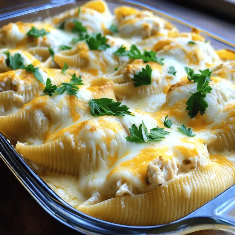 - 20 jumbo pasta shells - 2 cups cooked chicken, shredded - 1 cup ricotta cheese - 1 cup mozzarella cheese, shredded - 1/2 cup grated Parmesan cheese - 2 cups Alfredo sauce (store-bought or homemade) - 1 teaspoon garlic powder - 1 teaspoon Italian seasoning - Salt and pepper to taste - Fresh parsley, chopped (for garnish) To make this dish easy, I suggest you measure carefully. For the chicken, you can use rotisserie chicken. It saves time and adds great flavor. If you prefer a lighter option, swap ricotta with cottage cheese. It works well too! For the cheeses, you can use any blend you like. Just keep the total amount the same. Want to kick it up a notch? Try adding spinach or cooked broccoli to the filling. It adds color and nutrients. You can also mix in some sun-dried tomatoes for a touch of sweetness. If you love spice, consider adding red pepper flakes to the Alfredo sauce. This will give your dish a nice kick. First, you need to cook the jumbo pasta shells. Boil a large pot of water. Add salt to help flavor the pasta. Cook the shells according to the package directions until they are al dente. This usually takes about 8 to 10 minutes. After cooking, drain the shells and set them aside to cool. You want them firm enough to hold the filling. In a large mixing bowl, combine the following ingredients: - 2 cups cooked chicken, shredded - 1 cup ricotta cheese - 1 cup mozzarella cheese, shredded - 1/2 cup grated Parmesan cheese - 1 teaspoon garlic powder - 1 teaspoon Italian seasoning - Salt and pepper to taste Mix these well until they form a creamy filling. Make sure the chicken is well combined with the cheeses and spices. This mixture gives the shells a rich, savory taste. Now, it’s time to put everything together. Start by preheating the oven to 375°F (190°C). Spread a thin layer of Alfredo sauce on the bottom of a 9x13 inch baking dish. This helps prevent sticking. Carefully stuff each pasta shell with the chicken mixture. Place each stuffed shell in the dish, open side up. Once all the shells are in, pour the remaining Alfredo sauce over them. Sprinkle the rest of the mozzarella cheese on top. Cover the dish with aluminum foil and bake for 25 minutes. Then, remove the foil and bake for another 10 minutes until the cheese is bubbly and golden. Let it cool for a few minutes, then garnish with fresh parsley. For the full recipe, check the earlier section. To cook jumbo pasta shells, start with a large pot of salted water. This adds flavor to the shells. Bring the water to a boil before adding the shells. Cook them until they are al dente, which means they still have a bit of bite. This helps prevent them from falling apart when you stuff them. Drain the shells and let them cool slightly. You can toss them with a little olive oil to keep them from sticking together. A great Alfredo sauce makes all the difference. If you use store-bought sauce, look for one with simple ingredients. For homemade sauce, melt butter in a pan. Add heavy cream and let it simmer gently. Stir in grated Parmesan cheese until it melts. Season with salt and pepper. For extra flavor, you can add garlic or Italian herbs. This gives the sauce a rich, creamy texture that blends well with the stuffed shells. When stuffing the shells, use a spoon or a piping bag for neatness. Fill each shell generously but don’t overstuff. If you overstuff, the filling may spill out during baking. Place the stuffed shells in your baking dish open side up. This helps the sauce soak in and keeps the shells moist. Drizzle Alfredo sauce over the filled shells before baking. This keeps them creamy and prevents them from drying out. For a golden top, add extra cheese before baking. For the full recipe, check the details above! {{image_2}} I love making vegetarian versions of Chicken Alfredo Stuffed Shells. You can swap out chicken for veggies. Try using spinach, mushrooms, or zucchini. These veggies blend well with the creamy sauce. You can also add beans for protein. This change keeps the dish filling and tasty. If you want to change the protein, try cooked shrimp or crab. These seafood options bring a new flavor. You can also use turkey or beef if you prefer. Just make sure the meat is cooked and shredded. This keeps the stuffed shells easy to fill. Cheese is key in this recipe. You can mix it up with different types. Try using goat cheese or feta for a tangy taste. Cream cheese can add extra creaminess too. Each cheese option gives a fresh twist to the dish. Feel free to experiment with your favorites! For the full recipe, check out the details above. After your meal, store any leftover stuffed shells in an airtight container. Place a layer of plastic wrap directly over the shells for extra freshness. Store them in the fridge, where they will last for up to three days. When you are ready to eat them, you can simply reheat. To freeze stuffed shells, first let them cool. Then, place them in a single layer on a baking sheet. Freeze for about two hours. Once frozen, transfer the shells to a freezer-safe container or bag. They can stay in the freezer for up to three months. Just remember to write the date on the bag. When you want to enjoy your stuffed shells again, there are a few ways to reheat them. For the oven method, preheat your oven to 350°F (175°C). Place the shells in a baking dish and cover them with foil. Heat for about 20 minutes or until hot. If using a microwave, place a few shells on a microwave-safe plate. Heat for 2-3 minutes, checking often to avoid overcooking. Yes, you can use store-bought Alfredo sauce. It saves time and still tastes great. Look for a creamy brand to match your stuffed shells. If you want, try adding garlic or herbs to boost the flavor. This way, you can make it your own. To make this recipe gluten-free, use gluten-free jumbo pasta shells. Many brands offer these shells. Also, check the label on your Alfredo sauce to ensure it is gluten-free. You can even make your own sauce with gluten-free ingredients. This gives you full control over what goes in your dish. Several sides go well with Chicken Alfredo Stuffed Shells. Here are a few tasty options: - Garlic bread - Steamed broccoli - Caesar salad - Roasted vegetables - Fresh green salad These sides add color and balance to your meal. They also make your dinner more satisfying. Enjoy trying different combinations! This blog post detailed how to make Chicken Alfredo Stuffed Shells. We covered the ingredients, measurements, and flavors you can add. Then, I walked you through each step, from prepping the shells to assembling the dish. I shared best practices for cooking shells and making a creamy sauce. We also explored variations, storage tips, and frequently asked questions. Now, you can create a tasty dish that's easy to customize. Enjoy cooking and impressing your friends and family with your skills!