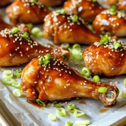 - 10 chicken drumsticks - 1/2 cup soy sauce - 1/4 cup honey - 1/4 cup rice vinegar - 2 tablespoons sesame oil - 3 cloves garlic, minced - 1 inch ginger, grated - 1 tablespoon cornstarch (optional for thickening) - 1 tablespoon sesame seeds (for garnish) - 2 green onions, sliced (for garnish) You can swap honey for maple syrup or agave. If you want less salt, use low-sodium soy sauce. For ginger, fresh is best, but you can use powdered if needed. Choose high-quality chicken for the best flavor. Look for drumsticks that are fresh and have a nice pink color. Fresh garlic and ginger make a big difference in taste. Using real, fresh ingredients in your teriyaki sauce enhances the dish's overall flavor. 1. Preheat your oven to 400°F (200°C). This ensures even cooking. 2. Line a baking sheet with parchment paper. This helps with easy cleanup. 3. In a medium bowl, whisk together the soy sauce, honey, rice vinegar, sesame oil, minced garlic, and grated ginger. Mix until smooth. 4. If you want a thicker sauce, dissolve the cornstarch in a teaspoon of cold water. Add it to the sauce mix and whisk until smooth. - Marinate the chicken drumsticks for at least 30 minutes. For more flavor, go up to 2 hours. - Use a large resealable bag or bowl for marinating. Pour half the teriyaki sauce over the drumsticks. Seal or cover and refrigerate. - Make sure the chicken is well-coated in the sauce for maximum flavor. - Bake the drumsticks for 35 to 40 minutes. Check that they reach an internal temperature of 165°F (75°C). - To get crispy skin, turn on the broiler for 2 to 3 minutes at the end. Watch closely to avoid burning. - Once cooked, remove the drumsticks and let them rest for a few minutes. This helps keep them juicy. - Garnish with sesame seeds and sliced green onions before serving. Enjoy your flavorful dish! For the full recipe, refer to the above. To boost the flavor of your teriyaki chicken drumsticks, think about adding spices. Try a pinch of red pepper flakes for heat. You can also add a splash of lime juice for zest. Both will make your dish pop! Pair your chicken with simple side dishes. Steamed broccoli or fluffy rice go well with teriyaki. A fresh salad can also add great crunch and color. These sides help balance the sweet and savory flavors of the chicken. Use a sturdy baking sheet lined with parchment for easy clean-up. This helps the chicken cook evenly. A wire rack placed on the baking sheet can help the heat circulate around the chicken. For marinating, a large resealable plastic bag works great. It keeps the chicken covered in sauce well. A basting brush is also essential for applying more sauce while baking. One mistake to avoid is over-marinating your chicken. Too long in the sauce can make it mushy. Aim for a marinade time of 30 minutes to 2 hours. Another mistake is not checking the internal temperature. Always use a meat thermometer. Chicken should reach 165°F (75°C) to be safe and juicy. A quick check can save your meal! For the full recipe, check out the recipe section above. {{image_2}} You can swap chicken drumsticks for thighs or wings. Chicken thighs stay juicy and tender. Wings offer a fun, bite-sized option. Both will soak up the teriyaki flavor well. If you want a vegetarian twist, try tofu or veggies. Firm tofu absorbs the sauce nicely. Mushrooms or bell peppers add a meaty texture. Just marinate them in the same teriyaki sauce for great taste. You can choose between sweet or savory teriyaki sauces. Sweet sauces use more honey or brown sugar. Savory sauces add garlic and ginger for a stronger taste. Want a kick? Add sriracha to your sauce. It gives the dish a spicy edge that pairs well with the sweet teriyaki. Adjust the heat level to suit your taste. Serving baked teriyaki chicken drumsticks is fun and creative. Pair them with rice or noodles for a complete meal. You can serve the drumsticks on a bed of stir-fried veggies too. For garnish, sprinkle sesame seeds and sliced green onions on top. This adds color and crunch. Try adding a side of pickled veggies for a tangy contrast. You can find the full recipe to help you start cooking! To keep your baked teriyaki chicken drumsticks fresh, store them in the fridge. Place the drumsticks in an airtight container. They will stay good for up to four days. If you want to keep them longer, freezing is a great option. Wrap each drumstick tightly in plastic wrap and place them in a freezer bag. Squeeze out any extra air before sealing. You can freeze them for up to three months. You can reheat your drumsticks in two ways: using the microwave or the oven. If you use the microwave, place them on a plate and cover with a damp paper towel. Heat for one to two minutes. This helps keep the chicken moist. For the oven, preheat it to 350°F (175°C). Place the drumsticks on a baking sheet and heat for about 15 minutes. This method makes the skin crispy again, which is a nice touch. In the fridge, baked teriyaki chicken drumsticks last around four days. After that, they may not taste as good. Always check for signs of spoilage. If the drumsticks smell off or have a slimy texture, it’s best to throw them away. Keeping food safe is important for health. Enjoy your meal with peace of mind! To check if the chicken drumsticks are done, use a meat thermometer. The safe internal temperature for chicken is 165°F (75°C). Insert the thermometer into the thickest part of the drumstick without touching the bone. Look for these visual cues: - The juices should run clear, not pink. - The skin should be golden brown and crisp. - The meat should pull away from the bone easily. Yes, you can make teriyaki sauce at home. Here’s a simple recipe: - 1/2 cup soy sauce - 1/4 cup honey - 1/4 cup rice vinegar - 2 tablespoons sesame oil - 3 cloves garlic, minced - 1 inch ginger, grated Mix all these ingredients in a bowl for a fresh sauce. Homemade teriyaki sauce is fresher and has no preservatives. Store-bought sauces often have added sugars and sodium. Yes, you can prepare this recipe ahead of time. Marinating the chicken in advance enhances the flavor. For meal prep: - Marinate the chicken for at least 30 minutes. - You can marinate it overnight for richer taste. Store it in the fridge in a sealed bag or container. It will save time and make dinner easier. You now have a solid recipe for teriyaki chicken drumsticks. We covered key ingredients, prep steps, and baking tips. You learned about ingredient quality, substitutions, and even variations. Storing leftovers and reheating are also simple now. With everything we discussed, you can confidently make this dish. Don't hesitate to experiment with flavors or try new variations. Enjoy the cooking process and share your results with friends and family. Happy cooking!
