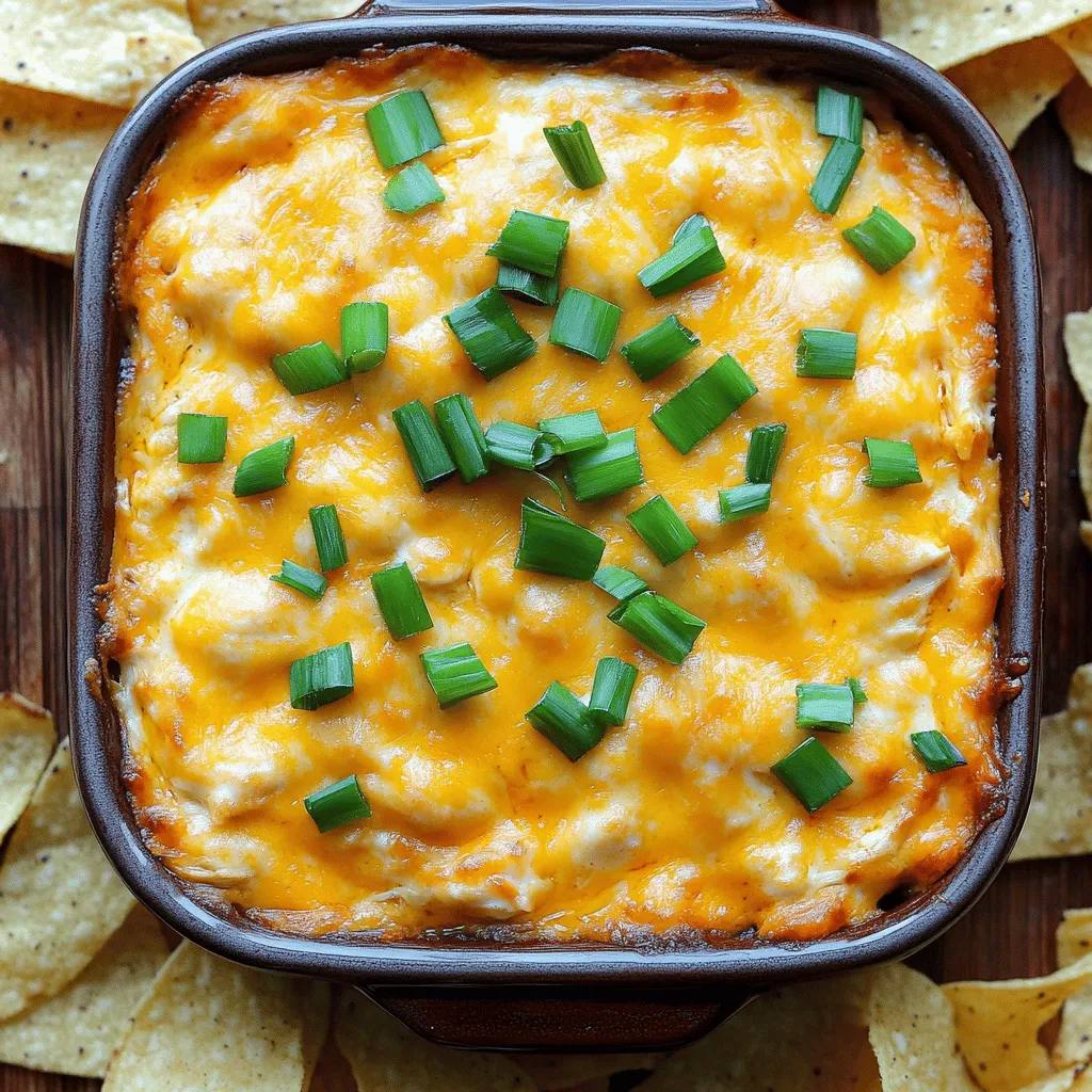 To make a great Buffalo Chicken Dip, you need these main ingredients: - 2 cups cooked chicken, shredded - 8 oz cream cheese, softened - 1/2 cup sour cream - 1/2 cup ranch dressing - 1/2 cup buffalo sauce These ingredients work together to create a creamy and spicy dip. The chicken adds protein, while the cream cheese and sour cream give it a rich texture. Ranch dressing balances the heat of the buffalo sauce. You can enhance your dip with these optional ingredients: - 1 cup shredded cheddar cheese - 1/4 cup green onions, chopped (for garnish) - Tortilla chips or celery sticks for serving Adding cheddar cheese boosts flavor and makes the dip even more cheesy. Green onions give a fresh crunch and bright color. Serve with tortilla chips or celery sticks for a fun way to enjoy this tasty dip. For the full recipe, check the detailed instructions. - Preheat the oven to 350°F (175°C). - Grab a large mixing bowl and a baking dish. Start by setting your oven. This helps the dip cook evenly. Next, get your mixing bowl ready. You want enough space for all the ingredients. Also, have your baking dish nearby for easy transfer. - Combine the cream cheese, sour cream, ranch dressing, and buffalo sauce. In the mixing bowl, add the cream cheese. Make sure it’s softened for easy mixing. Then, pour in the sour cream. Next, add the ranch dressing and buffalo sauce. Mix everything until it’s smooth. - Add chicken and cheese, then mix and transfer to the dish. Now, fold in the shredded chicken. This adds protein and flavor. After that, add half of the shredded cheddar cheese. Gently mix until combined. This keeps the dip creamy and rich. - Top with the remaining cheese and bake. Scoop the mixture into your baking dish. Spread it evenly. Sprinkle the rest of the cheddar cheese on top. This creates a delicious, cheesy crust. Bake for 20-25 minutes. Look for a bubbly and golden top. Once it’s done, let it cool for a few minutes. Garnish with chopped green onions before serving. Enjoy it warm with tortilla chips or celery sticks. Remember, you can find the Full Recipe above for all the details. To get the best texture for your dip, start with the cream cheese. Make sure it is very soft. You can leave it out at room temperature for about 30 minutes. This helps it mix better. If you forget to do this, you can microwave it for about 10 seconds. Just don’t let it melt! For shredding chicken, use cooked chicken breast or thighs. You can use a fork to shred it by pulling apart the meat. If you want to save time, you can buy rotisserie chicken. It is already cooked and easy to shred. Buffalo sauce gives the dip its kick, but you can adjust it. If you want less heat, use less buffalo sauce. If you crave more spice, add a bit more. Taste as you go to find what you like best. You can also try adding other flavors. A bit of garlic powder or onion powder boosts the taste. For a twist, add a splash of lemon juice or some diced jalapeños. These small additions can make your dip even more exciting! For the complete recipe, check out the [Full Recipe]. {{image_2}} You can easily change some ingredients in Buffalo Chicken Dip. If you don't have ranch dressing, try blue cheese dressing. It adds a bold flavor that pairs well with the buffalo sauce. You can also mix in a bit of lemon juice for a fresh twist. If you want a healthier option, swap sour cream for Greek yogurt. It gives a nice creaminess and adds protein. This way, you keep the texture while making a lighter dip. When hosting different groups, think about gluten-free options. Use gluten-free ranch dressing and check your buffalo sauce. Most of these sauces are gluten-free, but always read labels. Serve the dip with gluten-free chips or fresh veggies. For a vegetarian version, replace chicken with shredded jackfruit or chickpeas. They soak up the buffalo sauce well and add a nice texture. Combine this with the same creamy base, and you have a tasty dip everyone will love. Store leftover Buffalo chicken dip in an airtight container. This keeps it fresh. Make sure the dip cools first. You can refrigerate it for up to 3 days. If you want it to last longer, you can freeze it. Just be aware that freezing may change the texture a bit. To reheat your dip, the oven is best. Preheat it to 350°F (175°C). Place the dip in a baking dish. Cover it with foil to keep moisture in. Heat for about 20 minutes. If you want a quicker method, use the microwave. Heat in short bursts, stirring in between. This helps it warm evenly. To keep the dip creamy, add a splash of sour cream or ranch when reheating. This will bring back some of its original texture. Enjoy your tasty snack! Can I make Buffalo Chicken Dip in advance? Yes, you can make Buffalo Chicken Dip ahead of time. Prepare the dip and store it in the fridge. Cover it tightly. When you're ready to serve, bake it from the fridge. This makes it easy for parties or gatherings. What is the best way to serve Buffalo Chicken Dip? Serve Buffalo Chicken Dip warm for the best taste. Use tortilla chips or celery sticks for dipping. You can also add a side of extra buffalo sauce for those who like it spicy. Is Buffalo Chicken Dip healthy? Buffalo Chicken Dip is not the healthiest option, but it can fit into a balanced diet. It has protein from chicken, but it also contains cream cheese and ranch dressing, which can be high in fat. Enjoy it in moderation. Nutritional information per serving - Calories: 250 - Protein: 12g - Fat: 20g - Carbohydrates: 6g - Fiber: 1g Pairing suggestions with beverages Buffalo Chicken Dip pairs well with cold drinks. Try it with beer or sparkling water. For a non-alcoholic option, serve it with lemonade or iced tea. These drinks complement the dip’s spicy flavor. Ideal occasions for serving Buffalo Chicken Dip Buffalo Chicken Dip is perfect for game days, parties, or family gatherings. It’s a crowd-pleaser, easy to make, and fun to share. Bring it to potlucks or any casual get-together. Everyone will love it! Buffalo chicken dip is a crowd-pleaser. You learned about its main ingredients, like chicken and cream cheese. I showed you how to cook it step-by-step and add your own twists. You can store leftovers and even reheat them well. This dip fits many diets with simple swaps. Enjoy this tasty dish for any event or casual snack. It’s easy to make and fun to share. Dive into your next gathering with this flavorful treat!