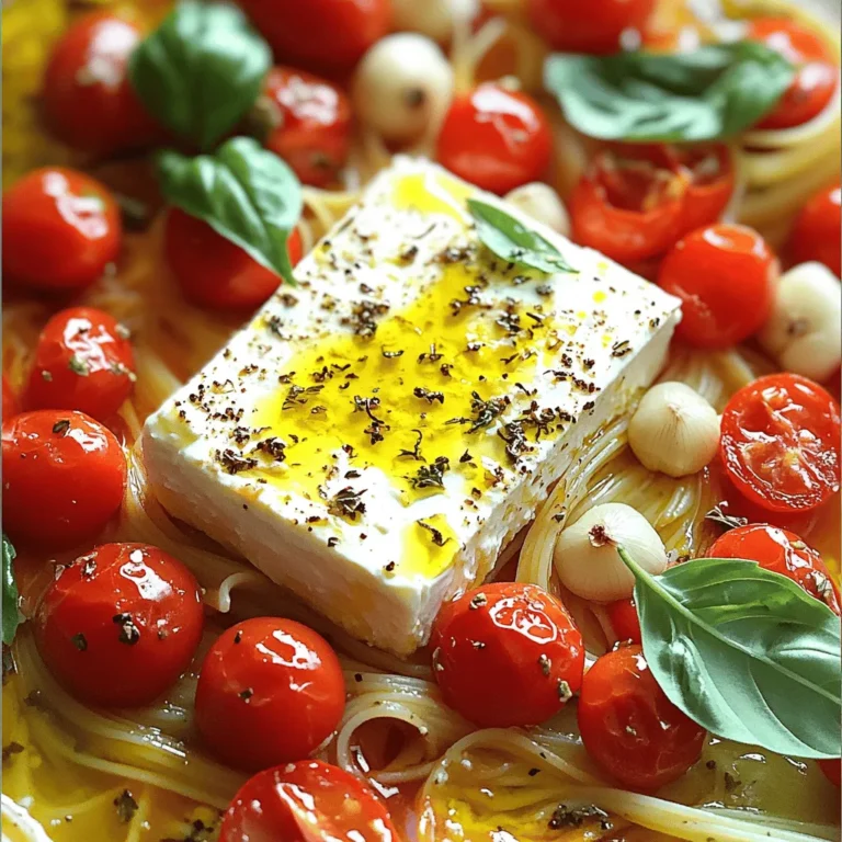 - Block of feta cheese (200g) - Cherry tomatoes (300g) - Pasta (300g, penne or fusilli) - Whole garlic cloves (4) - Olive oil (1/4 cup) - Dried oregano (1 teaspoon) - Salt and pepper - Fresh basil leaves (for garnish) - Red pepper flakes (1/4 teaspoon, optional) I love this recipe for its simple yet bold flavors. The star is the feta cheese. It adds creaminess and a salty kick. The cherry tomatoes burst in the oven and add sweetness. You can use any pasta you like, but penne or fusilli work best. Whole garlic cloves give a nice, mellow taste. The olive oil makes everything rich and smooth. Dried oregano brings a hint of earthiness. Don't forget the salt and pepper. They enhance every bite. Fresh basil leaves add a bright finish. If you like heat, add red pepper flakes. They give a nice zing. You can find the full recipe above. Gather your ingredients, and let’s make this dish shine! Set your oven to 400°F (200°C). This temperature helps the feta melt perfectly. Grab a baking dish and place the block of feta cheese in the center. It should be nice and snug. Next, surround the feta with cherry tomatoes and whole garlic cloves. This mix will create a rich flavor. Now, arrange the tomatoes and garlic around the feta. Drizzle olive oil over the entire dish. This oil adds moisture and taste. Sprinkle dried oregano, salt, and pepper evenly. If you like a bit of heat, add red pepper flakes too. Bake this in the oven for about 30 minutes. The feta should be soft and slightly golden while the tomatoes burst with juice. While the feta and tomatoes bake, it’s time to cook the pasta. Follow the package instructions to cook your pasta until it is al dente. This means it should be firm to the bite. Drain the pasta and set it aside. Make sure not to overcook it, as it will cook more when mixed with the hot feta. When the feta and tomatoes are done, take them out of the oven. Use a fork to mash the baked feta and mix it with the tomatoes and garlic. This will create a creamy sauce. Next, add the drained pasta to the baking dish. Toss everything together until well combined. Serve your dish hot and garnish with fresh basil leaves for a bright finish. Enjoy your Baked Feta Pasta Delight! For the full recipe, check [Full Recipe]. To get the best feta texture, use a block of feta cheese, not crumbled. The block melts well and adds creaminess. Bake it until it is golden and soft. This gives you a rich sauce. Enhance flavors by adding fresh herbs like basil or thyme. Fresh herbs brighten the dish and add depth. A good baking dish is key. I recommend using a 9x13 inch glass or ceramic dish. These materials heat evenly and show off the colors of the dish. For easy prep, a large mixing bowl and a wooden spoon work great. They let you mix the pasta and sauce without a mess. One common mistake is overcooking the pasta. Follow package instructions to keep it al dente. This keeps the pasta firm and helps it hold sauce. Another mistake is uneven seasoning. Make sure to sprinkle salt, pepper, and herbs evenly. This helps every bite taste great. For the full recipe, check out the detailed steps above. {{image_2}} You can change the cheese! Try goat cheese or ricotta instead of feta. They add a creamy taste. You can also swap out the cherry tomatoes for veggies like spinach or bell peppers. These add color and flavor to your dish. If you need a gluten-free meal, use gluten-free pasta. It cooks just like regular pasta. For a vegan option, replace feta with tofu or nutritional yeast. Both will help you keep that creamy texture without using dairy. Want to spice things up? Add Italian seasoning or lemon zest for a fresh kick. You can also mix in proteins like chicken or shrimp. This makes the dish more filling and tasty. Enjoy exploring these fun variations! For the full recipe, check out the details in the Baked Feta Pasta Delight section. To store your baked feta pasta, let it cool first. Then, put it in an airtight container. You can keep it in the refrigerator for up to three days. If you want to store it longer, consider freezing it. For freezing, portion it into smaller containers. Make sure to leave space at the top for expansion. You can freeze it for up to three months for best quality. When it's time to eat your leftovers, reheating is easy. The best way is to use the oven. Preheat your oven to 350°F (175°C). Place the pasta in an oven-safe dish. Cover it with foil to keep moisture in. Heat for about 15-20 minutes, or until warm. You can also use a microwave, but the oven keeps the taste and texture better. If using a microwave, heat in short bursts. Stir it every minute for even warmth. Enjoy your meal just like the first time! You can store Baked Feta Pasta in the fridge for up to three days. Keep it in an airtight container. When you want to eat it again, just reheat it gently. Be careful not to overheat, as this can make it dry. Yes, you can use other cheeses. Goat cheese or ricotta can work well. Each cheese will give a different taste. Experiment to find your favorite. Just remember that the melting point and flavor may change. This recipe is great for meal prep! You can make a big batch and divide it. Store portions in the fridge for easy lunches or dinners. Just reheat them when you are ready to eat. Baked Feta Pasta pairs well with a fresh salad or garlic bread. You can also serve it with roasted vegetables. These sides add more color and flavor to your meal. Yes, you can make this dish vegan. Substitute feta with firm tofu or a vegan cheese. You can also use nutritional yeast for a cheesy flavor. Adjust the recipe to fit your taste while keeping it plant-based. For the full recipe, check out the earlier section! This blog post gives you a simple, tasty baked feta pasta recipe. You learned about the key ingredients and their roles in bringing flavor to the dish. I showed you how to bake the feta and tomatoes, then combine them with pasta. You discovered helpful tips to perfect your dish and avoid common mistakes. Think about trying variations for your next meal, too! With easy storage and reheating tips, you can enjoy this dish whenever you want. Happy cooking!