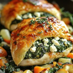 - 4 boneless, skinless chicken breasts - 1 cup fresh spinach, chopped - 1/2 cup feta cheese, crumbled - 1/4 cup cream cheese, softened - 2 cloves garlic, minced - 1/2 teaspoon dried oregano - 1/2 teaspoon black pepper - 1/4 teaspoon salt - 2 tablespoons olive oil - 1 tablespoon lemon juice - Toothpicks or kitchen twine Each ingredient in this recipe plays a key role. Chicken is a great source of protein, helping you feel full. Spinach brings iron and vitamins like A and C. Feta cheese adds flavor and calcium. Cream cheese gives richness and creaminess to the filling. Garlic offers health benefits and a tasty kick. Oregano and pepper enhance the flavors, while olive oil provides healthy fats. Lemon juice adds brightness and freshness to the dish. You can easily swap some ingredients. Use goat cheese instead of feta for a tangy twist. If you don’t have spinach, try kale or Swiss chard. For a lower-fat option, use Greek yogurt instead of cream cheese. Chicken thighs can replace chicken breasts for more flavor. If you prefer not to use toothpicks, you can tie the chicken with kitchen twine. These swaps keep the dish tasty while catering to your needs. You can find the Full Recipe for detailed cooking instructions. Start by gathering your ingredients. You will need chicken breasts, spinach, feta, and a few spices. Make sure to chop the spinach and mince the garlic. This will save time later. Prepare your oven by preheating it to 375°F (190°C). 1. Mix the Filling: In a bowl, combine chopped spinach, crumbled feta, cream cheese, minced garlic, oregano, pepper, and salt. Stir well until it is mixed. 2. Prepare the Chicken: Place your chicken breasts on a cutting board. Use a sharp knife to cut a pocket into each chicken breast. Be careful not to cut all the way through. 3. Stuff the Chicken: Take some of your filling and stuff it into the chicken pockets. Use toothpicks or kitchen twine to close the openings. 4. Sear the Chicken: Heat olive oil in a skillet over medium heat. Add the stuffed chicken breasts. Cook for about 3-4 minutes on each side until golden brown. 5. Bake the Chicken: Squeeze lemon juice over the chicken. Then, place the skillet in your preheated oven. Bake for 20-25 minutes or until the chicken reaches 165°F (74°C). 6. Finish Up: After baking, carefully remove the toothpicks or twine before serving. - Make sure to chop the spinach finely. This helps it mix well with the other ingredients. - Don't rush the searing step. Browning adds flavor. - Use a meat thermometer to check for doneness. This ensures your chicken stays juicy. - For a nice touch, serve your chicken on a bed of sautéed vegetables. This adds color and flavor to your plate. For the full recipe, check out the details above. Enjoy your cooking! To make the stuffing just right, use fresh spinach. Chop it finely for even mixing. Crumble the feta cheese well. Mix all the stuffing ingredients together until they blend smoothly. This way, each bite has a balanced flavor. Don’t overstuff the chicken. If you pack it too tight, the filling may spill out during cooking. Aim for about 1/4 of the mixture in each pocket. One big mistake is slicing the chicken too deep. You want to create a pocket, not cut it in half. Another mistake is not securing the openings. Use toothpicks or kitchen twine to keep the stuffing inside. If you skip this step, the filling will leak out. Also, avoid skipping the searing step. This adds flavor and helps seal in the juices. Searing is key to a tasty dish. Heat your olive oil in a large skillet on medium heat. When the oil shimmers, add the stuffed chicken. Sear each side for 3-4 minutes until golden brown. This step locks in moisture and creates a delightful crust. Once seared, drizzle lemon juice over the chicken for extra flavor. Then transfer the skillet to the oven for perfect cooking. Always check the internal temperature. It should reach 165°F (74°C) for safe eating. {{image_2}} You can add different flavors to your spinach feta stuffed chicken. Try mixing in sun-dried tomatoes for a burst of sweetness. You can also add chopped artichokes for a tangy twist. Want a spicy kick? Add some red pepper flakes to the filling. These small changes can make a big difference. If you want to switch proteins, turkey or pork can work well. Turkey breasts offer a lean option that pairs nicely with spinach and feta. Pork tenderloin is another tasty choice. Just remember to adjust cooking times, as these meats may cook differently than chicken. You can make a vegetarian version too! Replace chicken with large portobello mushrooms. They hold the filling perfectly and add a rich flavor. Another option is to use zucchini boats. Slice zucchini in half, scoop out the insides, and stuff them with the spinach and feta mix. Both options are tasty and healthy. For the full recipe, check out the Spinach Feta Stuffed Chicken section above. After enjoying your Spinach Feta Stuffed Chicken, let it cool down. Place the leftover chicken in an airtight container. This helps keep it fresh. Store it in the fridge for up to three days. Make sure to seal it well to prevent moisture loss. When you’re ready to eat your leftovers, preheat your oven to 350°F (175°C). Place the chicken in an oven-safe dish. Cover it with foil to keep it moist. Heat for about 15-20 minutes, or until it warms through. You can also use a microwave. Heat on medium for 2-3 minutes, checking often. If you want to save your stuffed chicken longer, freezing is a great option. Wrap each chicken breast tightly in plastic wrap. Then, place them in a freezer bag. Label the bag with the date. You can freeze the chicken for up to three months. To cook from frozen, thaw it in the fridge overnight before reheating. For a detailed guide, check out the Full Recipe. I love serving this chicken with roasted vegetables. Carrots, zucchini, and bell peppers create a colorful plate. You can also try garlic mashed potatoes for a creamy comfort. A light salad with lemon vinaigrette adds freshness. Quinoa or rice pairs well, too. These sides balance the rich filling and make a full meal. Yes! You can prep the chicken the night before. Just stuff the chicken breasts and store them in the fridge. Cover them tightly with plastic wrap or a container to keep them fresh. When ready to cook, take them out and let them sit at room temperature for 15 minutes. This helps them cook evenly. To check if chicken is cooked, use a meat thermometer. Insert it into the thickest part of the chicken. The temperature should reach 165°F (74°C). If you don’t have a thermometer, cut into the chicken. The juices should run clear, not pink. Cooked chicken should be firm, not rubbery. Enjoy your meal knowing it's perfectly done! This blog post outlined the key ingredients and their benefits for Spinach Feta Stuffed Chicken. It provided step-by-step cooking instructions and tips to avoid common mistakes. Variations offered new flavor twists and even vegetarian options. Lastly, I shared how to store leftovers and how to reheat them safely. Remember, cooking is fun and always a chance to learn. Keep experimenting, and you'll enjoy every bite. Happy cooking!