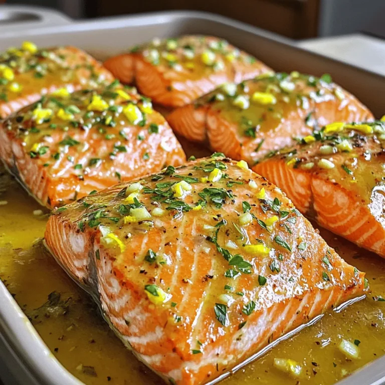 - 4 salmon fillets (6 oz each) - 3 cloves garlic, minced - 1 large lemon (zested and juiced) - 4 tablespoons olive oil - 2 teaspoons fresh thyme (or 1 teaspoon dried) - 1 teaspoon salt - ½ teaspoon black pepper - Fresh parsley for garnish (optional) - Baking dish - Mixing bowl - Measuring spoons Making Lemon Garlic Roasted Salmon is simple if you have the right ingredients. First, you need fresh salmon fillets. Salmon is rich in omega-3 fatty acids and very tasty. Fresh garlic will give the dish a strong flavor. The lemon adds bright, zesty notes that balance the fish nicely. Olive oil will help cook the salmon and keep it moist. For seasoning, fresh thyme adds a nice herbal touch. Salt and black pepper enhance all the flavors. You can use fresh parsley as a garnish. It makes the dish look pretty and adds freshness. Gather your kitchen tools, too. You need a baking dish to roast the salmon, a mixing bowl for the marinade, and measuring spoons to get the right amounts of each ingredient. With these items, you're ready to make a meal that's both delicious and easy to prepare. Enjoy cooking! To start, gather your ingredients. In a bowl, I mix together minced garlic, lemon zest, lemon juice, olive oil, fresh thyme, salt, and pepper. This mix is your marinade. It adds strong and fresh flavors to the salmon. Make sure to stir it well so everything blends nicely. Next, take your salmon fillets and place them skin-side down in a baking dish. I pour the marinade over each fillet, ensuring they are fully coated. Let the salmon marinate for 15 minutes. This step is key. It allows the salmon to soak in those zesty flavors. Now, it’s time to cook! Preheat your oven to 400°F (200°C). Once hot, place the baking dish in the oven. Roast the salmon for 12-15 minutes. It should flake easily with a fork when done. For a crispy top, I recommend broiling the salmon for 2-3 minutes at the end. This gives it a lovely texture. Enjoy your delicious Lemon Garlic Roasted Salmon! When picking salmon, you can choose fresh or frozen. Fresh salmon has a bright color and smells like the sea. It should feel firm and moist. Frozen salmon can be a great option, too. It often comes flash-frozen right after catching. Look for wild-caught salmon if you can. It tends to taste better and is more sustainable. Marinating salmon is key to a tasty dish. I suggest marinating for at least 15 minutes. This lets the flavors soak in well. If you have time, marinate for up to an hour for even more flavor. Use a glass or ceramic dish for marinating. Avoid metal, as it can change the taste. To check if your salmon is done, look for the color. It should be opaque and easily flake with a fork. Use a meat thermometer if you have one. Aim for a temperature of 145°F (63°C). Avoid overcooking, as salmon can dry out quickly. If you see white albumin forming on the surface, your salmon is close to being overcooked. {{image_2}} You can make your meal even better by adding vegetables. Roasting veggies adds color and taste. Try these ideas: - Asparagus: It pairs well with salmon. Roast it for about 10 minutes. - Cherry tomatoes: These add sweetness. Toss them around the salmon while cooking. - Zucchini: Slice it into rounds. Add it to the dish for a tender bite. - Bell peppers: Their crunch and flavor brighten the plate. Slice and mix them in. You can switch up the flavors with herbs and spices. Here are some fun ideas: - Dill: This herb brings a fresh taste. Use it instead of thyme. - Paprika: It adds a nice, smoky flavor. Sprinkle some on before roasting. - Oregano: This herb can give the dish a Mediterranean twist. - Cumin: It offers a warm, earthy flavor. Use it for a unique touch. You don’t have to roast the salmon every time. Here are some other ways to cook it: - Grilling: This method gives the fish a nice char. Cook it for 6-8 minutes per side. - Pan-searing: This creates a crispy skin. Sear the fillets for 3-4 minutes on each side. - Baking: A gentler method, baking keeps the salmon moist. Set your oven to 375°F (190°C) and bake for 15-20 minutes. Feel free to explore these variations. They can make your Lemon Garlic Roasted Salmon even more delicious! For the full recipe and detailed instructions, visit [Full Recipe]. To keep your Lemon Garlic Roasted Salmon fresh, wrap it well. Use plastic wrap or foil. You can also place it in an airtight container. This helps keep moisture and flavor locked in. Store the salmon in the fridge. It stays fresh for up to three days. If you want to keep it longer, freeze it. Wrap each fillet tightly in plastic wrap and then in foil. This prevents freezer burn. When reheating salmon, you want to keep it moist. The best way is to use the oven. Preheat your oven to 275°F (135°C). Place the salmon on a baking sheet and cover it with foil. Heat for about 15 minutes. Check if it's warm enough. You can also use the microwave. Place the salmon on a microwave-safe plate. Cover it with a damp paper towel. Heat in short bursts of 30 seconds until warm. This keeps it from drying out. In the fridge, Lemon Garlic Roasted Salmon lasts up to three days. In the freezer, it can last for up to three months. For the best taste, eat it within one month. After that, the flavor and texture may change. Always check for signs of spoilage before eating leftovers. If it smells off or looks discolored, it's best to throw it away. You can tell when salmon is done by looking for a few signs. First, the salmon should change color to a light pink. Next, it should flake easily with a fork. If you have a meat thermometer, the thickest part should reach 145°F (63°C). This ensures it is safe to eat. Remember, overcooking can make salmon dry. Keep an eye on it as it cooks. Yes, you can use other fish for this dish. Good options include trout, tilapia, or cod. Each fish may cook at different times, so adjust accordingly. For thicker fish, increase the cooking time. For thinner fish, reduce it. The marinade works well with many fish types, so feel free to experiment. Lemon Garlic Roasted Salmon tastes great with several side dishes. Here are a few ideas: - Steamed asparagus - Roasted broccoli - Quinoa salad - Garlic mashed potatoes - Mixed green salad These sides balance the rich flavor of the salmon and add color to your plate. For the full recipe and detailed instructions, visit [Full Recipe]. This blog covered how to make lemon garlic roasted salmon with fresh ingredients and simple steps. By marinating salmon and exploring cooking tips, you ensure a tasty meal. Remember to check for doneness and try adding side dishes for balance. With these techniques, you can easily impress your guests or enjoy a great dinner. Cooking is fun, and you can always get creative with flavors. I hope this guide helps you enjoy the process and the dish!