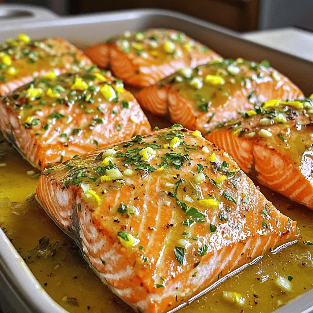 - 4 salmon fillets (6 oz each) - 3 cloves garlic, minced - 1 large lemon (zested and juiced) - 4 tablespoons olive oil - 2 teaspoons fresh thyme (or 1 teaspoon dried) - 1 teaspoon salt - ½ teaspoon black pepper - Fresh parsley for garnish (optional) - Baking dish - Mixing bowl - Measuring spoons Making Lemon Garlic Roasted Salmon is simple if you have the right ingredients. First, you need fresh salmon fillets. Salmon is rich in omega-3 fatty acids and very tasty. Fresh garlic will give the dish a strong flavor. The lemon adds bright, zesty notes that balance the fish nicely. Olive oil will help cook the salmon and keep it moist. For seasoning, fresh thyme adds a nice herbal touch. Salt and black pepper enhance all the flavors. You can use fresh parsley as a garnish. It makes the dish look pretty and adds freshness. Gather your kitchen tools, too. You need a baking dish to roast the salmon, a mixing bowl for the marinade, and measuring spoons to get the right amounts of each ingredient. With these items, you're ready to make a meal that's both delicious and easy to prepare. Enjoy cooking! To start, gather your ingredients. In a bowl, I mix together minced garlic, lemon zest, lemon juice, olive oil, fresh thyme, salt, and pepper. This mix is your marinade. It adds strong and fresh flavors to the salmon. Make sure to stir it well so everything blends nicely. Next, take your salmon fillets and place them skin-side down in a baking dish. I pour the marinade over each fillet, ensuring they are fully coated. Let the salmon marinate for 15 minutes. This step is key. It allows the salmon to soak in those zesty flavors. Now, it’s time to cook! Preheat your oven to 400°F (200°C). Once hot, place the baking dish in the oven. Roast the salmon for 12-15 minutes. It should flake easily with a fork when done. For a crispy top, I recommend broiling the salmon for 2-3 minutes at the end. This gives it a lovely texture. Enjoy your delicious Lemon Garlic Roasted Salmon! When picking salmon, you can choose fresh or frozen. Fresh salmon has a bright color and smells like the sea. It should feel firm and moist. Frozen salmon can be a great option, too. It often comes flash-frozen right after catching. Look for wild-caught salmon if you can. It tends to taste better and is more sustainable. Marinating salmon is key to a tasty dish. I suggest marinating for at least 15 minutes. This lets the flavors soak in well. If you have time, marinate for up to an hour for even more flavor. Use a glass or ceramic dish for marinating. Avoid metal, as it can change the taste. To check if your salmon is done, look for the color. It should be opaque and easily flake with a fork. Use a meat thermometer if you have one. Aim for a temperature of 145°F (63°C). Avoid overcooking, as salmon can dry out quickly. If you see white albumin forming on the surface, your salmon is close to being overcooked. {{image_2}} You can make your meal even better by adding vegetables. Roasting veggies adds color and taste. Try these ideas: - Asparagus: It pairs well with salmon. Roast it for about 10 minutes. - Cherry tomatoes: These add sweetness. Toss them around the salmon while cooking. - Zucchini: Slice it into rounds. Add it to the dish for a tender bite. - Bell peppers: Their crunch and flavor brighten the plate. Slice and mix them in. You can switch up the flavors with herbs and spices. Here are some fun ideas: - Dill: This herb brings a fresh taste. Use it instead of thyme. - Paprika: It adds a nice, smoky flavor. Sprinkle some on before roasting. - Oregano: This herb can give the dish a Mediterranean twist. - Cumin: It offers a warm, earthy flavor. Use it for a unique touch. You don’t have to roast the salmon every time. Here are some other ways to cook it: - Grilling: This method gives the fish a nice char. Cook it for 6-8 minutes per side. - Pan-searing: This creates a crispy skin. Sear the fillets for 3-4 minutes on each side. - Baking: A gentler method, baking keeps the salmon moist. Set your oven to 375°F (190°C) and bake for 15-20 minutes. Feel free to explore these variations. They can make your Lemon Garlic Roasted Salmon even more delicious! For the full recipe and detailed instructions, visit [Full Recipe]. To keep your Lemon Garlic Roasted Salmon fresh, wrap it well. Use plastic wrap or foil. You can also place it in an airtight container. This helps keep moisture and flavor locked in. Store the salmon in the fridge. It stays fresh for up to three days. If you want to keep it longer, freeze it. Wrap each fillet tightly in plastic wrap and then in foil. This prevents freezer burn. When reheating salmon, you want to keep it moist. The best way is to use the oven. Preheat your oven to 275°F (135°C). Place the salmon on a baking sheet and cover it with foil. Heat for about 15 minutes. Check if it's warm enough. You can also use the microwave. Place the salmon on a microwave-safe plate. Cover it with a damp paper towel. Heat in short bursts of 30 seconds until warm. This keeps it from drying out. In the fridge, Lemon Garlic Roasted Salmon lasts up to three days. In the freezer, it can last for up to three months. For the best taste, eat it within one month. After that, the flavor and texture may change. Always check for signs of spoilage before eating leftovers. If it smells off or looks discolored, it's best to throw it away. You can tell when salmon is done by looking for a few signs. First, the salmon should change color to a light pink. Next, it should flake easily with a fork. If you have a meat thermometer, the thickest part should reach 145°F (63°C). This ensures it is safe to eat. Remember, overcooking can make salmon dry. Keep an eye on it as it cooks. Yes, you can use other fish for this dish. Good options include trout, tilapia, or cod. Each fish may cook at different times, so adjust accordingly. For thicker fish, increase the cooking time. For thinner fish, reduce it. The marinade works well with many fish types, so feel free to experiment. Lemon Garlic Roasted Salmon tastes great with several side dishes. Here are a few ideas: - Steamed asparagus - Roasted broccoli - Quinoa salad - Garlic mashed potatoes - Mixed green salad These sides balance the rich flavor of the salmon and add color to your plate. For the full recipe and detailed instructions, visit [Full Recipe]. This blog covered how to make lemon garlic roasted salmon with fresh ingredients and simple steps. By marinating salmon and exploring cooking tips, you ensure a tasty meal. Remember to check for doneness and try adding side dishes for balance. With these techniques, you can easily impress your guests or enjoy a great dinner. Cooking is fun, and you can always get creative with flavors. I hope this guide helps you enjoy the process and the dish!