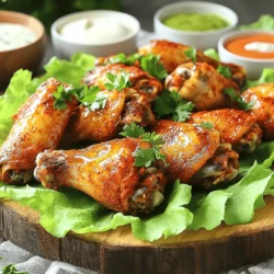 - 2 pounds chicken wings - 1 tablespoon baking powder - 2 tablespoons olive oil - 1 teaspoon salt - 1 teaspoon black pepper - 1 teaspoon garlic powder - 1 teaspoon onion powder - 1 teaspoon smoked paprika - ½ teaspoon cayenne pepper (optional for heat) - 1 tablespoon honey - Fresh parsley, chopped For my crispy baked chicken wings, I focus on quality. First, you need fresh chicken wings. Look for wings that feel firm and look bright. Baking powder is key. It helps make the skin extra crispy. Olive oil adds flavor and helps with that crunch too. Now, let’s talk spices. Salt and black pepper are must-haves. Garlic powder and onion powder bring out great flavors. Smoked paprika adds a nice, subtle smokiness. If you like a kick, cayenne pepper works well. Just a pinch can give your wings a nice heat. For the finish, honey adds a sweet glaze. It makes the wings look shiny and taste great. Fresh parsley gives color and a fresh taste. You can find the full recipe to get all the details you need. - Preheat the oven to 425°F (220°C). - Rinse and dry the chicken wings thoroughly. I always start by preheating the oven. This makes sure the wings cook evenly. Rinsing the wings is key. It helps to remove any unwanted flavors. After rinsing, dry the wings well with paper towels. The drier the wings, the crispier they will get. - Combine spices in a bowl. - Coat chicken wings with the seasoning mix. In a bowl, mix together the baking powder, salt, black pepper, garlic powder, onion powder, smoked paprika, and cayenne pepper. This blend packs a punch. Next, add this spice mix to the dried chicken wings. Toss them well until every wing is covered. This step is vital for great flavor. - Drizzle with olive oil and arrange on baking sheet. - Bake for 40-45 minutes, flipping halfway through. Now, drizzle olive oil over the wings. This helps achieve that golden color. Place the wings on a baking sheet in a single layer. They should not touch each other. This helps them cook evenly. Bake them for 40-45 minutes. Flip them halfway through to ensure both sides crisp up nicely. For the full recipe, you can check the details above. Enjoy your crispy baked chicken wings! To get crispy baked chicken wings, start by drying them well. Use paper towels to pat the wings until they are dry. This step is very important. Moisture makes the skin soggy. The drier the wings, the better! Next, we add baking powder. This ingredient helps create a crunchy texture. It raises the pH of the skin. This process allows it to brown and crisp up nicely in the oven. Flipping the wings is key for even cooking. Halfway through baking, about 20 minutes in, take them out and flip each wing. This ensures all sides get that golden color. It also helps them cook evenly. Use tongs to turn them over carefully. This way, you keep their shape and avoid mess. Crispy wings taste great with dips! Ranch and blue cheese are classic pairings. You can also try a spicy buffalo sauce for extra flavor. To serve, use a platter lined with fresh lettuce. This makes the wings look delightful and keeps them from sticking. Add toothpicks for easy eating! You can find the full recipe above to impress your guests with these wings! {{image_2}} You can change the flavor of your wings with different spice blends. Try adding cumin or chili powder for a kick. A smoked spice blend can give a rich taste. After baking, drizzle sauces like BBQ or buffalo for extra flavor. You can also toss the wings in a lemon-garlic sauce for a zesty finish. These additions keep things fun and tasty. To adjust the heat, play with the cayenne pepper in the recipe. If you want it hotter, add more cayenne. For a milder flavor, cut out the cayenne entirely. You can also switch it with paprika for a sweet taste. Another option is to use a mild hot sauce after baking to control the spice level. Both the oven and air fryer can make crispy wings. The oven is great for a large batch. It cooks evenly and gives that nice crunch. The air fryer cooks faster and can be more energy-efficient. To air-fry, set your air fryer to 400°F (200°C). Cook the wings for about 25-30 minutes, flipping halfway. This method also makes them crispy and delicious. For the complete details, check out the Full Recipe. To keep your leftover wings fresh, follow these tips: - Refrigeration: Place the wings in an airtight container. They can last up to 3 days in the fridge. - Freezing: For longer storage, freeze the wings. Use a freezer-safe bag and remove as much air as possible. They can stay good for up to 3 months. When you want to enjoy your wings again, reheating is key: - Oven Method: Preheat your oven to 350°F (175°C). Spread wings on a baking sheet. Heat for about 15-20 minutes until warm and crispy. - Microwave Method: Place wings on a microwave-safe plate. Heat in 30-second bursts. This method may make them less crispy, but it is quick. - Crispiness Tips: To keep wings crispy, consider using the oven method. You can cover them with foil for the first few minutes, then remove it to crisp up the skin. For the full recipe, check the details above. To get crispy chicken wings, bake them for 40-45 minutes at 425°F (220°C). Flip them halfway through. This helps them brown and crisp up evenly. The high heat works wonders in creating that delicious crunch. If you use a meat thermometer, the internal temperature should reach 165°F (74°C). Yes, you can prep these wings in advance! Marinate them in the spice mix up to 24 hours ahead. Store them in an airtight container in the fridge. When you’re ready to bake, just spread them out on the baking sheet and bake as directed. This saves time and still gives you tasty wings. The secret lies in using baking powder. It helps draw moisture away from the skin. Drying the wings thoroughly is crucial too. Proper spacing on the baking sheet allows hot air to circulate. This mimics frying, giving you that crispy texture without the oil. Yes, you can use frozen wings! Just don’t thaw them. Bake them straight from the freezer, adding 10-15 minutes to the cooking time. Check for crispiness and doneness. If they stick together, run them under cold water for a moment before baking. This ensures they cook evenly and get that perfect crunch. For the full recipe, check out the details in the article. Crispy baked chicken wings are simple to make with the right ingredients and steps. You need chicken wings, baking powder, olive oil, and spices. Drying the wings well is key for crispiness. You have plenty of options for flavors and dips. Proper storage and reheating keep your wings tasty. By following these tips and methods, you can enjoy delicious wings anytime. Happy cooking!