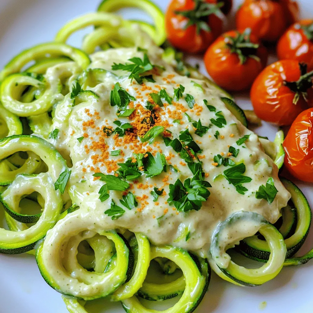 To make Zucchini Noodle Alfredo, gather these fresh ingredients: - 4 medium zucchinis, spiralized - 1 cup cashews, soaked for at least 2 hours - 1 cup unsweetened almond milk - 1 garlic clove, minced - 2 tablespoons nutritional yeast - 1 tablespoon lemon juice - 1 teaspoon Italian seasoning - Salt and pepper to taste - 1 tablespoon olive oil - Fresh parsley, chopped (for garnish) Using fresh, high-quality ingredients makes a big difference in taste. When choosing zucchinis, look for firm ones with a shiny skin. Choose raw cashews, as they blend better. For the almond milk, pick unsweetened to control the flavor. Fresh garlic adds depth, while nutritional yeast gives a cheesy taste without dairy. This recipe is naturally vegan and gluten-free. If you want to replace cashews, try sunflower seeds for a nut-free option. For a creamier sauce, use coconut milk instead of almond milk. If you're not vegan, swap in cream or regular milk. Always check labels to ensure all ingredients meet your dietary needs. For the full recipe, click here. To make Zucchini Noodle Alfredo, follow these simple steps. First, spiralize the zucchinis to create noodles. You can use a spiralizer or a vegetable peeler. Once done, set the noodles aside. Next, gather your blender. Add the soaked cashews, almond milk, minced garlic, nutritional yeast, lemon juice, Italian seasoning, and a pinch of salt and pepper. Blend everything until it turns smooth and creamy. If the sauce is too thick, add more almond milk to reach the right texture. In a large skillet, heat olive oil over medium heat. Add the spiralized zucchini noodles and sauté them for about 3-4 minutes. You want them tender but still a bit firm. After that, pour the creamy cashew Alfredo sauce over the noodles. Stir gently to coat them evenly. Cook for an additional 2-3 minutes until the sauce is warm. Finally, taste the dish. You can adjust the seasoning with more salt or pepper if needed. Once everything is perfectly mixed and heated, transfer it to serving plates. Spiralizing zucchini can be easy with the right tools. Here are some tips to make it smoother: - Choose firm zucchinis: Look for firm, straight zucchinis. They spiralize better. - Trim ends: Cut off both ends of the zucchini before spiralizing. - Use a steady hand: Hold the zucchini firmly while spiralizing for even noodles. - Don’t force it: If the zucchini gets stuck, stop and adjust it instead of forcing it through. Timing is key for a great Zucchini Noodle Alfredo. Here’s how to get it just right: - Prep time: Aim for about 15 minutes to prepare your ingredients. - Cooking time: The total cooking time is around 30 minutes. - Watch the noodles: Sauté the zucchini just until tender, about 3-4 minutes. Overcooking will make them mushy. These steps and tips will help you create a creamy and flavorful Zucchini Noodle Alfredo that everyone will love. For the complete recipe, check the full recipe section. To make the best creamy Alfredo sauce, start with soaked cashews. Soaking softens them and helps create a smooth texture. Blend the cashews with unsweetened almond milk, garlic, and nutritional yeast. This mix gives a rich flavor without dairy. Use a high-speed blender for the creamiest sauce. Blend until it’s silky and smooth. If your sauce is too thick, add a little more almond milk. Always taste and adjust the seasoning. A little extra salt or pepper can make a big difference. One common mistake is overcooking the zucchini noodles. Cook them just until they are slightly tender and still firm. If you overcook, they can become mushy and watery. Another mistake is not blending the sauce long enough. Make sure to blend until it is completely smooth. If you see lumps, keep blending. Lastly, don't forget to taste your sauce! Adjusting flavors at the end is key to a great dish. You can boost the flavor of your Zucchini Noodle Alfredo with herbs and spices. Fresh basil or thyme adds a nice touch. Sprinkle in some red pepper flakes for heat. Consider adding lemon zest for a bright flavor. A bit of smoked paprika can bring a new depth. Experiment with your favorite herbs to make it your own. For a full recipe, check out the Zucchini Noodle Alfredo Delight 🥒. Enjoy creating this creamy and flavorful dish! {{image_2}} You can make a tasty vegan Zucchini Noodle Alfredo that everyone will enjoy. Instead of using cashews, try using silken tofu. It creates a creamy texture too. You can also add a splash of plant-based milk to make it smoother. For a fun twist, add a bit of smoked paprika. It gives a nice depth of flavor without any dairy. If you want to add protein to your dish, chicken or shrimp works great. Cook the chicken in olive oil until golden brown. For shrimp, sauté them in the same pan for just a few minutes. Toss your chosen protein into the Alfredo sauce. This step adds heartiness and makes the meal more filling. You can adjust the cooking time based on the protein you use. Zucchini noodles are naturally gluten-free, so you're already set! If you want more flavor, you can swap out the almond milk for coconut milk. It adds a hint of sweetness. You can also use gluten-free pasta if you prefer. Just make sure to follow the cooking instructions on the package. This way, you can enjoy all the creamy goodness without any gluten. For the full recipe, visit the provided link. To keep your Zucchini Noodle Alfredo fresh, you need the right storage. First, let the dish cool down. Then, transfer the leftovers to an airtight container. You can store it in the fridge for up to three days. If you expect to eat it later, consider separating the zucchini noodles from the sauce. This way, the noodles stay crisp. When you are ready to enjoy your leftovers, reheating is key. Use a skillet over medium heat for the best taste. Add a splash of almond milk to the sauce to help it rehydrate. Stir gently until it warms up. Avoid using the microwave, as it can make the noodles soggy. Freezing is a great option if you have extra portions. You can freeze the Alfredo sauce for up to two months. Pour it into a freezer-safe container and label it. For the zucchini noodles, I recommend freezing them uncooked. Place them in a single layer on a baking sheet until solid, then transfer to a freezer bag. When you are ready to use, thaw them in the fridge overnight before cooking. Try the full recipe to make this creamy and flavorful delight today! You can make zucchini noodles using a vegetable peeler. Just peel thin strips from the zucchini. Repeat until you have enough noodles. You can also use a box grater. Grate the zucchini into long strands. Both methods work well to create noodles. Yes, you can prepare Zucchini Noodle Alfredo ahead of time. Make the sauce and store it in the fridge. Keep the zucchini noodles raw until you are ready to eat. This keeps them crisp and fresh. You can combine them right before serving. Zucchini Noodle Alfredo pairs well with many dishes. Consider serving it with: - Grilled chicken or shrimp for added protein - A fresh green salad for crunch - Roasted cherry tomatoes for flavor - Garlic bread for a classic touch These sides add variety and balance to your meal. - Full Recipe Reference for Easy Access Zucchini Noodle Alfredo is a tasty, healthy dish. We covered the best ingredients, cooking steps, and tips. Quality matters, so choose fresh items. Remember to adjust the recipe for dietary needs. With practice, you can make tasty noodles and sauce. Store your leftovers well, so they stay fresh. You can easily reheat them later. Try the variations to keep meals exciting. Enjoy this dish for any occasion!