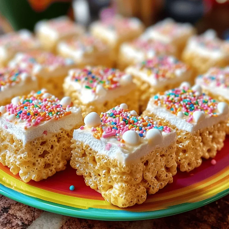 - 5 cups Rice Krispie cereal - 1/2 cup unsalted butter - 1 package (10 oz) mini marshmallows - 1 teaspoon vanilla extract - 1/2 cup birthday cake-flavored sprinkles - 1/4 cup white chocolate chips (optional) - Extra sprinkles for topping You need simple ingredients for these treats. Rice Krispie cereal gives the base a crispy texture. Unsalted butter adds a rich flavor. Mini marshmallows melt to create a gooey mix. Vanilla extract enhances the taste, making it even better. Birthday cake-flavored sprinkles provide that fun party vibe. If you want extra sweetness, white chocolate chips are a tasty option. Finally, top with more sprinkles for a colorful finish. This recipe is fun and brings joy to any birthday celebration. For the complete recipe, check out the Full Recipe link. First, you need to get your baking dish ready. You can either grease it or line it with parchment paper. Greasing is quick and easy. Just spray the dish with non-stick spray. This helps the treats come out smoothly. Lining with parchment paper is a great option too. It makes removal even easier. Just place the paper in the dish, leaving some overhang. This way, you can lift the treats out when they cool. Next, let’s melt the butter and marshmallows. Use a large saucepan and set the heat to low. Low heat is key here. It helps prevent burning. Add the butter first and let it melt fully. After the butter is melted, add the mini marshmallows. Stir them in well. Keep stirring until they melt completely and blend with the butter. This should create a smooth mixture. Now, it’s time to mix everything together. Remove the saucepan from the heat. Stir in the vanilla extract. This adds a nice flavor to the treats. Then, gradually add the Rice Krispie cereal. Mix it in slowly. You want all the cereal to be well coated. Once combined, fold in the birthday cake-flavored sprinkles. If you like, add some white chocolate chips too. Stir gently to keep the sprinkles intact. Now, pour the mixture into the prepared baking dish. Use a greased spatula or a piece of wax paper to press it down. Make sure it's even and firm. This helps the treats hold their shape. While the mixture is still warm, sprinkle extra birthday-themed sprinkles on top. This makes them look festive and fun. Finally, let the treats cool for about 30 minutes before cutting them into squares. Enjoy your tasty creation! You can find the Full Recipe for Birthday Cake Rice Krispie Treats above. To avoid sticky treats, follow these tips: - Use fresh marshmallows. Old marshmallows can be hard and dry. - Grease your hands. Lightly butter your hands while pressing the mixture. - Don’t overmix. Mix just until combined to keep treats light and airy. Get creative with fun toppings: - Themed sprinkles. Pick sprinkles that match the birthday theme for joy. - Birthday candles. Place a candle in each treat for added fun and a festive touch. Make your treats shine when serving: - Colorful platter. Arrange the treats on a bright dish for eye-catching appeal. - Extra sprinkles on top. Add a sprinkle shower right before serving. - Personalized treats. Cut each treat into fun shapes using cookie cutters for variety. For a complete guide to making these tasty treats, check out the Full Recipe. {{image_2}} You can easily change the flavor of your birthday cake Rice Krispie treats. Adding different flavored sprinkles can give a fun twist. For example, try chocolate or strawberry sprinkles. You can also mix in other goodies like mini chocolate chips or nuts. These add texture and taste. Experimenting with flavors lets you create a treat everyone will love. If you have dietary needs, you can still enjoy these treats. For gluten-free options, use gluten-free Rice Krispie cereal. This small change makes a big difference. For vegan substitutions, swap the butter with coconut oil or vegan butter. Use vegan marshmallows instead of regular ones. These changes keep your treats tasty and inclusive for all diets. For the full recipe, check out the detailed instructions above. To keep your Birthday Cake Rice Krispie Treats fresh, store them in an airtight container. This helps keep them soft and chewy. Line the container with parchment paper before placing the treats inside. This prevents sticking and makes for easy removal. Always ensure the container is sealed tightly to block air and moisture. When stored properly, these treats last about 5 to 7 days. You may notice they start to harden after a few days. To avoid this, store them in a cool area, away from sunlight and heat sources. If you want them to last longer, consider freezing them. To freeze your treats, first cut them into squares. Wrap each piece in plastic wrap. Then place the wrapped treats in a freezer-safe bag or container. This prevents freezer burn. When you're ready to enjoy them, remove the treats from the freezer. Let them thaw in the fridge or at room temperature for about 30 minutes. Enjoy your sweet treat as if it was just made! To keep your Rice Krispie Treats soft, follow these tips: - Use fresh marshmallows. Old marshmallows can harden over time. - Don’t overcook the mixture. Melt the marshmallows just until smooth. - Press the mixture gently into the pan. Pressing too hard can make them dense. - Store them in an airtight container. This helps maintain moisture. These steps help ensure your treats stay soft and chewy for days. Yes, you can! To prep ahead: - Make the treats up to two days in advance. - Store them in an airtight container at room temperature. - You can also wrap them tightly in plastic wrap for extra freshness. This way, you can enjoy your treats without stress on the big day. If you need a marshmallow substitute, try these options: - Use marshmallow fluff instead. It works well in a pinch. - Try using a vegan marshmallow alternative if desired. - You can also melt white chocolate and mix it with the cereal. These options keep the texture similar and still taste great in your treats. For the complete guide, check the Full Recipe. You now know how to make Birthday Cake Rice Krispie Treats. Start with simple ingredients like Rice Krispie cereal and marshmallows. Follow the step-by-step instructions for great results. Use tips for perfect texture and fun decorations. Don't forget about tasty variations and storing your treats well. Creating these treats is fun, easy, and brings joy to celebrations. Enjoy making and sharing them with family and friends. Happy snacking!