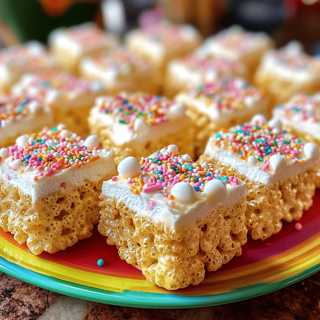 - 5 cups Rice Krispie cereal - 1/2 cup unsalted butter - 1 package (10 oz) mini marshmallows - 1 teaspoon vanilla extract - 1/2 cup birthday cake-flavored sprinkles - 1/4 cup white chocolate chips (optional) - Extra sprinkles for topping You need simple ingredients for these treats. Rice Krispie cereal gives the base a crispy texture. Unsalted butter adds a rich flavor. Mini marshmallows melt to create a gooey mix. Vanilla extract enhances the taste, making it even better. Birthday cake-flavored sprinkles provide that fun party vibe. If you want extra sweetness, white chocolate chips are a tasty option. Finally, top with more sprinkles for a colorful finish. This recipe is fun and brings joy to any birthday celebration. For the complete recipe, check out the Full Recipe link. First, you need to get your baking dish ready. You can either grease it or line it with parchment paper. Greasing is quick and easy. Just spray the dish with non-stick spray. This helps the treats come out smoothly. Lining with parchment paper is a great option too. It makes removal even easier. Just place the paper in the dish, leaving some overhang. This way, you can lift the treats out when they cool. Next, let’s melt the butter and marshmallows. Use a large saucepan and set the heat to low. Low heat is key here. It helps prevent burning. Add the butter first and let it melt fully. After the butter is melted, add the mini marshmallows. Stir them in well. Keep stirring until they melt completely and blend with the butter. This should create a smooth mixture. Now, it’s time to mix everything together. Remove the saucepan from the heat. Stir in the vanilla extract. This adds a nice flavor to the treats. Then, gradually add the Rice Krispie cereal. Mix it in slowly. You want all the cereal to be well coated. Once combined, fold in the birthday cake-flavored sprinkles. If you like, add some white chocolate chips too. Stir gently to keep the sprinkles intact. Now, pour the mixture into the prepared baking dish. Use a greased spatula or a piece of wax paper to press it down. Make sure it's even and firm. This helps the treats hold their shape. While the mixture is still warm, sprinkle extra birthday-themed sprinkles on top. This makes them look festive and fun. Finally, let the treats cool for about 30 minutes before cutting them into squares. Enjoy your tasty creation! You can find the Full Recipe for Birthday Cake Rice Krispie Treats above. To avoid sticky treats, follow these tips: - Use fresh marshmallows. Old marshmallows can be hard and dry. - Grease your hands. Lightly butter your hands while pressing the mixture. - Don’t overmix. Mix just until combined to keep treats light and airy. Get creative with fun toppings: - Themed sprinkles. Pick sprinkles that match the birthday theme for joy. - Birthday candles. Place a candle in each treat for added fun and a festive touch. Make your treats shine when serving: - Colorful platter. Arrange the treats on a bright dish for eye-catching appeal. - Extra sprinkles on top. Add a sprinkle shower right before serving. - Personalized treats. Cut each treat into fun shapes using cookie cutters for variety. For a complete guide to making these tasty treats, check out the Full Recipe. {{image_2}} You can easily change the flavor of your birthday cake Rice Krispie treats. Adding different flavored sprinkles can give a fun twist. For example, try chocolate or strawberry sprinkles. You can also mix in other goodies like mini chocolate chips or nuts. These add texture and taste. Experimenting with flavors lets you create a treat everyone will love. If you have dietary needs, you can still enjoy these treats. For gluten-free options, use gluten-free Rice Krispie cereal. This small change makes a big difference. For vegan substitutions, swap the butter with coconut oil or vegan butter. Use vegan marshmallows instead of regular ones. These changes keep your treats tasty and inclusive for all diets. For the full recipe, check out the detailed instructions above. To keep your Birthday Cake Rice Krispie Treats fresh, store them in an airtight container. This helps keep them soft and chewy. Line the container with parchment paper before placing the treats inside. This prevents sticking and makes for easy removal. Always ensure the container is sealed tightly to block air and moisture. When stored properly, these treats last about 5 to 7 days. You may notice they start to harden after a few days. To avoid this, store them in a cool area, away from sunlight and heat sources. If you want them to last longer, consider freezing them. To freeze your treats, first cut them into squares. Wrap each piece in plastic wrap. Then place the wrapped treats in a freezer-safe bag or container. This prevents freezer burn. When you're ready to enjoy them, remove the treats from the freezer. Let them thaw in the fridge or at room temperature for about 30 minutes. Enjoy your sweet treat as if it was just made! To keep your Rice Krispie Treats soft, follow these tips: - Use fresh marshmallows. Old marshmallows can harden over time. - Don’t overcook the mixture. Melt the marshmallows just until smooth. - Press the mixture gently into the pan. Pressing too hard can make them dense. - Store them in an airtight container. This helps maintain moisture. These steps help ensure your treats stay soft and chewy for days. Yes, you can! To prep ahead: - Make the treats up to two days in advance. - Store them in an airtight container at room temperature. - You can also wrap them tightly in plastic wrap for extra freshness. This way, you can enjoy your treats without stress on the big day. If you need a marshmallow substitute, try these options: - Use marshmallow fluff instead. It works well in a pinch. - Try using a vegan marshmallow alternative if desired. - You can also melt white chocolate and mix it with the cereal. These options keep the texture similar and still taste great in your treats. For the complete guide, check the Full Recipe. You now know how to make Birthday Cake Rice Krispie Treats. Start with simple ingredients like Rice Krispie cereal and marshmallows. Follow the step-by-step instructions for great results. Use tips for perfect texture and fun decorations. Don't forget about tasty variations and storing your treats well. Creating these treats is fun, easy, and brings joy to celebrations. Enjoy making and sharing them with family and friends. Happy snacking!