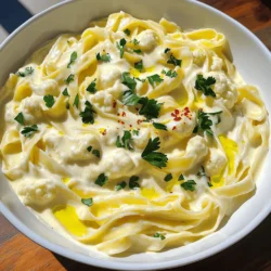 - 1 medium head of cauliflower, chopped into florets - 2 cups vegetable broth - 1 tablespoon olive oil - 3 cloves garlic, minced - 1 cup unsweetened almond milk (or any plant-based milk) - 1/4 cup nutritional yeast - 1 teaspoon onion powder - 1 teaspoon garlic powder - Salt and pepper to taste - Fresh parsley, chopped (for garnish) - Pasta of choice (fettuccine or penne recommended) - Chili flakes for heat - Extra nutritional yeast for garnishing This creamy cauliflower Alfredo recipe is packed with flavor and nutrients. Cauliflower is the star here. It gives the sauce a rich and smooth texture. The vegetable broth adds depth while garlic brings a warm aroma. Nutritional yeast gives a cheesy taste, making it perfect for a comfort dish. I love using unsweetened almond milk for creaminess. You can use other plant-based milk too. Olive oil adds a hint of richness. Salt and pepper balance the flavors. Fresh parsley makes it look nice and bright. Consider adding chili flakes if you like heat. A sprinkle of extra nutritional yeast on top is a fun touch. These ingredients help you create a dish that is not only tasty but also healthy. You can find the complete recipe in the Full Recipe section. 1. Boil salted water: Start by bringing a large pot of salted water to a boil. This is the water for your pasta. 2. Cook pasta: Add your pasta to the boiling water. Cook it according to the package instructions until it is al dente. Once done, drain the pasta and set it aside. 3. Prepare cauliflower: Chop the head of cauliflower into small florets. In a separate pot, add the cauliflower and cover it with vegetable broth. Bring this mixture to a boil. Then, lower the heat and let it simmer for about 10-12 minutes until the cauliflower is soft. 1. Transfer cauliflower: After cooking, use a slotted spoon to take the cauliflower out of the broth. Make sure to keep the broth for later. 2. Add ingredients to blender: Place the cooked cauliflower in a blender. Add olive oil, minced garlic, almond milk, nutritional yeast, onion powder, garlic powder, and a pinch of salt and pepper. 3. Blend until smooth: Blend the mixture until it is creamy and smooth. If the sauce is too thick, add a little reserved broth to reach your desired consistency. 1. Warm the sauce: In a large skillet, pour in the creamy cauliflower mixture. Warm it gently over medium heat, stirring occasionally. 2. Toss pasta with sauce: Add the cooked pasta to the skillet. Toss everything together until the pasta is well-coated in the creamy sauce. 3. Serve: You can now serve this dish hot. It looks great with a sprinkle of fresh parsley on top. For detailed ingredients and measurements, check the Full Recipe. To adjust the sauce consistency, you can add a bit of the reserved vegetable broth. Start with a small amount. Blend the mixture again until you reach your desired creaminess. If it’s too thick, just keep adding broth until it feels right. Nutritional yeast is vital for flavor. It adds a cheesy, nutty taste to the sauce. This ingredient makes your creamy cauliflower Alfredo rich and satisfying. You can find it in most grocery stores or online. For extra flavor, try adding herbs or spices. Fresh basil or thyme can brighten the dish. A pinch of nutmeg gives warmth, while black pepper adds a kick. Experiment with what you like best! Pair your creamy cauliflower Alfredo with a side salad or roasted veggies. This adds freshness and balances the meal well. You can also serve it with garlic bread for a cozy touch. When serving, use large bowls for a warm and inviting look. Drizzle a bit of olive oil on top for shine. It makes the dish look fancy without much effort. Garnishing with fresh parsley adds a pop of color. You can also sprinkle extra nutritional yeast on top for a cheesy finish. A dash of chili flakes can give it a nice zing and appeal. For the full recipe, check out the earlier sections. {{image_2}} You can add cooked chicken or tofu to your creamy cauliflower Alfredo. This step will make your meal heartier. For chicken, use grilled or shredded pieces. If you prefer tofu, try firm or extra-firm tofu. Just cube it and toss it in at the end. For vegan options, consider chickpeas or lentils. They add protein and texture. You could also use a plant-based meat substitute. These options boost nutrition while keeping the dish light and tasty. To change the flavor, try making a garlic Parmesan version. Just add grated vegan Parmesan cheese or nutritional yeast. This adds a rich, cheesy taste. You can also use fresh herbs like basil or thyme for a burst of freshness. If you like spice, sprinkle in some red pepper flakes. This adds heat and makes the dish exciting. You can also experiment with smoked paprika for a smoky flavor. If you need gluten-free options, choose gluten-free pasta. Many brands offer great alternatives made from rice or legumes. They still taste great with the creamy sauce. For nut-free diets, replace almond milk with oat milk or any other nut-free milk. Always check labels to ensure the products are safe for your needs. This way, everyone can enjoy this dish without worry. For the full recipe, check out the details above. To store leftovers, let the creamy cauliflower Alfredo cool first. Then, transfer it into an airtight container. This helps keep the flavors fresh. I recommend using glass containers for better storage. Glass is non-reactive, so it won’t change the taste of your food. Label the container with the date to track freshness. You can freeze the cauliflower Alfredo too! Start by letting the sauce cool completely. Then, pour it into freezer-safe bags or containers. Squeeze out as much air as you can before sealing. This helps prevent freezer burn. To thaw, move the frozen sauce to the fridge overnight. For quick thawing, place the container in a bowl of warm water. When ready, heat it gently on the stove. To reheat, I find the stovetop works best. It keeps the sauce creamy and smooth. Just warm it over low heat, stirring often. If using a microwave, do so in short bursts. Stir in between to ensure even heating. Either way, avoid high heat to keep the sauce from separating. Enjoy your delicious creamy cauliflower Alfredo again! For the full recipe, refer back to the main section. Creamy cauliflower Alfredo can last about 3 to 5 days in the fridge. Store it in an airtight container. Make sure it cools down before sealing. This helps keep it fresh and tasty. Yes, you can easily make this dish vegan! The recipe already uses plant-based milk and nutritional yeast. Just ensure your pasta is also vegan-friendly. This way, you get great taste without animal products. To thicken your sauce, try these tips: - Add more nutritional yeast for extra creaminess. - Blend in a small amount of cooked potato. - Use a cornstarch slurry; mix cornstarch with water and heat it in the sauce. These options help you achieve the desired thickness. Yes, you can swap cauliflower for other veggies. Consider using broccoli or butternut squash for a different twist. Both add flavor and nutrients, but keep in mind that taste and texture will change. This blog post covered how to make creamy cauliflower Alfredo. You learned the key ingredients, including cauliflower, almond milk, and nutritional yeast. The step-by-step guide showed how to prepare, blend, and combine the sauce with pasta. I shared tips for achieving creaminess and enhancing flavors, along with variations to suit different diets. Remember, leftovers store well in the fridge and can be frozen for later use. With this recipe, you can enjoy a healthy twist on a classic dish. Happy cooking!