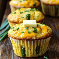 - 1 cup cornmeal - 1 cup all-purpose flour - 1 tablespoon baking powder - 1 teaspoon salt Cornmeal gives these muffins a great texture and flavor. It’s the base of our recipe. All-purpose flour adds lightness and helps the muffins rise. Baking powder acts as our leavening agent, making them fluffy. Salt enhances all the flavors, bringing it all together. - 1 cup milk - 1/4 cup vegetable oil - 2 large eggs Milk adds moisture and richness to the muffins, making them soft. Vegetable oil keeps them tender. Eggs bind everything and help the muffins rise. They also add a bit of richness, making each bite delightful. - 1 cup shredded sharp cheddar cheese - 1/2 cup pickled jalapeños, chopped - 1/4 cup fresh chives, finely chopped (optional) Sharp cheddar cheese gives a creamy, cheesy flavor that pairs well with the cornbread. Pickled jalapeños add a spicy kick, which you can adjust based on your taste. Fresh chives offer a mild onion flavor, adding brightness and color to the mix. For the full recipe, refer to the complete instructions provided above. First, preheat your oven to 400°F (200°C). This heat is perfect for baking. While the oven heats, grease your muffin tin or line it with paper liners. This helps the muffins come out easily. In a large bowl, combine 1 cup of cornmeal, 1 cup of all-purpose flour, 1 tablespoon of baking powder, 1 teaspoon of salt, and 1/4 cup of sugar. Mix these dry ingredients well with a whisk. This step ensures even flavor in each bite. In a separate bowl, whisk together 1 cup of milk, 1/4 cup of vegetable oil, and 2 large eggs. Make sure this mixture is smooth and well combined. The wet ingredients will add moisture and richness to the muffins. Now, pour the wet mixture into the dry ingredients. Stir gently until just mixed. It's okay if you see a few lumps; overmixing can lead to tough muffins. Next, fold in 1 cup of shredded sharp cheddar cheese and 1/2 cup of chopped pickled jalapeños. These ingredients add a cheesy, spicy kick. Scoop the batter into your prepared muffin tin, filling each cup about two-thirds full. This allows room for the muffins to rise. Bake them in the oven for 18-22 minutes. To check for doneness, insert a toothpick into the center of a muffin. If it comes out clean, your muffins are ready! For the full recipe, click here to explore more baking fun! To get the best texture in your Cheesy Jalapeño Cornbread Muffins, avoid overmixing the batter. Mix just until the ingredients come together. A few lumps are okay. This keeps your muffins light and fluffy. Aim for a muffin height that rises nicely without spilling over. You want each muffin to be golden brown on top. After baking, you can add a pat of butter on top of each muffin. This adds richness and flavor. Chives make a great garnish too. Just sprinkle them over the muffins for a fresh look. If you like heat, consider adding spicy toppings. A slice of fresh jalapeño or a drizzle of hot sauce can take your muffins to the next level. These muffins taste best when served warm. The cheese melts and the flavors shine through. They pair well with chili, soups, or a fresh salad. You can also enjoy them as a snack. For a fun twist, serve them with honey or a sweet spread. This mix of savory and sweet makes each bite special. Enjoy your muffins fresh from the oven for the best experience. Don't forget to check out the Full Recipe for a detailed guide! {{image_2}} You can change the spice level to fit your taste. Use milder jalapeños for less heat. If you love spice, add more jalapeños to the mix. This way, you can make the muffins just right for you. If you need gluten-free options, swap all-purpose flour for a gluten-free blend. This keeps the texture nice. For a vegan version, replace milk with plant-based milk and use flax eggs instead of real eggs. These changes help everyone enjoy the muffins. Want to make the muffins even better? Try adding corn kernels for extra sweetness. You can also use different types of cheese, like pepper jack or mozzarella. Each cheese brings a unique flavor, making your muffins even more special. Check out the Full Recipe for all the details! You can store leftover muffins at room temperature for up to two days. Keep them in an airtight container to stay fresh. If you want to keep them longer, put them in the fridge. They will last about a week when chilled. Just remember, refrigeration can change their texture slightly. If you prefer soft muffins, room temperature is best for short-term storage. For longer storage, freezing is a great option. Wrap each muffin tightly in plastic wrap, then place them in a freezer bag. This keeps out air and prevents freezer burn. You can freeze them for up to three months. When you're ready to eat one, remove it from the freezer. Let it thaw at room temperature or microwave it for about 30 seconds. This way, you can enjoy a warm muffin anytime! These cheesy jalapeño cornbread muffins are best eaten fresh. However, they can still taste great for several days. The ideal time to enjoy them is within three days at room temperature. If refrigerated, try to eat them within a week. Freezing them preserves their flavor and texture much longer! For the best taste, aim to eat them within three months of freezing. Yes, you can make these muffins ahead of time. To meal prep, bake the muffins and let them cool. Once cool, store them in an airtight container. Place them in the fridge for up to a week. You can also freeze them for longer storage. Just wrap each muffin in plastic wrap, then place them in a freezer bag. When you're ready to eat, thaw them overnight in the fridge and reheat in the oven. You can easily adjust this recipe. If you want more muffins, simply double the ingredients. For fewer muffins, cut the ingredients in half. Use measuring cups to get the right amounts. Keep the ratios the same. This way, your muffins will still taste great. Just remember that baking time may change slightly based on the batch size. These muffins pair well with many dishes. They fit nicely with chili, soups, or barbecued meats. You can serve them with a side salad for a light meal. They also work great as a snack with butter or cream cheese. Feel free to get creative and try them with your favorite dip or spread! To check if the muffins are done, use the toothpick method. Insert a toothpick into the center of a muffin. If it comes out clean or with a few crumbs, they are ready. If it comes out wet, bake them for a few more minutes. Keep an eye on them to avoid overbaking, which can make them dry. Enjoy your perfectly baked Cheesy Jalapeño Cornbread Muffins! For the complete recipe, check out the Full Recipe. In this article, we explored the key ingredients and steps to make Cheesy Jalapeño Cornbread Muffins. We covered how to blend dry and wet ingredients, bake, and enhance flavor with cheese and jalapeños. Perfect muffins are warm, flavorful, and great for pairing with meals. These tips on variations and storage help you enjoy them longer. Overall, baking is simple and fun. You can create your own delicious version!