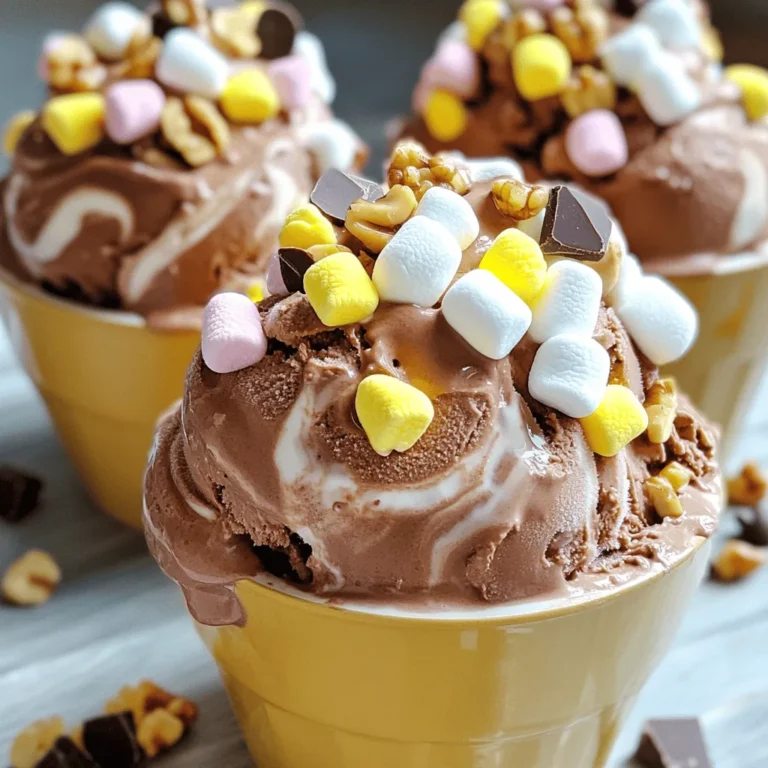 No-Churn Rocky Road Ice Cream needs some simple ingredients. Each one adds to the great taste. Here are the items you will need: - 2 cups heavy whipping cream - 1 can (14 ounces) sweetened condensed milk - 1 teaspoon vanilla extract - 1/2 cup mini marshmallows - 1/2 cup chopped walnuts or pecans - 1/2 cup semisweet chocolate chips - 1/4 cup cocoa powder - Pinch of salt These ingredients make the ice cream rich and creamy. The heavy whipping cream gives it a smooth texture. Sweetened condensed milk adds sweetness and richness. Vanilla extract enhances the flavor. Mini marshmallows and nuts add fun textures. Semisweet chocolate chips bring in chocolatey goodness. Cocoa powder deepens the chocolate flavor. A pinch of salt balances all the sweetness. When using these ingredients, make sure they are fresh. This will help your ice cream taste its best. Once you have everything ready, you can start making this delightful treat. If you want to see how to make it, check out the Full Recipe. Enjoy the process and the tasty results! 1. Whipping the cream until stiff peaks Start with a large bowl. Pour in 2 cups of heavy whipping cream. Use a hand mixer or stand mixer. Beat the cream on medium speed. Watch for stiff peaks to form. This means it holds its shape well. This step creates a fluffy texture for your ice cream. 2. Combining the condensed milk mixture In a separate bowl, add one can of sweetened condensed milk. Mix in 1 teaspoon of vanilla extract and a pinch of salt. Stir until it is smooth and creamy. This mixture adds sweetness and depth to our ice cream. 3. Folding the mixtures together Take a small amount of the whipped cream. Add it to the condensed milk mixture. Gently fold it in to lighten the mix. Now, pour the rest of the whipped cream in. Carefully fold it all together. Avoid stirring too hard. You want to keep that fluffy texture. 4. Adding cocoa powder and mix-ins Sift in 1/4 cup of cocoa powder. This adds a rich chocolate flavor. Gently fold it until there are no lumps. Next, add the fun stuff: 1/2 cup of mini marshmallows, 1/2 cup of chopped walnuts or pecans, and 1/2 cup of semisweet chocolate chips. Stir them in carefully. This makes each scoop exciting. 5. Freezing the mixture Pour the combined mixture into an airtight container. Smooth the top with a spatula. Cover it tightly to prevent ice crystals. Freeze for at least 6 hours. For the best taste, freeze it overnight. Then, your delicious no-churn rocky road ice cream is ready to enjoy! You can find the Full Recipe for all the steps and ingredients. To make the best no-churn rocky road ice cream, pay attention to the details. - Whip the cream correctly for best texture: Start with chilled heavy cream. Whip it until stiff peaks form. This makes the ice cream light and fluffy. If you over-whip, it can turn grainy. - Ensuring the cocoa powder is lump-free: Sift the cocoa powder before adding it. This helps blend it smoothly. Lumps can ruin the creamy texture. A fine mixer can also help. - Folding techniques to retain airiness: When you mix the whipped cream with the condensed milk, do it gently. Use a spatula to fold, not stir. This keeps the air in the cream, making your ice cream light. Serving your ice cream well makes it even more fun. - Serving ideas for extra appeal: Use nice bowls or waffle cones. You can layer the ice cream in clear cups. This shows off the layers of chocolate and marshmallows. - Garnishing with additional toppings: Top your ice cream with extra mini marshmallows and chocolate chips. You can also add a drizzle of chocolate sauce. This makes your creation look extra special. By following these tips, you can create a delightful no-churn rocky road ice cream that looks as good as it tastes. For the full recipe, check out the detailed instructions above. Enjoy your sweet treat! {{image_2}} You can easily change the flavors in your No-Churn Rocky Road Ice Cream. Try using different nuts like almonds or pecans. Each nut brings its own taste and crunch. You can also add fun mix-ins like cookie crumbles or fruits. Cherries or strawberries work great. They add a burst of flavor and color. If you need dairy-free options, swap heavy whipping cream with coconut cream. This will still give you a creamy texture. For a low-sugar version, use sugar-free sweetened condensed milk. These changes let everyone enjoy this treat. Whether you stick with the classic or try new twists, the joy of making ice cream stays the same. For the full recipe, check out the No-Churn Rocky Road Ice Cream section above. To keep your No-Churn Rocky Road Ice Cream fresh, store it in an airtight container. This helps prevent ice crystals from forming. You can use a glass or plastic container with a tight lid. Make sure to smooth the top of the ice cream before sealing. This keeps air out and preserves its texture. You can keep this ice cream in the freezer for up to two weeks. After that, it may start to lose flavor and texture. Look for signs of freezer burn, such as ice crystals on the surface. If the ice cream smells off or has a different color, it's best to toss it. Always trust your senses! How to make No-Churn Rocky Road Ice Cream without a mixer? You can whip the cream by hand. Use a whisk and beat until stiff peaks form. This takes time, but it works! Can I use heavy cream alternatives? Yes, you can use coconut cream or whipped topping. They will create a different flavor but still taste great. What to do if the ice cream doesn't freeze properly? Ensure your freezer is cold enough. If it is not freezing, check your container seal. Can I add alcohol for flavor? Yes, you can add a splash of whiskey or rum. This adds a nice depth but may soften the ice cream. How to soften the ice cream for easier scooping? Let your ice cream sit at room temperature for about 5-10 minutes. This will make scooping much easier. What to do if the texture isn’t creamy enough? If the texture is grainy, you might not have whipped the cream enough. Make sure to whip until stiff peaks form. How to fix ice crystals in the ice cream? Ice crystals happen from air exposure. Store your ice cream in an airtight container to prevent this. This blog post covered all the must-know steps to make No-Churn Rocky Road Ice Cream. You learned about the key ingredients, precise steps for preparation, and tips to achieve a perfect texture. Exploring flavor variations and diet-friendly options can help customize your ice cream. Proper storage methods keep your treat fresh longer. Finally, I answered common questions and troubleshooting tips to ensure success. Enjoy making this easy, delicious ice cream! Your friends and family will love it.