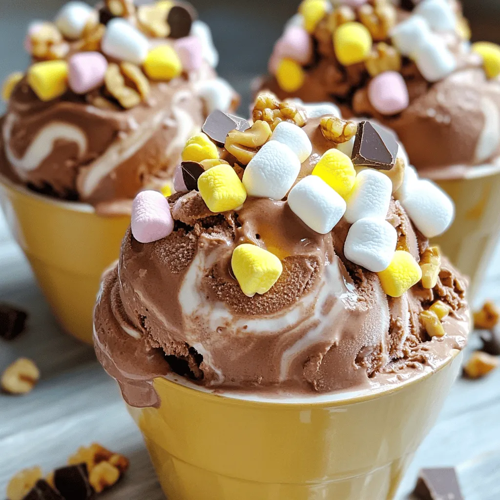 No-Churn Rocky Road Ice Cream needs some simple ingredients. Each one adds to the great taste. Here are the items you will need: - 2 cups heavy whipping cream - 1 can (14 ounces) sweetened condensed milk - 1 teaspoon vanilla extract - 1/2 cup mini marshmallows - 1/2 cup chopped walnuts or pecans - 1/2 cup semisweet chocolate chips - 1/4 cup cocoa powder - Pinch of salt These ingredients make the ice cream rich and creamy. The heavy whipping cream gives it a smooth texture. Sweetened condensed milk adds sweetness and richness. Vanilla extract enhances the flavor. Mini marshmallows and nuts add fun textures. Semisweet chocolate chips bring in chocolatey goodness. Cocoa powder deepens the chocolate flavor. A pinch of salt balances all the sweetness. When using these ingredients, make sure they are fresh. This will help your ice cream taste its best. Once you have everything ready, you can start making this delightful treat. If you want to see how to make it, check out the Full Recipe. Enjoy the process and the tasty results! 1. Whipping the cream until stiff peaks Start with a large bowl. Pour in 2 cups of heavy whipping cream. Use a hand mixer or stand mixer. Beat the cream on medium speed. Watch for stiff peaks to form. This means it holds its shape well. This step creates a fluffy texture for your ice cream. 2. Combining the condensed milk mixture In a separate bowl, add one can of sweetened condensed milk. Mix in 1 teaspoon of vanilla extract and a pinch of salt. Stir until it is smooth and creamy. This mixture adds sweetness and depth to our ice cream. 3. Folding the mixtures together Take a small amount of the whipped cream. Add it to the condensed milk mixture. Gently fold it in to lighten the mix. Now, pour the rest of the whipped cream in. Carefully fold it all together. Avoid stirring too hard. You want to keep that fluffy texture. 4. Adding cocoa powder and mix-ins Sift in 1/4 cup of cocoa powder. This adds a rich chocolate flavor. Gently fold it until there are no lumps. Next, add the fun stuff: 1/2 cup of mini marshmallows, 1/2 cup of chopped walnuts or pecans, and 1/2 cup of semisweet chocolate chips. Stir them in carefully. This makes each scoop exciting. 5. Freezing the mixture Pour the combined mixture into an airtight container. Smooth the top with a spatula. Cover it tightly to prevent ice crystals. Freeze for at least 6 hours. For the best taste, freeze it overnight. Then, your delicious no-churn rocky road ice cream is ready to enjoy! You can find the Full Recipe for all the steps and ingredients. To make the best no-churn rocky road ice cream, pay attention to the details. - Whip the cream correctly for best texture: Start with chilled heavy cream. Whip it until stiff peaks form. This makes the ice cream light and fluffy. If you over-whip, it can turn grainy. - Ensuring the cocoa powder is lump-free: Sift the cocoa powder before adding it. This helps blend it smoothly. Lumps can ruin the creamy texture. A fine mixer can also help. - Folding techniques to retain airiness: When you mix the whipped cream with the condensed milk, do it gently. Use a spatula to fold, not stir. This keeps the air in the cream, making your ice cream light. Serving your ice cream well makes it even more fun. - Serving ideas for extra appeal: Use nice bowls or waffle cones. You can layer the ice cream in clear cups. This shows off the layers of chocolate and marshmallows. - Garnishing with additional toppings: Top your ice cream with extra mini marshmallows and chocolate chips. You can also add a drizzle of chocolate sauce. This makes your creation look extra special. By following these tips, you can create a delightful no-churn rocky road ice cream that looks as good as it tastes. For the full recipe, check out the detailed instructions above. Enjoy your sweet treat! {{image_2}} You can easily change the flavors in your No-Churn Rocky Road Ice Cream. Try using different nuts like almonds or pecans. Each nut brings its own taste and crunch. You can also add fun mix-ins like cookie crumbles or fruits. Cherries or strawberries work great. They add a burst of flavor and color. If you need dairy-free options, swap heavy whipping cream with coconut cream. This will still give you a creamy texture. For a low-sugar version, use sugar-free sweetened condensed milk. These changes let everyone enjoy this treat. Whether you stick with the classic or try new twists, the joy of making ice cream stays the same. For the full recipe, check out the No-Churn Rocky Road Ice Cream section above. To keep your No-Churn Rocky Road Ice Cream fresh, store it in an airtight container. This helps prevent ice crystals from forming. You can use a glass or plastic container with a tight lid. Make sure to smooth the top of the ice cream before sealing. This keeps air out and preserves its texture. You can keep this ice cream in the freezer for up to two weeks. After that, it may start to lose flavor and texture. Look for signs of freezer burn, such as ice crystals on the surface. If the ice cream smells off or has a different color, it's best to toss it. Always trust your senses! How to make No-Churn Rocky Road Ice Cream without a mixer? You can whip the cream by hand. Use a whisk and beat until stiff peaks form. This takes time, but it works! Can I use heavy cream alternatives? Yes, you can use coconut cream or whipped topping. They will create a different flavor but still taste great. What to do if the ice cream doesn't freeze properly? Ensure your freezer is cold enough. If it is not freezing, check your container seal. Can I add alcohol for flavor? Yes, you can add a splash of whiskey or rum. This adds a nice depth but may soften the ice cream. How to soften the ice cream for easier scooping? Let your ice cream sit at room temperature for about 5-10 minutes. This will make scooping much easier. What to do if the texture isn’t creamy enough? If the texture is grainy, you might not have whipped the cream enough. Make sure to whip until stiff peaks form. How to fix ice crystals in the ice cream? Ice crystals happen from air exposure. Store your ice cream in an airtight container to prevent this. This blog post covered all the must-know steps to make No-Churn Rocky Road Ice Cream. You learned about the key ingredients, precise steps for preparation, and tips to achieve a perfect texture. Exploring flavor variations and diet-friendly options can help customize your ice cream. Proper storage methods keep your treat fresh longer. Finally, I answered common questions and troubleshooting tips to ensure success. Enjoy making this easy, delicious ice cream! Your friends and family will love it.