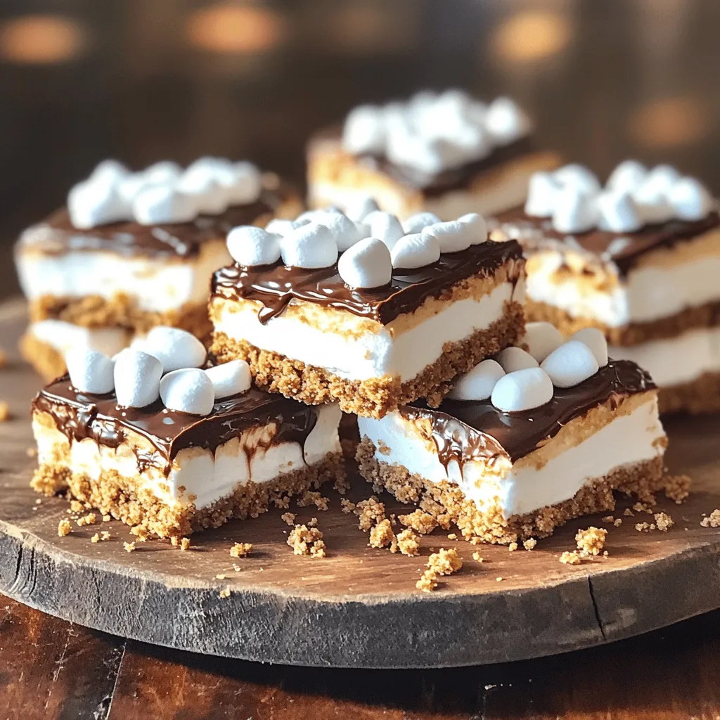 For these No Bake S’mores Bars, you need just a few simple ingredients. Here is the list: - 1 ½ cups graham cracker crumbs - ½ cup unsweetened cocoa powder - ½ cup granulated sugar - ½ cup unsalted butter, melted - 2 cups miniature marshmallows - 1 cup milk chocolate chips - 1 teaspoon vanilla extract - ½ cup semi-sweet chocolate chips (for drizzle) These ingredients come together to create a treat that is both rich and nostalgic. The graham crackers give a nice base, while the cocoa powder adds a deep chocolate flavor. The butter makes everything stick together and adds richness. The miniature marshmallows provide that classic s'mores taste and texture. Don’t forget the milk chocolate chips; they melt perfectly and blend with the marshmallows. The vanilla extract enhances the flavors, making each bite taste amazing. Finally, the drizzle of semi-sweet chocolate on top adds a finishing touch that looks great and tastes even better. Be sure to gather everything before starting. This helps keep the process smooth and fun. For the full recipe, check out the details on how to put these ingredients together for an irresistible dessert! To start, grab a large mixing bowl. Add the graham cracker crumbs, cocoa powder, and sugar. Mix well until combined. Next, pour in the melted butter and vanilla extract. Stir until all the dry mix feels moist and crumbly. Now, line an 8x8 inch square baking pan with parchment paper. Leave some paper hanging over the edges for easy lifting later. Firmly press the graham cracker mix into the bottom of the pan. Make sure it's even. Place it in the fridge for about 15 minutes to set. In a microwave-safe bowl, combine the milk chocolate chips and 1 cup of miniature marshmallows. Microwave this mix in 20-second bursts, stirring in between. Do this until it melts and becomes smooth, which should take about 1 minute total. Take the crust out of the fridge. Spread the melted chocolate mixture evenly over the crust. Next, top it with the remaining miniature marshmallows. Press them gently into the chocolate for a good seal. In a new bowl, melt the semi-sweet chocolate chips in the microwave as before. Once melted, use a spoon or piping bag to drizzle it over the marshmallows. This adds a nice touch. Put the pan back in the fridge. Chill it for at least 2 hours or until it fully sets. Once set, use the parchment paper to lift the bars out of the pan. Cut them into squares and enjoy! For the full recipe, refer to our detailed guide. To make these bars just right, ensure all your ingredients mix well. Start by blending the graham cracker crumbs, cocoa powder, and sugar thoroughly. This mix forms the base, so every bite should taste great. When you press the mixture into the pan, use a firm press. This helps the base hold together better when you cut the bars later. To boost the taste, add a pinch of salt. This small touch balances the sweet flavors and makes everything pop. For extra fun, consider mixing in some nuts or a spoonful of peanut butter. These additions can give your bars a new texture and flavor twist that you will love. For serving, use a rustic wooden platter. It adds a nice touch and looks great. When you're ready to serve, sprinkle extra graham cracker crumbs on top. This not only looks nice but also gives a nod to classic s’mores. You can even add whole marshmallows or chocolate squares for decoration. This makes your bars not only tasty but also beautiful to present. {{image_2}} You can switch up the chocolate in your s’mores bars. Use dark chocolate chips for a richer flavor. This will give your bars a deep, intense taste. If you prefer something lighter, try white chocolate. It will add a sweet and creamy touch to your treat. If you want to change the sweetness, there are good options. Substitute granulated sugar with coconut sugar or honey. Both add unique flavors. You can also explore sugar-free chocolate options. This makes your bars a bit healthier while still being sweet. Get creative with add-ins and modifications. Incorporate crushed candies or toffee bits for extra crunch. This adds a fun twist. You can also replace regular marshmallows with chocolate-covered marshmallows. This will boost the chocolate flavor in your bars. For the full recipe, check the above section. Store your No Bake S’mores Bars in an airtight container in the fridge. They can last for up to 1 week. This keeps them fresh and tasty. When you’re ready to enjoy them, just grab a bar and savor that sweet flavor. If you want to save some for later, freeze the bars wrapped in plastic wrap. This helps keep them from getting freezer burn. When you’re ready to enjoy them, thaw the bars in the refrigerator before serving. This way, they taste just as good as when you made them. Yes, they can be made 1-2 days in advance. This makes them perfect for parties or gatherings. Just store them in the fridge. The flavors will blend nicely, and they will still taste fresh. Yes, use gluten-free graham cracker crumbs. Many brands offer these. Just check the label. This way, everyone can enjoy these tasty bars. Increase the amount of graham cracker crumbs or chill longer. A firmer base helps hold the bars together. If they are too soft, they may fall apart when you cut them. Use a sharp knife and cut while chilled for clean edges. This keeps the layers neat and pretty. A warm knife can make cutting harder, so keep it cold. You can create delicious No Bake S’mores Bars with simple steps. First, mix the graham crackers, cocoa, and sugar. Then chill the mixture and melt the chocolate. Layer it all and chill again for the best results. These bars are easy to make and fun to share. Play around with flavors and add-ins to make them your own. Enjoy your tasty treat!