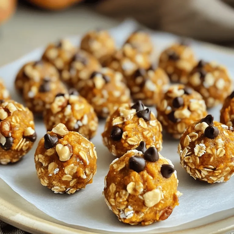 To make your Pumpkin Spice Energy Bites, gather these ingredients: - 1 cup rolled oats - 1/2 cup canned pumpkin puree - 1/4 cup nut butter (peanut or almond) - 1/4 cup honey or maple syrup - 1 teaspoon vanilla extract - 1 teaspoon pumpkin spice mix - 1/4 teaspoon salt - 1/4 cup mini chocolate chips (optional) - 1/4 cup chopped nuts or seeds (e.g., walnuts or sunflower seeds) These ingredients work together to create a tasty and filling snack. Each ingredient in these bites brings something good for your body. - Rolled oats provide fiber. Fiber keeps you full and helps with digestion. - Canned pumpkin puree is rich in vitamins A and C. These vitamins support your immune system. - Nut butter adds healthy fats and protein. Protein helps build and repair your muscles. - Honey or maple syrup adds natural sweetness without refined sugar. - Pumpkin spice mix has cinnamon, ginger, and nutmeg. These spices may improve digestion. - Chocolate chips and nuts add flavor and healthy fats. If you have allergies, you can still enjoy these bites. Here are some swaps: - Nut butter: Use sunflower seed butter for a nut-free option. - Honey: Maple syrup is a great vegan alternative. - Oats: Ensure they are gluten-free if you need to avoid gluten. - Chocolate chips: Look for dairy-free chips if you want a vegan choice. These swaps help you make tasty energy bites that fit your diet. Making Pumpkin Spice Energy Bites is simple and fun. First, gather all your ingredients. You will need rolled oats, pumpkin puree, nut butter, honey or maple syrup, vanilla extract, pumpkin spice mix, salt, and optional items like chocolate chips and nuts. In a large mixing bowl, combine the rolled oats, pumpkin puree, nut butter, honey, and vanilla extract. Stir until everything is well mixed. Next, add the pumpkin spice and salt. Mix again until all the ingredients blend completely. If you want extra texture, fold in the mini chocolate chips and chopped nuts. To get the best texture, keep the mixture slightly sticky. If it is too dry, add a bit more nut butter or pumpkin puree. If it feels too wet, sprinkle in some extra oats. When forming the bites, use your hands or a small cookie scoop. Shape them into small balls, about one inch in diameter. This size helps them hold together well and makes them easy to eat. Refrigerating the energy bites is key. Once you shape them, place them on a parchment-lined baking sheet. Chill them in the fridge for at least 30 minutes. This time lets them firm up nicely. If you skip this step, the bites may fall apart when you pick them up. After chilling, store the bites in an airtight container in the fridge. They stay fresh for up to a week. For more details, check the Full Recipe. To keep your Pumpkin Spice Energy Bites fresh, store them in an airtight container. This helps prevent moisture and keeps them tasty. If you plan to eat them within a week, keep them in the fridge. For longer storage, you can freeze them. Place the bites in a single layer on a baking sheet. Once frozen, transfer them to a freezer bag. This method allows you to grab one when you need a quick snack. You can easily change the flavor of your energy bites. Try adding different spices like cinnamon or nutmeg for extra warmth. If you enjoy a bit of crunch, toss in some chopped apples or dried cranberries. You can also swap the nut butter for sun butter or tahini if you want something different. Consider adding toppings too! Rolling the bites in shredded coconut or crushed nuts can add fun textures. Sometimes, your mixture might be too dry. If this happens, add a bit more nut butter or pumpkin puree. Mix well until you reach the right consistency. If your mixture is too wet, add more oats a tablespoon at a time. This will help bind everything together. Remember, you want a sticky but manageable consistency to form perfect bites. {{image_2}} You can easily change the flavor of your energy bites. Adding cocoa powder gives a rich taste. Dried fruits like cranberries or raisins add natural sweetness. You can even mix in shredded coconut for a tropical twist. Get creative with spices, too! A pinch of cinnamon or nutmeg can elevate the flavor profile. Seasonal ingredients can make these bites festive. For Halloween, try adding mini candy corn or festive sprinkles. During Christmas, toss in crushed peppermint or gingerbread spices. For spring, consider using citrus zest for a bright, fresh taste. Each holiday can inspire a new version of these bites. If you want a protein boost, add protein powder to the mix. You can also use Greek yogurt instead of nut butter for creaminess. If you need nut-free options, use sun butter or pumpkin seed butter. These swaps ensure everyone can enjoy these tasty bites without worry. For vegan options, swap honey for maple syrup and use a plant-based protein source. For the complete recipe, check out the [Full Recipe]. To keep your Pumpkin Spice Energy Bites fresh, store them in an airtight container. This helps keep moisture out and maintains flavor. Place the container in the refrigerator. They will stay good for up to one week. You can also separate layers with parchment paper to prevent sticking. If you want to save some bites for later, freezing is a great option. First, line a baking sheet with parchment paper. Place the energy bites on the sheet in a single layer. Freeze them for about two hours until firm. After that, transfer them to a freezer bag. They can last in the freezer for up to three months. When you’re ready to eat, let them thaw in the fridge overnight. Check your energy bites before eating them. If you see mold or an off smell, it's best to toss them. A change in texture can also be a bad sign. If they feel very hard or dry, they may not taste good. Always trust your senses; if something seems off, don’t eat it. Pumpkin Spice Energy Bites last up to one week in the fridge. Store them in an airtight container. This keeps them fresh and tasty. After a week, they may lose flavor and texture. Yes, you can use fresh pumpkin. Cook the pumpkin until soft, then puree it. This gives a different texture and flavor. It may be a bit wetter, so adjust other ingredients if needed. Yes, they are healthy snacks. They have oats, pumpkin, and nut butter. These ingredients provide fiber, vitamins, and healthy fats. They can boost your energy and keep you full. Enjoy them as a treat anytime! We covered everything you need to make delicious Pumpkin Spice Energy Bites. You learned about the ingredients and their health benefits. We explored how to prepare the bites and tips for perfect texture. Plus, you now know how to customize and store them for freshness. These energy bites are great for quick snacks or festive treats. Enjoy them all year round by tweaking flavors and ingredients. Now, it’s time to get creative in the kitchen and enjoy your healthy snacks!