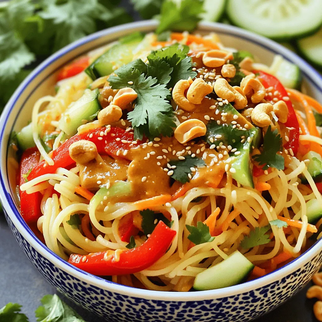To make the Spicy Cashew Noodle Salad, you will need these ingredients: - 200g rice noodles - 1 cup raw cashews - 1 red bell pepper, julienned - 1 medium cucumber, julienned - 1 cup shredded carrots - 3 green onions, thinly sliced - 1/4 cup fresh cilantro, chopped - 1/4 cup soy sauce (or tamari for gluten-free) - 2 tablespoons sriracha (adjust based on spice preference) - 2 tablespoons creamy peanut butter - 1 tablespoon sesame oil - Juice of 1 lime - 1 tablespoon honey (or maple syrup for vegan option) - Salt and pepper to taste - Sesame seeds for garnish You can easily swap some ingredients. Here are a few ideas: - Rice noodles: Use whole wheat noodles or gluten-free pasta. - Cashews: Almonds or peanuts work well too. - Soy sauce: Coconut aminos is a great gluten-free option. - Sriracha: Try chili paste or hot sauce if you prefer. - Honey: Use agave syrup for a vegan choice. - Veggies: Add bell peppers, snap peas, or cabbage for more crunch. Each serving of Spicy Cashew Noodle Salad offers: - Calories: Approximately 350 - Protein: 10g - Carbs: 45g - Fats: 15g - Fiber: 5g This salad is full of healthy fats, fiber, and protein! It’s a tasty way to enjoy a meal while being kind to your body. For the complete recipe and steps, check the Full Recipe. To start, bring a large pot of water to a boil. Add 200g of rice noodles. Cook them for about 4-5 minutes, or as the package says. You want them tender but firm. Drain the noodles and rinse them with cold water. This stops the cooking and keeps them from getting sticky. Set the noodles aside while you prepare the other ingredients. Next, take a skillet and heat it over medium heat. Add 1 cup of raw cashews to the pan. Toast them for 5-7 minutes. Stir them often to make sure they don’t burn. You want them to turn golden brown and smell good. Once done, remove them from the heat and let them cool a bit. After that, roughly chop the cashews for the salad. In a small bowl, whisk together the dressing. Combine 1/4 cup of soy sauce, 2 tablespoons of sriracha, and 2 tablespoons of creamy peanut butter. Add 1 tablespoon of sesame oil, the juice of 1 lime, and 1 tablespoon of honey. Mix until it’s smooth. This dressing packs a punch and ties the salad together. Now it’s time to mix everything. In a large bowl, add the cooked noodles. Then, toss in 1 red bell pepper, 1 medium cucumber, 1 cup of shredded carrots, and 3 sliced green onions. Don’t forget to add 1/4 cup of chopped cilantro. Pour the dressing over the noodles and veggies. Gently toss everything until well coated. Season with salt and pepper to taste. Now, you’re ready to enjoy a fresh and vibrant Spicy Cashew Noodle Salad. For the full recipe, check out the complete guide. You can change the heat in the salad to fit your taste. If you like it mild, cut the sriracha to one tablespoon. For more heat, add an extra tablespoon. Always taste as you go. That way, you can find the right level of spice for you. A great-looking salad makes it more fun to eat. Use a colorful bowl to serve. Arrange the veggies in a bright pattern. You can layer the carrots, cucumber, and bell pepper to create a rainbow effect. Finish by garnishing with extra cilantro and sesame seeds for a lovely touch. This salad is perfect on its own or as a side. Serve it with grilled chicken or shrimp for a full meal. You can also pair it with spring rolls for a fun lunch. For a quick snack, enjoy it cold right from the fridge. Check out the Full Recipe for more ideas! {{image_2}} You can easily make this dish vegan. Swap honey for maple syrup. This simple change keeps the sweetness while keeping it plant-based. You can also use vegan creamy peanut butter. Look for brands without added sugars or oils. These swaps make your salad just as tasty. To make your salad gluten-free, choose tamari instead of soy sauce. Tamari has a similar taste but is safe for gluten-free diets. Be sure to check the rice noodles for gluten. Most brands are gluten-free, but it's good to double-check. These easy swaps keep the flavor while making it safe for all. Want to make your salad heartier? Consider adding proteins like grilled chicken, shrimp, or tofu. These options bring extra flavor and texture. You can also toss in more veggies. Try snap peas, broccoli, or bell peppers. Each adds a nice crunch. Feel free to mix and match to suit your taste. You can store leftover spicy cashew noodle salad in the fridge. Use an airtight container. It stays fresh for about three days. Keep the salad cool and avoid leaving it out too long. If you want to keep the cashews crunchy, store them separately. This way, they stay nice and crisp. For longer storage, consider freezing the noodles. Cook the noodles and let them cool. Place them in a freezer-safe bag. Squeeze out as much air as possible. They can last up to three months in the freezer. However, the veggies and dressing do not freeze well. It’s best to use fresh ingredients when you plan to eat the salad. When you’re ready to enjoy your salad, if using frozen noodles, thaw them first. You can do this overnight in the fridge or use the microwave. After thawing, heat them in a pan over low heat. You can add a splash of water or oil to keep them moist. If you prefer, enjoy the salad cold. Just mix it well and add fresh toppings. You can find the full recipe to make this dish again and enjoy it fresh! You can add cooked chicken, shrimp, or tofu for extra protein. Grilled chicken gives a nice flavor. Shrimp adds a lovely texture. Tofu is great for a plant-based option. Each choice will boost the protein without changing the salad's fun taste. The salad lasts about three days in the fridge. Store it in an airtight container. This keeps the salad fresh and tasty. The veggies may lose some crunch, but the flavors will still shine. Yes, you can make the dressing ahead of time. It keeps well in the fridge for about a week. Just give it a stir before using. This saves time when you want to enjoy the salad quickly. You can find the full recipe for Spicy Cashew Noodle Salad above in the article. It includes all the steps and tips for making this delightful dish. Enjoy making it! This blog post covered how to make a tasty Spicy Cashew Noodle Salad. We discussed the key ingredients and easy substitutions. The step-by-step guide makes cooking simple. Tips helped with presentation and spice levels for your taste. In the variations section, you learned about vegan and gluten-free options. Finally, I shared storage tips for keeping your salad fresh. Now, you have all the tools to enjoy a great dish any time. Dive in and start creating!