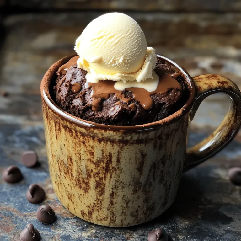 To make a fudgy brownie mug cake, you need simple ingredients. Each item plays a key role in creating your delicious treat. Here’s what you’ll need: - 4 tablespoons all-purpose flour - 4 tablespoons granulated sugar - 2 tablespoons unsweetened cocoa powder - 1/8 teaspoon baking powder - 3 tablespoons vegetable oil - 3 tablespoons water - 1/4 teaspoon vanilla extract - A pinch of salt - Optional: chocolate chips, nuts, or a scoop of ice cream for topping Each ingredient works together to create that rich, fudgy texture. The all-purpose flour gives structure. Granulated sugar adds sweetness, while unsweetened cocoa powder brings that deep chocolate flavor. Baking powder helps the cake rise just right. Vegetable oil makes the cake moist. Water mixes everything together smoothly. Vanilla extract adds warmth and flavor. A pinch of salt balances the sweetness. Feel free to customize your mug cake! Add chocolate chips or chopped nuts for extra taste. You can even top it with ice cream. This simple list makes it easy to whip up a tasty treat anytime. For the full recipe, check out the details above. First, grab a microwave-safe mug. It should hold about 12 oz. In the mug, mix these dry items: - 4 tablespoons all-purpose flour - 4 tablespoons granulated sugar - 2 tablespoons unsweetened cocoa powder - 1/8 teaspoon baking powder - A pinch of salt Stir these ingredients well. Make sure there are no lumps. This step sets the stage for a great texture. Next, add the wet ingredients. Pour in: - 3 tablespoons vegetable oil - 3 tablespoons water - 1/4 teaspoon vanilla extract Mix everything together until smooth. Scrape the bottom and sides of the mug. You want a nice batter with no dry spots. If you like, fold in a tablespoon of chocolate chips or nuts for extra flavor. Now, it's time to cook! Microwave the mug cake for about 40-60 seconds on high. Start with 40 seconds. Check the cake’s height and texture. If it’s not set, add 10 seconds more. You want it fudgy but not gooey. Let the mug cake cool for a minute before digging in. It’s a warm, chocolaty treat. For extra fun, top it with ice cream or more chocolate chips. Enjoy your quick and easy treat! To get the best fudgy brownie mug cake, you want a soft, moist center. Mix the dry ingredients well to avoid lumps. When you add the wet ingredients, stir until smooth. Don't overmix; just combine until you see no dry flour. This will help keep the cake light and fluffy. Want to make your mug cake even better? Try adding some chocolate chips or nuts to the batter. These give a nice texture and extra flavor. You can also add a pinch of espresso powder for a coffee kick. If you like more sweetness, fold in a tablespoon of peanut butter or Nutella, too. Microwaves can vary, so watch your cake closely. Start with 40 seconds, then check if it’s done. If it looks wet, microwave in 10-second bursts. You want it to rise but still be soft and fudgy. Let it cool for a minute before diving in. This makes it easier to eat and the flavors meld together beautifully. For the full recipe, just refer back to the main section. {{image_2}} You can change the taste of your mug cake easily. Try adding mint extract for a fresh twist. Just a drop can make a big difference. Peanut butter is another great option. Mix in a spoonful for rich, nutty goodness. If you love coffee, espresso powder is perfect. It adds depth to the chocolate flavor. Want a gluten-free version? Swap all-purpose flour with almond flour or a gluten-free blend. These options work well in this recipe. Just keep the same measurements. Your mug cake will still be rich and fudgy, and you won't miss the wheat. To make this mug cake vegan, use a plant-based oil like coconut oil. Replace the water with almond or soy milk for extra creaminess. For the egg-free version, no need to worry. The recipe holds up well without eggs. Enjoy a delicious vegan treat in just minutes. For the full recipe, check out the [Full Recipe]. To store leftover brownie mug cake, let it cool first. Once cool, cover it tightly with plastic wrap or transfer it to an airtight container. This keeps the cake moist and fresh. Store it in the fridge for up to two days. However, I recommend enjoying it fresh for the best taste. When you want to enjoy your leftover mug cake, simply reheat it in the microwave. Place the mug in the microwave for about 10 to 15 seconds. Check to see if it’s warm enough. If it needs more time, heat in 5-second intervals. This keeps the cake soft and fudgy. If you want to make the mug cake in advance, prepare the dry ingredients first. Mix the flour, sugar, cocoa, baking powder, and salt. Store this mix in a sealed bag or jar. When you are ready, add the wet ingredients. This method saves time and makes it easy to whip up a treat. Just remember, it's best to cook it right away for the best texture. For the detailed recipe, check out the Full Recipe section. You know your mug cake is done when it has risen and feels firm. Use a toothpick to check the center. If it comes out clean, it's ready. If the cake is still wet, microwave it in 10-second bursts. Remember, you want it fudgy, not dry. Yes, you can use different flours, but results may vary. Almond flour works well for a nutty taste. Coconut flour absorbs more moisture, so reduce the amount. Whole wheat flour adds fiber but may change the texture slightly. Experiment to find your favorite! You can use melted butter, coconut oil, or applesauce instead of vegetable oil. Each choice adds its own flavor and texture. Butter adds richness, while applesauce keeps it moist and cuts calories. Choose what you have on hand for a tasty treat. This mug cake is a treat, not a health food. It has sugar and oil, but you can make it healthier. Use less sugar or a sugar substitute. Swap in applesauce for the oil. Add nuts for protein or dark chocolate for antioxidants. Balance is key! To make more servings, multiply the ingredients by the number of mugs you need. Keep the cooking time similar, but check each one for doneness. Make sure you have enough microwave space for all the mugs. Enjoy sharing this quick and easy treat with friends! For more detailed steps, check out the Full Recipe. This blog post covered how to make a simple, tasty mug cake in your microwave. We discussed the basic ingredients like flour, sugar, and cocoa powder. I shared steps to mix wet and dry ingredients for the best texture. You learned tips for flavors, variations, and even storage. Mug cakes are easy and fun to customize. Make it your own! Enjoy your quick, sweet treat and experiment with different flavors.