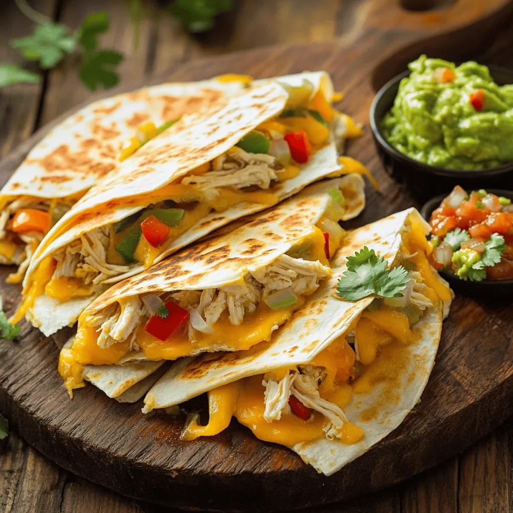 To make easy chicken quesadillas, you need these key items: - 2 cups cooked chicken, shredded - 1 cup shredded cheese (cheddar or Monterey Jack) - 1 bell pepper, diced - 1 small onion, finely chopped - 1 teaspoon cumin - 1 teaspoon paprika - 1 tablespoon olive oil - 4 large flour tortillas - Salt and pepper to taste - Salsa or guacamole (for serving) These ingredients create a tasty blend of flavors. The chicken provides protein, while cheese adds creaminess. Bell peppers and onions give crunch and freshness. Cumin and paprika add a warm, earthy taste. Using fresh ingredients can improve your quesadillas' taste. Fresh veggies like bell peppers and onions are crisp and vibrant. You can also use frozen items for quick meals. Frozen chicken works well if you are short on time. Just be sure to thaw it first. You can adjust the recipe for different diets. For a vegetarian option, swap chicken for black beans or mushrooms. If you want a gluten-free version, use corn tortillas. You can also try different cheeses, like feta or pepper jack, for unique flavors. To make chicken quesadillas, you first need to prepare your ingredients. Start with cooked chicken. Shred it into small pieces. Next, dice one bell pepper and chop one small onion finely. This adds flavor and color to your dish. Measure out one cup of cheese and your spices. You will need cumin and paprika. Don't forget salt and pepper! Heat a medium skillet over medium heat and add one tablespoon of olive oil. Once hot, toss in the chopped onion and diced bell pepper. Sauté these for about five minutes. The goal is to soften them and bring out their sweetness. Then, mix in the shredded chicken, cumin, paprika, salt, and pepper. Stir well and heat for another three to four minutes. This step packs your quesadillas with flavor! Slice each quesadilla into wedges. Serve them warm with salsa or guacamole on the side. For added zest, try a squeeze of lime juice over the top. You can also pair them with a fresh salad or rice for a full meal. This makes the dish not only tasty but also fun to share! For the full recipe, check out the earlier section. To make the best quesadillas, use medium heat. This helps the tortillas cook evenly. Make sure to add enough cheese; it holds the filling together. Always let the skillet get hot before adding the quesadilla. This step helps create a crispy outside. Flip the quesadilla gently to avoid spilling the filling. Don’t overfill your quesadillas. Too much filling makes them hard to cook and flip. Avoid using cold ingredients straight from the fridge. They can make the quesadilla soggy. Also, don’t rush the cooking time. Letting them cook for the right amount of time is key to melting the cheese. You can mix and match fillings to fit your taste. Try adding black beans or corn for added texture. You can also use different meats, like shrimp or beef. If you want a fresh twist, add spinach or kale. For a fun kick, toss in some jalapeños or hot sauce. The possibilities are endless! For more ideas, check the Full Recipe. {{image_2}} You can make tasty vegetarian quesadillas easily. Use the same tortillas and add your favorite veggies. Try using: - 1 cup black beans, rinsed - 1 cup corn, frozen or fresh - 1 cup spinach, chopped - 1 cup mushrooms, sliced These options are healthy and full of flavor. Mix and match ingredients to suit your taste. Cheese is still a great addition for creaminess. Want some heat? Add jalapeños or hot sauce to your chicken mix. Use these ideas for a spicy kick: - 1 small can of diced green chilies - 1 teaspoon chili powder - 1 teaspoon cayenne pepper These spices will elevate the flavor. Adjust the heat to match your preference. Pair with sour cream to cool things down. Get creative with flavors in your quesadillas. Here are some fun combinations: - BBQ chicken with red onion and cheddar cheese - Pesto chicken with spinach and mozzarella - Taco-seasoned chicken with refried beans and cheese These unique mixes keep the meal exciting. Don't be afraid to experiment. Delicious results await! For full instructions, check the Full Recipe. Store leftover quesadillas in an airtight container. Let them cool first. This keeps them fresh. You can keep them in the fridge for up to three days. If you want to keep them longer, consider freezing. To freeze, wrap each quesadilla in plastic wrap. Then, place them in a freezer bag. Make sure to squeeze out as much air as possible. This helps prevent freezer burn. You can freeze quesadillas for up to three months. When you're ready to eat them, just thaw in the fridge overnight. Reheat quesadillas in a skillet for the best taste. Heat over medium-low heat. Cook for about 3-4 minutes on each side. This keeps the outside crispy and the inside warm. You can also use the oven. Preheat to 350°F and bake for 10-15 minutes. Enjoy your quesadillas with salsa or guacamole from the Full Recipe. You can add your favorite veggies. Try mushrooms, corn, or spinach. You can also swap the chicken for beef or beans for a vegetarian option. Don't forget to change up the spices too! A little bit of taco seasoning can give a nice kick. Experiment with flavors that you love. I recommend using cheddar or Monterey Jack cheese. They melt nicely and give great flavor. You can also mix different cheeses for a unique taste. Pepper Jack adds some heat if you like spice. Just use whatever cheese you enjoy. Yes, you can prepare them ahead of time! Make the filling, then store it in the fridge. When you're ready to eat, assemble and cook the quesadillas. This saves time for busy days. You can also assemble them and keep them in the fridge for a few hours before cooking. Cook them in a hot skillet with a little oil. This helps the outside get crunchy while the inside melts. Make sure not to overload them with filling, as that can make them soggy. Flip them gently to keep them intact. Absolutely! Whole wheat tortillas add fiber and nutrients. They also taste great. Just use the same method for cooking and assembling. Enjoy the health benefits without losing flavor. Salsa, guacamole, or sour cream work well as dips. A fresh salad or rice also makes a nice side. You can even serve them with beans for added protein. Get creative with sides that you enjoy. Look for a golden-brown color on both sides. The cheese inside should be melted and gooey. You can also check by cutting one in half to see if the cheese is melted. If it is, you’re ready to enjoy! In this blog post, we explored easy chicken quesadilla recipes. We covered key ingredients, cooking steps, and tips for success. You learned about alternatives for dietary needs and how to store leftovers. By using these ideas and methods, you can make your quesadillas taste great every time. Don’t be afraid to get creative with flavors. Enjoy your cooking journey, and make delicious meals for you and your loved ones!