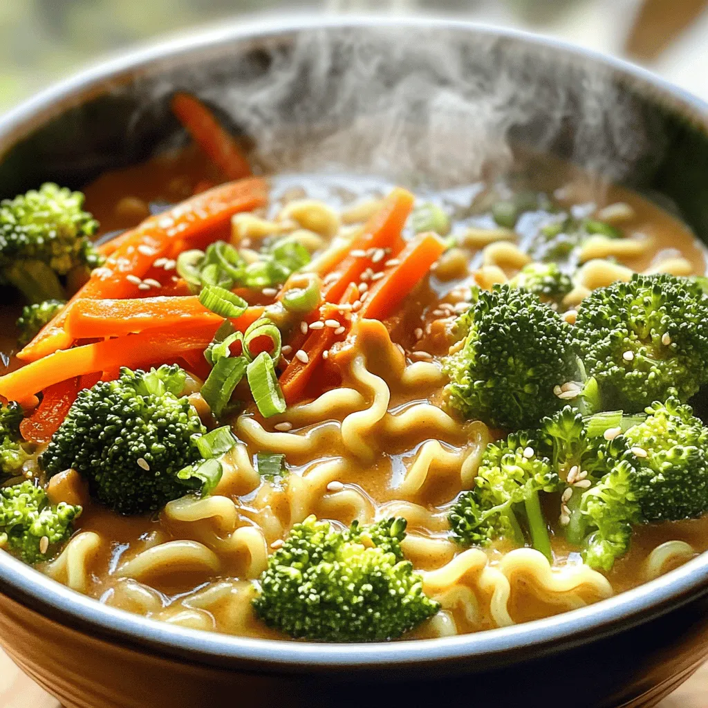 - Ramen noodles - Peanut butter (smooth or crunchy) - Sesame oil - Broccoli florets - Carrot, julienned - Red bell pepper, sliced - Green onions - Sesame seeds - Vegetable broth - Soy sauce - Sriracha - Ginger - Garlic When I create Spicy Peanut Butter Ramen, I always focus on the key ingredients. The ramen noodles are the base of this dish. They soak up all the flavors and create a comforting texture. You can choose smooth or crunchy peanut butter. Both add rich flavor and creaminess. Next, I love to add sesame oil. It brings a nutty aroma and depth to the dish. For vegetables, I use colorful broccoli, julienned carrots, and sliced red bell peppers. They add nutrition and crunch. Green onions and sesame seeds make perfect garnishes, adding freshness and a slight crunch. The broth is where the magic happens. I start with vegetable broth for a light base. Soy sauce adds salty umami flavor. Sriracha gives it a delightful kick, which you can adjust to your taste. Fresh ginger and garlic bring warmth and aromatic notes. I combine all these ingredients for a flavor-packed meal. For the full recipe, check out the link. Now, let’s get cooking! First, cook the ramen noodles according to the package instructions. This usually takes about 3 to 4 minutes. Drain the noodles and set them aside. To ensure a perfect noodle texture, avoid overcooking. Rinse the noodles with cold water after draining. This helps stop the cooking process and keeps them firm. Next, heat 1 tablespoon of sesame oil in a large saucepan over medium heat. Add 2 cloves of minced garlic and 1 teaspoon of grated ginger. Sauté these for about 1 minute, until they smell great. Then, pour in 2 cups of vegetable broth, 1 tablespoon of soy sauce, and 1 tablespoon of sriracha. Stir well to combine and bring the mixture to a gentle simmer. Now it's time to add some color and crunch. Toss in 1 cup of broccoli florets, 1 julienned carrot, and 1 sliced red bell pepper. Cook these in the broth for 3 to 4 minutes. You want the veggies to be tender but still crisp. This way, they add good texture to the dish. Once your veggies are ready, stir in 2 tablespoons of peanut butter. Mix it well until it melts into the broth. This creates a creamy and spicy sauce. Next, add the cooked ramen noodles to the saucepan. Toss them gently in the sauce until they are well coated. Serve hot and enjoy your spicy peanut butter ramen! For the full recipe, check out the details above. To create a creamy peanut butter sauce, start with smooth peanut butter. Smooth peanut butter blends well, making it easy to mix into the broth. If you prefer crunchy, add it later for texture. Add your peanut butter to the broth slowly. Stir until it melts fully. This step is key for a silky sauce. To adjust the spice level, start with a small amount of sriracha. You can always add more later. If you like it mild, use just a teaspoon. For heat seekers, go for a tablespoon or more. Taste as you go to find your perfect balance. A beautiful dish makes the meal special. To enhance your Spicy Peanut Butter Ramen, use a large bowl. This allows all the colors to shine. Layer the veggies on top for a vibrant look. Sprinkle sesame seeds and chopped green onions for contrast. You can also add a drizzle of sriracha on top for visual appeal. When serving, consider using chopsticks alongside a spoon. This gives your meal an authentic touch. You can also serve it with lime wedges for a fresh burst of flavor. One common mistake is overcooking the noodles. Follow the package instructions carefully. Drain them just before they are fully soft. They will continue cooking in the hot broth. Another mistake is letting the sauce separate. To avoid this, stir the sauce well before adding the noodles. Mix them gently but thoroughly. If the sauce looks too thick, add a splash of broth. This keeps it creamy and smooth. {{image_2}} You can add protein to your Spicy Peanut Butter Ramen for more flavor and nutrition. Here are some great options: - Chicken breast, sliced thin - Shrimp, peeled and deveined - Tofu, cubed and pan-fried - Pork tenderloin, thinly sliced - Beef strips, marinated and cooked Chicken pairs well, as it absorbs flavors nicely. Tofu is a great choice for a vegetarian option. Cook your protein separately and add it to the ramen just before serving. This keeps it juicy and tender. Adding different vegetables can change the taste and look of your ramen. You can use: - Snow peas for a crunchy bite - Spinach or kale for extra greens - Mushrooms for an earthy flavor - Zucchini, sliced or spiralized - Bell peppers in different colors for sweetness Seasonal veggies work best. In summer, try fresh corn or cherry tomatoes. In fall, add butternut squash for a sweet touch. These veggies can boost nutrients and make your dish more colorful. You can enhance the flavor of your ramen with extra spices or sauces. Here are some ideas: - Add lime juice for a zesty kick. - Use sesame seeds for crunch and flavor. - Try chili flakes for more heat. - Swap soy sauce for tamari for a gluten-free option. If you want a creamier sauce, mix in coconut milk. This gives a tropical twist. Adjust these ingredients based on your taste or dietary needs. This way, your ramen can be uniquely yours. For the complete recipe, check the Full Recipe. To keep your Spicy Peanut Butter Ramen fresh, follow these tips: - Cool it down: Let the ramen cool to room temperature. - Use airtight containers: Store leftovers in airtight containers. This prevents moisture loss and keeps flavors intact. - Refrigerate: Place the container in the fridge. Consume within 3 days for the best taste. When reheating, you want to keep the flavor and texture. Here’s how: - Use a pot: Pour the ramen into a pot over low heat. - Add a splash of broth: This helps bring back creaminess. Stir gently until warmed through. - Microwave option: If using a microwave, cover the bowl to keep moisture in. Heat in short bursts, stirring in between. You can freeze Spicy Peanut Butter Ramen with care: - Yes, you can freeze: Freeze the ramen without the veggies. They lose texture when thawed. - Use freezer-safe containers: Pack the noodles and sauce in containers or freezer bags. - Thawing: To thaw, place it in the fridge overnight. Reheat on the stove, adding broth if needed. For the complete recipe, check out the Full Recipe section. To make this dish vegetarian or vegan, use vegetable broth instead of chicken or beef broth. You can also swap the soy sauce for tamari, which is a gluten-free option. For protein, add tofu or tempeh. Just cube them and toss them in during the cooking stage. This keeps the meal plant-based and delicious. If you have a peanut allergy, consider using sunflower seed butter. It has a creamy texture and a nutty flavor. Another option is soy nut butter. It mimics peanut butter well and works in this recipe. Both options will give you a great taste without the nuts. Yes! To make Spicy Peanut Butter Ramen gluten-free, choose gluten-free ramen noodles made from rice or buckwheat. For broth, ensure you use gluten-free soy sauce or tamari. This way, everyone can enjoy this tasty dish. The heat level depends on how much sriracha you use. The base recipe calls for one tablespoon, which gives a nice kick. If you prefer it milder, start with less and adjust to your taste. You can always add more sriracha after cooking if you want extra heat. Absolutely! This ramen dish is great for meal prep. Cook it ahead and store it in airtight containers. It keeps well in the fridge for up to three days. Just reheat it on the stove or in a microwave. If you want to keep the noodles from getting soggy, store them separately and mix before serving. For the full recipe, check out the original details to guide your prep! This blog post shared a simple recipe for Spicy Peanut Butter Ramen. We covered essential ingredients like ramen noodles, peanut butter, and vegetable broth. You learned how to create a flavorful base and cook fresh veggies to pair with the noodles. We also explored storage tips and ways to adapt the dish for dietary needs. Remember, cooking is about having fun and trying new things. Enjoy your ramen, and feel free to customize it to suit your taste!