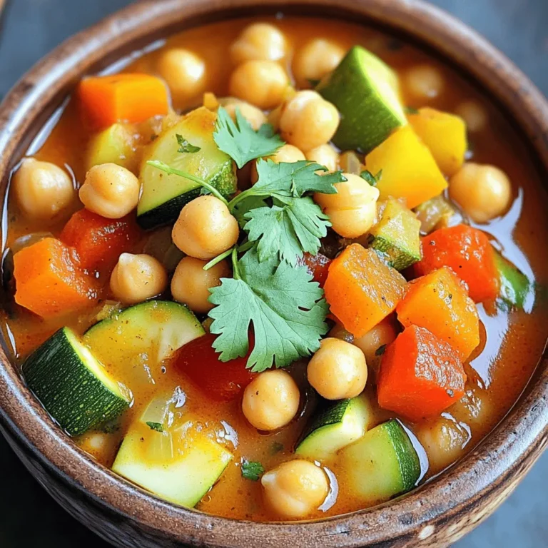 To make a great Moroccan chickpea stew, you need some key items. Here’s what you’ll need: - 1 can (15 oz) chickpeas, drained and rinsed - 1 large onion, chopped - 3 cloves garlic, minced - 2 medium carrots, diced - 1 red bell pepper, chopped - 1 zucchini, diced - 1 can (14 oz) diced tomatoes, with juices - 2 cups vegetable broth - 1 tablespoon olive oil - 1 teaspoon ground cumin - 1 teaspoon ground coriander - 1 teaspoon ground cinnamon - 1 teaspoon smoked paprika - Salt and pepper, to taste - Fresh cilantro or parsley, for garnish These ingredients form the base of your stew. The chickpeas add protein, while the veggies provide great texture and flavor. You can boost the flavor with a few extra items. Consider adding: - 1 cup cooked quinoa or couscous This optional ingredient makes your meal more filling. It also adds a nice texture to the dish. If you don’t have certain items, don’t worry! Here are some swaps: - Use dried chickpeas instead of canned. Just cook them first. - Swap the zucchini for eggplant or spinach. - Use any broth you have on hand – chicken or vegetable works great. These substitutions allow you to customize the stew to your taste. You can still enjoy a hearty meal even if you’re missing a few ingredients. For the complete recipe, check out the Full Recipe section. Start by heating the olive oil in a large pot over medium heat. Once hot, add the chopped onion. Sauté the onion for about five minutes until it becomes soft. Next, add minced garlic and cook for one more minute. The garlic should smell great and fragrant. Now, add the diced carrots and red bell pepper to the pot. Cook these veggies for five minutes, stirring them often. This helps them soften and mix well. After the vegetables soften, stir in the diced zucchini. Now it's time to add the spices: ground cumin, coriander, cinnamon, and smoked paprika. Cook for another two to three minutes. This helps to bring out the flavor of the spices. Next, add the drained chickpeas and diced tomatoes with their juices to the pot. Pour in the vegetable broth too. Bring everything to a boil, then reduce the heat to low. Let the stew simmer for about 20 to 25 minutes. Stir it occasionally to prevent sticking. If you want a thicker stew, lightly mash some chickpeas against the pot with a fork. This adds a nice, creamy texture. When it's done cooking, season it with salt and pepper to taste. Remove the pot from the heat and let it rest for a few minutes. Serve it hot, garnished with fresh cilantro or parsley. You can enjoy it plain or over cooked quinoa or couscous for a complete meal. For more details, refer to the Full Recipe. To get the best flavor, start with good ingredients. Choose fresh, ripe vegetables. The spices are key too. Use ground cumin, coriander, cinnamon, and smoked paprika. Toast them in the pot first. This brings out their flavors and makes your stew pop. You can also add a splash of lemon juice at the end. It brightens the dish and adds a fresh taste. Adjusting spice levels is easy. If you want more heat, add red pepper flakes. Start with a pinch, then taste. You can always add more. If the stew is too spicy, add a bit of honey or sugar. This helps balance the heat. You can also add more broth to tone it down. To thicken the stew, mash some chickpeas with a fork. This adds creaminess without extra ingredients. You can also cook it longer to reduce the liquid. If you want a lighter stew, add more broth or water. This makes it soupy, which is nice too. For a heartier meal, serve it over quinoa or couscous. Check the full recipe for more tips! {{image_2}} You can customize your Moroccan chickpea stew with other vegetables. Try adding sweet potatoes for a nice texture. Spinach or kale can give a fresh taste and more nutrients. Eggplant adds richness, while butternut squash brings sweetness. Feel free to mix and match based on what you enjoy or have on hand. For added protein, you can include meat or tofu. Chicken or lamb works well with the stew’s spices. Simply brown the meat before adding other ingredients. If you prefer plant-based options, try firm tofu. Cut it into cubes and add it with the chickpeas. Both choices will make your meal more filling. Pair your stew with a side that complements its flavors. Warm, crusty bread is perfect for dipping. You can also serve it over fluffy quinoa or couscous to soak up the sauce. A dollop of yogurt adds creaminess. Fresh herbs like cilantro or parsley bring brightness to each bite. For the full recipe, check the link above. After enjoying your Moroccan chickpea stew, let it cool to room temperature. Transfer it into an airtight container. Make sure to seal it well to keep out air. Store it in the fridge for up to three days. This stew stays tasty, so you can enjoy it again! To reheat, pour the stew into a pot. Warm it on medium heat, stirring often. You can add a little water if it gets too thick. Heat until it reaches your desired warmth. You can also use the microwave. Place the stew in a microwave-safe bowl and cover it. Heat it for one to two minutes. Stir halfway for even heating. For longer storage, you can freeze the stew. Use a freezer-safe container or a zip-top bag. Leave some space at the top for expansion. Label the bag with the date so you know when you made it. Freeze for up to three months. When you're ready to eat, thaw it in the fridge overnight. Then, reheat it on the stove or in the microwave. Enjoy a warm, hearty meal any time! For the full recipe, check out the Moroccan Chickpea Stew section. Moroccan Chickpea Stew comes from Morocco, a country in North Africa. This dish reflects the rich culture and spice trade of the region. It blends spices like cumin, coriander, and cinnamon to create a warm, inviting flavor. You can find this stew in many Moroccan homes and restaurants. It is a staple dish for families and is often enjoyed during special occasions. Yes, you can use dried chickpeas! First, soak them overnight in water. This helps soften them. Then, boil them until they are tender, which takes about an hour. After that, add them to the stew as you would canned chickpeas. Just remember to adjust the cooking time. The stew may need a bit longer to cook with dried chickpeas, so keep an eye on it. To make a larger batch, simply multiply each ingredient by the number of servings you want. For example, if you need to serve eight people, double the ingredients. You can also use a bigger pot to cook everything evenly. This way, you ensure every bowl of stew is just as tasty as the last. If you're unsure about spice levels, start with less and taste as you go. I always say, it’s easier to add than to take away! For the full recipe, refer to the section above. In this post, we explored making Moroccan Chickpea Stew. We covered essential and optional ingredients, along with substitutions. I shared step-by-step instructions for cooking the stew. Then, I offered tips for flavor and texture, plus variations for creativity. We also discussed storing leftovers and answered common questions. Embrace this recipe to enjoy tasty, wholesome meals. Feel confident as you experiment. Enjoying cooking can lead to delicious results every time.