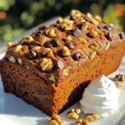 - 1 cup pure pumpkin puree - 1/2 cup vegetable oil - 1 cup brown sugar, packed - 1/2 cup granulated sugar - 3 large eggs - 2 teaspoons vanilla extract - 2 cups all-purpose flour - 1 teaspoon baking soda - 1/2 teaspoon baking powder - 1 teaspoon ground cinnamon - 1/2 teaspoon ground nutmeg - 1/2 teaspoon ground ginger - 1/4 teaspoon salt - 1 cup semi-sweet chocolate chips - 1/2 cup chopped walnuts or pecans (optional) Gathering the right ingredients is key for a great bake. Each item plays a role in flavor and texture. The pumpkin puree gives moisture and a rich taste. The oils help keep the bread soft. Brown sugar adds depth, while granulated sugar sweetens. Eggs bind everything. They create a tender crumb. Vanilla extract adds warmth. The flour builds structure. Baking soda and powder help the bread rise. Spices like cinnamon and nutmeg give that cozy fall flavor. Chocolate chips add sweetness and fun. If you like a nutty crunch, add walnuts or pecans. - 9x5 inch loaf pan - Mixing bowls - Whisk - Spatula You need a few tools to make this bread. A 9x5 inch loaf pan is best for shape. Mixing bowls help combine wet and dry items. A whisk mixes ingredients smoothly. A spatula is handy for scraping the bowl clean. - Calories: About 200 - Total Fat: 9g - Carbohydrates: 30g - Protein: 3g Knowing the nutrition facts helps you plan. Each slice has around 200 calories. It has 9 grams of fat, mostly from oil. The carbs come from sugar and flour. Each slice gives you a bit of protein too. For the full recipe, check out the guide. It makes this tasty treat easy to follow. 1. Preheat your oven to 350°F (175°C). 2. Grease a 9x5 inch loaf pan or line it with parchment paper. 3. In a large mixing bowl, combine the pumpkin puree, vegetable oil, brown sugar, and granulated sugar. Mix until smooth. 4. Add the eggs one at a time, mixing well after each. Stir in the vanilla extract. 1. In another bowl, whisk together the flour, baking soda, baking powder, cinnamon, nutmeg, ginger, and salt. 2. Gradually add the dry mix to the wet mix, stirring until just combined. Don’t overmix; this keeps the bread soft. 1. Gently fold in the chocolate chips and chopped nuts, if you want. 2. Pour the batter into your prepared pan, spreading it evenly. 3. Bake for 60 to 70 minutes. Check with a toothpick; it should come out clean when done. 4. Once baked, let it cool in the pan for about 10 minutes. Then, transfer it to a wire rack to cool completely. For the full recipe, check out the details above. Enjoy the sweet aroma filling your kitchen! To ensure even baking, always preheat your oven to the right temperature. Use an oven thermometer to check accuracy. Place your loaf pan in the center of the oven for the best heat circulation. This helps the bread bake evenly and rise nicely. For checking doneness, insert a toothpick into the center of the bread. If it comes out clean or with a few crumbs, your bread is ready. Be careful not to leave it in too long. Overbaking can lead to a dry loaf. To enjoy Chocolate Chip Pumpkin Bread, serve it warm. Slice it and add a spread of cream cheese. You can also top it with whipped cream for a tasty treat. If you want, sprinkle extra chocolate chips on top before baking. This adds a nice touch and makes it look pretty. One common mistake is overmixing the batter. Mix just until the ingredients combine. Overmixing can make the bread tough. Another mistake is not letting the bread cool properly. After baking, let it sit in the pan for about ten minutes. Then, move it to a wire rack to cool completely. This keeps the bread moist and helps it hold its shape. {{image_2}} You can easily switch ingredients in this recipe. For sweeteners, try using coconut sugar or maple syrup. Both add a unique flavor. If you want a lighter option, use applesauce instead of pumpkin puree. This will give you a different taste and texture. To make your bread even tastier, add spices like allspice or cloves. Both spices add warmth and depth. You can also mix in other goodies, like dried cranberries or white chocolate chips. Each mix-in gives a fun twist to the flavor. If you're gluten-free, switch the all-purpose flour for a gluten-free blend. Many options work well and keep the bread tasty. For vegan choices, replace eggs with flax eggs. Combine one tablespoon of ground flaxseed with three tablespoons of water. Let it sit for a few minutes before adding it to the mix. These swaps keep the bread delicious while meeting your diet needs. To keep your Chocolate Chip Pumpkin Bread fresh, store it in an airtight container. You can keep it on the counter or in the fridge. If you store it on the counter, it lasts about 2-3 days. If you want it to last longer, the fridge is best. Just make sure it is tightly sealed to avoid drying out. You can freeze Chocolate Chip Pumpkin Bread to enjoy later. First, let it cool completely. Then, wrap it tightly in plastic wrap. After that, place it in a freezer-safe bag. It can freeze for up to three months. When you want to eat it, take it out and thaw it in the fridge overnight. For quick thawing, you can leave it on the counter for a few hours. When stored properly, Chocolate Chip Pumpkin Bread stays fresh for about 1 week. After that, it may start to lose its taste and texture. Look for signs of spoilage like mold or a strange smell. If you see any, it’s best to toss it. Keeping an eye on the bread helps you enjoy it at its best! Yes, you can use fresh pumpkin. But fresh pumpkin has more moisture than canned. This can change the texture of your bread. If you use fresh, make sure to cook and drain it first. This step helps reduce excess moisture. Otherwise, your bread might turn out too wet. To check if your bread is done, use a toothpick. Stick it in the center of the loaf. If it comes out clean, your bread is ready. If there's batter on the toothpick, bake it a bit longer. Always set a timer for the full bake time, around 60 to 70 minutes. Yes! You can make this recipe ahead of time. Bake the bread, then let it cool. Wrap it well in foil or plastic wrap. Then store it at room temperature for up to three days. For longer storage, freeze it for up to three months. To reheat, just let it thaw and warm in the oven. This keeps the bread moist and tasty. You can find the Full Recipe above for more details on preparation. This Chocolate Chip Pumpkin Bread recipe is simple and fun to make. Start by gathering your ingredients and tools, then follow the steps to mix, bake, and enjoy. Remember to check for doneness and avoid overmixing. Feel free to experiment with variations, storage tips, or dietary needs. This bread keeps well and tastes great even days later. Whether you share it or enjoy it alone, this treat is sure to delight your taste buds. Happy baking!