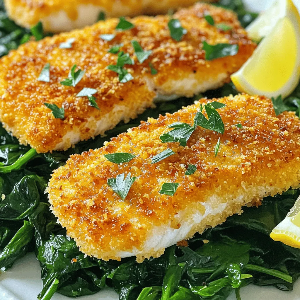 To make Parmesan Crusted Tilapia, you will need these simple ingredients: - 4 tilapia fillets - 1 cup grated Parmesan cheese - 1 cup breadcrumbs (preferably panko for extra crunch) - 1 teaspoon garlic powder - 1 teaspoon onion powder - 1 teaspoon dried Italian herbs (oregano, basil, thyme) - 1/2 teaspoon black pepper - 1/4 teaspoon salt - 2 large eggs - 2 tablespoons fresh lemon juice - 2 tablespoons melted butter or olive oil For the best results, I suggest using these brands: - Parmesan Cheese: Grana Padano or Parmigiano-Reggiano give great flavor. - Breadcrumbs: For crunch, try Kikkoman Panko or Ian's. - Spices: McCormick offers reliable garlic and onion powders. - Eggs: Choose organic or free-range for better taste. If you have dietary restrictions, here are some easy swaps: - Gluten-Free: Use gluten-free breadcrumbs instead of regular. - Egg-Free: Replace eggs with a mixture of 1 tablespoon flaxseed meal and 3 tablespoons water per fillet. - Dairy-Free: Substitute Parmesan with a vegan cheese or nutritional yeast. - Low-Sodium: Reduce or omit the salt for a healthier option. Feel free to check out the Full Recipe for more details on making this dish! Start by gathering your ingredients. You will need: - 4 tilapia fillets - 1 cup grated Parmesan cheese - 1 cup breadcrumbs (preferably panko for extra crunch) - 1 teaspoon garlic powder - 1 teaspoon onion powder - 1 teaspoon dried Italian herbs (oregano, basil, thyme) - 1/2 teaspoon black pepper - 1/4 teaspoon salt - 2 large eggs - 2 tablespoons fresh lemon juice - 2 tablespoons melted butter or olive oil Preheat your oven to 400°F (200°C). Lightly grease a baking sheet with cooking spray, butter, or olive oil. This will help the fish cook evenly and keep it from sticking. In a large bowl, mix the Parmesan cheese, breadcrumbs, garlic powder, onion powder, Italian herbs, black pepper, and salt. Stir well to blend all the flavors. In another bowl, whisk together the eggs and lemon juice until they are well combined. This mixture will help the coating stick to the tilapia. Take each tilapia fillet and dip it into the egg mixture. Make sure it is fully coated on both sides. Let any extra egg drip off. Then, place the fillet into the cheese and breadcrumb mix. Press gently to ensure the coating sticks well. Repeat this for all fillets and arrange them on your greased baking sheet. Drizzle melted butter or olive oil on top of each fillet for added crispiness. Now it's time to bake the fish. Place the baking sheet in the preheated oven. Bake for 15 to 20 minutes. The fish is done when it is flaky and the crust is golden brown. For an extra crispy finish, switch the oven to broil for 1 to 2 minutes. Keep a close eye to avoid burning. Once done, remove the tilapia from the oven. Let the fillets sit for a couple of minutes before serving. This allows them to firm up a bit. Enjoy this tasty dish! For the complete recipe, check out the Full Recipe. To get that perfect crispy crust, use panko breadcrumbs. They are light and airy. This gives your tilapia a nice crunch. Make sure to coat the fish well. Press the breadcrumb mix onto the fillets. This helps it stick during baking. Drizzling melted butter or olive oil adds flavor and crunch. For an extra crispy finish, broil for a minute or two at the end. You can boost the flavor in many ways. Add fresh herbs like parsley or dill for a bright taste. A touch of red pepper flakes gives it a spicy kick. You can also swap out the cheese. Try using Romano or Asiago for a different twist. Lemon zest adds a fresh zing. You can get creative with your spices too. Experiment with smoked paprika or even a bit of cayenne. One common mistake is not drying the fish. Pat your tilapia dry with paper towels. This helps the coating stick better. Another mistake is overcrowding the baking sheet. Give each fillet space to cook evenly. Lastly, don't skip the broiling step. It makes the crust golden and appealing. For the full recipe, follow the steps closely for the best results. {{image_2}} You can switch up the cheese in this recipe. While Parmesan gives a nice flavor, you can try other cheeses. Pecorino Romano adds a sharp taste. For a milder flavor, use mozzarella. You can even mix cheeses for a unique twist. Just keep the amount the same to maintain texture. Baking is easy, but you can try other methods too. Air frying gives a crispy finish with less oil. Simply follow the same coating steps, then set your air fryer to 375°F and cook for 10-12 minutes. If you like grilling, you can grill the fillets. Use a grill pan or wrap them in foil to prevent sticking. Pair your tilapia with tasty sides. Roasted vegetables or a fresh salad work great. You can serve it over rice or quinoa for a filling meal. Add lemon wedges for a zesty kick. For something special, drizzle a light herb sauce on top. This dish looks and tastes best when you present it well. Try serving the fillets on a bed of sautéed spinach or alongside roasted veggies. For the best experience, check out the Full Recipe for more tips. Store any leftover Parmesan crusted tilapia in the fridge. Use an airtight container to keep it fresh. This will help it last for 2 to 3 days. When ready to eat, check for any off smells or changes in color. These signs mean it’s best to discard it. You can freeze Parmesan crusted tilapia if you want to save it for later. Wrap each fillet tightly in plastic wrap. Then place them in a freezer-safe bag or container. This helps prevent freezer burn and keeps it fresh. The tilapia can stay in the freezer for up to 2 months. When you're ready to eat, thaw it in the fridge overnight before reheating. To reheat, use the oven for the best results. Preheat it to 350°F (175°C). Place the fillets on a baking sheet and cover loosely with foil. Heat for about 10 to 15 minutes. Check to see if the fish is warm throughout. You can also use the microwave, but this may make the crust less crispy. For the crispy crust, broil it for 1 to 2 minutes after reheating. Enjoy your meal! You can make Parmesan crusted tilapia healthier by changing a few things. First, use whole wheat breadcrumbs instead of regular ones. This adds fiber and nutrients. You can also use less cheese. Try cutting the Parmesan in half. Adding more herbs and spices will boost flavor without extra calories. Lastly, bake instead of frying to keep it light. Yes, you can use frozen tilapia fillets. Just make sure to thaw them first. Place the fillets in the fridge overnight or run them under cold water. Pat them dry before coating. This helps the mixture stick better. Cooking time may be the same, but check for doneness to ensure they are flaky. Many sides go well with Parmesan crusted tilapia. Here are a few tasty options: - Sautéed spinach - Roasted vegetables - Steamed asparagus - Quinoa or rice - A fresh garden salad These sides bring different colors and textures to your plate. They also add more nutrients to your meal, making it a balanced feast. For the full recipe, check out the complete guide. This blog post covered everything you need for Parmesan crusted tilapia. We explored the ingredients, including top brands and substitutes for diets. I walked you through prepping, coating, and baking the fish. We shared tips for a crispy crust and flavor boosts while avoiding common mistakes. You learned about variations, storage, and reheating guidelines. Lastly, we answered key FAQs to enhance your cooking. With this knowledge, you can confidently create a delicious meal that satisfies everyone. Enjoy your cooking adventure!