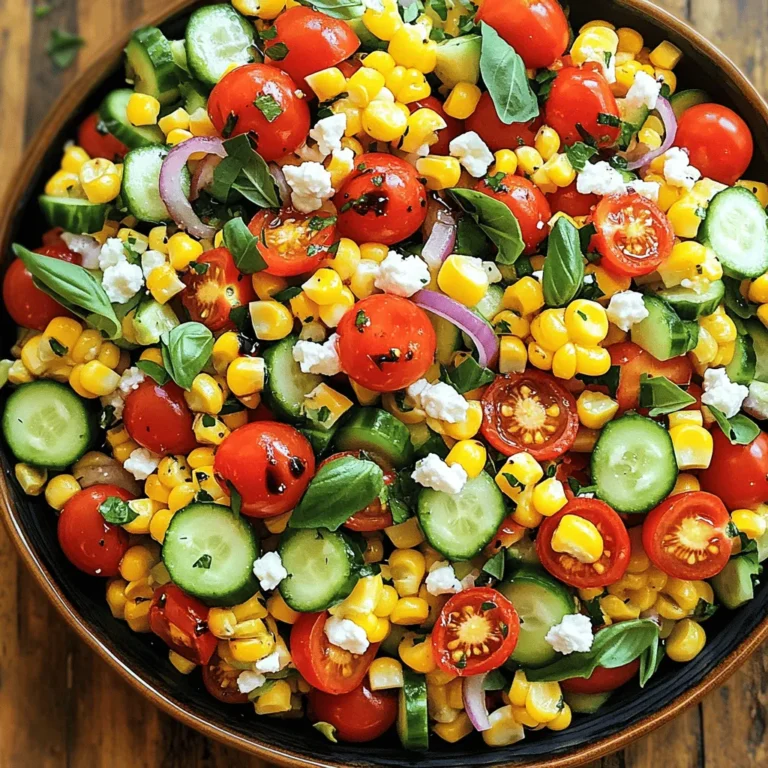 - 3 ears of fresh corn, husked - 2 cups cherry tomatoes, halved - 1 medium cucumber, diced - 1/4 red onion, finely chopped - 1/4 cup fresh basil leaves, chopped - 1/4 cup feta cheese, crumbled - 3 tablespoons olive oil - 2 tablespoons balsamic vinegar - Salt and pepper to taste - Total Preparation Time: 15 minutes - Number of Servings: 4 Gathering fresh ingredients is key to this salad's success. The corn should be sweet, the tomatoes ripe, and the basil fragrant. Each element adds a unique flavor and texture, making the salad vibrant and delicious. You can find fresh corn in local markets during summer. Cherry tomatoes burst with sweetness, while cucumber adds crunch. Red onion gives a mild bite, and fresh basil ties it all together. Don't forget the feta for a creamy finish. This simple gathering of fresh produce makes the salad not only tasty but also refreshing. The prep time is quick, so you can enjoy this dish in no time. For the full recipe, refer to the Sunny Summer Corn & Tomato Salad section. Boiling Method Start by filling a large pot with water. Add a pinch of salt and bring it to a boil. Once the water is bubbling, add the husked corn. Boil the corn for about 5 to 7 minutes until it is tender. This method keeps the corn sweet and juicy. Cooling Process After boiling, carefully remove the corn from the pot. Let it cool for a few minutes on a cutting board. Once it's cool enough to handle, use a sharp knife to slice off the kernels. Place the fresh corn kernels in a large mixing bowl. Slicing of Tomatoes and Cucumber Next, take 2 cups of cherry tomatoes and slice them in half. Their sweetness adds a bright flavor. Then, grab one medium cucumber and dice it into small pieces. The cucumber adds a refreshing crunch to your salad. Chopping the Onion and Basil Now, finely chop 1/4 of a red onion. This adds a nice bite to the dish. Also, chop 1/4 cup of fresh basil leaves. The basil gives your salad a lovely aroma and taste. Creating the Dressing In a small bowl, whisk together 3 tablespoons of olive oil and 2 tablespoons of balsamic vinegar. Add salt and pepper to taste for a burst of flavor. This dressing brings everything together. Combining All Ingredients Now, add the halved tomatoes, diced cucumber, chopped onion, and basil to the bowl with the corn. Drizzle the dressing over the top and toss gently. Finally, sprinkle 1/4 cup of crumbled feta cheese on top. Give it one last gentle toss to mix the cheese throughout the salad. This Summer Corn Tomato Salad is a fresh and vibrant dish that captures the essence of summer. For the full recipe, check out the details above! Selecting Fresh Corn and Tomatoes To get the best flavor, look for fresh corn. Choose ears with bright green husks. The kernels should feel plump and milky when you press them. For tomatoes, pick ones that are firm and fragrant. Cherry tomatoes should be bright red and shiny. How to Pick a Ripe Cucumber For cucumbers, pick ones that are firm and dark green. Avoid any with soft spots or wrinkles. A ripe cucumber should feel heavy for its size. The skin should look smooth and shiny. Serving Suggestions Serve the salad in a large bowl or on a platter. This lets everyone see the bright colors. You can also use small bowls for individual servings. This adds a personal touch. Garnishing Tips For garnishing, add extra basil leaves on top. A sprinkle of feta cheese gives it a nice look. You can also drizzle a bit of balsamic vinegar over the top for shine. Additional Herbs or Spices To boost the taste, try adding fresh herbs like parsley or mint. A squeeze of lemon adds brightness, too. If you like heat, consider a pinch of red pepper flakes. Pairing Suggestions This salad pairs well with grilled chicken or fish. It makes a great side for summer barbecues. You can also serve it with crusty bread for a light meal. For the full recipe, check out Sunny Summer Corn & Tomato Salad! {{image_2}} When it comes to making a Summer Corn Tomato Salad, you can play with many ideas. Here are some fun variations to try. You can turn this salad into a filling meal. Adding protein boosts flavor and nutrition. Here are two great options: - Grilled Chicken: Slice grilled chicken breast and mix it in. The smoky flavor pairs well with the fresh veggies. - Shrimp or Tofu: Cook shrimp until pink, or use cubed tofu for a plant-based choice. Both add great texture. Cheese can change the whole taste of your salad. If you want to switch things up, consider these ideas: - Switch from Feta: Try goat cheese or mozzarella for a creamier bite. Each cheese brings its own flavor. - Dairy-Free Alternatives: Use cashew cheese or nutritional yeast for a tasty vegan option. They add a nice richness without dairy. You can adapt this salad to fit the season. Here’s how to incorporate seasonal produce: - Incorporating Other Summer Veggies: Toss in bell peppers, zucchini, or radishes for extra crunch and color. The more, the merrier! - Fall Versions with Different Ingredients: Use roasted squash or apples in the fall. These ingredients give a warm, cozy twist. Explore these variations to make your Summer Corn Tomato Salad even more exciting. For the full recipe, check out Sunny Summer Corn & Tomato Salad. To keep your salad fresh, store it in an airtight container. This helps prevent moisture and keeps flavors intact. Place a layer of paper towels at the bottom of the container to absorb excess moisture. This simple trick works wonders. For leftovers, it is best to store them in the same container. Just make sure to seal it tightly. If the salad has dressing, it is better to keep the dressing separate. This helps maintain the crispness of the veggies. In the refrigerator, this salad lasts about 3 days. After that, the veggies may become soggy. Always check for freshness before eating. Look for any changes in color or texture. Freezing this salad is not recommended. The tomatoes and cucumbers will lose their crunch. They may become mushy when thawed. If you need to freeze, consider only freezing the corn. It can be added to other dishes later. To refresh leftovers, add a splash of olive oil or vinegar. This brightens the flavors again. You can also toss in fresh herbs for an extra kick. Transform leftovers into a wrap or sandwich. Use a tortilla or bread. Spread a layer of hummus or cream cheese before adding the salad. This creates a tasty and healthy meal option. Yes, you can use frozen corn. Fresh corn has a sweet taste and crisp bite. However, frozen corn is handy and saves time. Just thaw it and drain excess water before adding it to your salad. For the best flavor, I recommend fresh corn when it's in season. If you want a different cheese, try goat cheese or ricotta. Both have creamy textures and blend well. For a dairy-free option, use crumbled tofu mixed with lemon juice. This will give you a similar taste without dairy. This salad stays fresh for about three days in the fridge. Store it in an airtight container to keep it crisp. The tomatoes may release juice over time, so enjoy it within a couple of days for the best flavor. To make this salad vegan, omit the feta cheese. Instead, use avocado for creaminess or add nuts for crunch. You still get all the flavors and freshness without any animal products. Yes, you can prepare this salad ahead. Just mix all ingredients except the dressing and cheese. Store it in the fridge. Add the dressing and cheese right before serving to keep everything fresh and tasty. Check out the Full Recipe for more details. This blog post provided a clear guide to making a fresh salad. You need fresh veggies like corn, tomatoes, and cucumber. Mixing in feta cheese and a tasty dressing enhances flavors. I shared tips on ingredients, presentation, and how to store leftovers properly. Now, you can add your twist with protein and different cheeses. Keeping your salad fresh is simple. Enjoy trying the recipe and making it your own!
