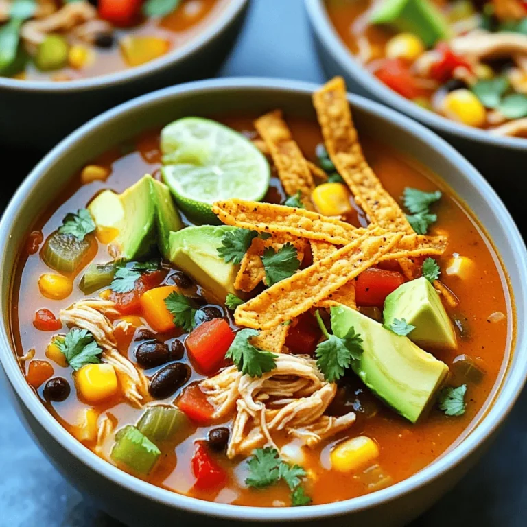 To make the best Southwest Chicken Tortilla Soup, gather these fresh ingredients: - 1 lb boneless, skinless chicken thighs (or breasts) - 1 medium onion, diced - 3 cloves garlic, minced - 1 can (14.5 oz) diced tomatoes (with juice) - 1 can (15 oz) black beans, rinsed and drained - 1 can (15 oz) corn kernels, drained - 4 cups chicken broth - 1 tablespoon chili powder - 1 teaspoon cumin - 1 teaspoon smoked paprika - 1 cup bell peppers (red and yellow), diced - 2 tablespoons olive oil - Salt and pepper to taste - Tortilla strips for garnish - Fresh cilantro, chopped for garnish - 1 avocado, diced (for serving) - Lime wedges (for serving) These ingredients create a warm and flavorful soup. The chicken adds protein, while beans and corn offer fiber and sweetness. Spices like chili powder and cumin bring heat and depth. Fresh toppings like avocado and cilantro add a bright touch. You can find the full recipe at the link provided. Enjoy preparing this comforting dish! 1. Sauté the Onion and Garlic Heat two tablespoons of olive oil in a large pot over medium heat. Add one diced onion and sauté it for about 3-4 minutes. You want it to become soft and clear. Then, add three minced garlic cloves. Cook for one more minute. The smell will be amazing! 2. Brown the Chicken Place one pound of boneless, skinless chicken thighs or breasts into the pot. Season the chicken with salt, pepper, one tablespoon of chili powder, one teaspoon of cumin, and one teaspoon of smoked paprika. Cook it for 5-6 minutes. You want it browned on all sides. 3. Add Broth and Vegetables Pour in four cups of chicken broth, one can of diced tomatoes (with juice), one can of rinsed black beans, one can of drained corn, and one cup of diced bell peppers. Stir it well to mix everything. This mix adds a lot of great flavor. 1. Bring to Boil and Simmer Turn the heat up to high and bring the soup to a boil. Once it boils, lower the heat to low. Cover the pot and let it simmer for 20-25 minutes. This allows the chicken to cook through and the flavors to blend. 2. Shred the Chicken After simmering, take the chicken out of the pot. Use two forks to shred it into pieces. This makes it easy to eat. Return the shredded chicken back to the soup. Stir everything together. 3. Adjust Seasoning Taste the soup and see if it needs more salt, pepper, or spices. Add what you think it needs. This step is key to making the soup just right for your taste. 1. Garnish Options Serve the soup hot and make it pretty with tortilla strips on top. Add diced avocado, fresh cilantro, and a squeeze of lime juice. These toppings give great crunch and flavor. 2. Recommended Side Dishes This soup pairs well with warm tortillas or a side salad. You can also serve it with rice for a filling meal. 3. Best Pairings with Southwest Chicken Tortilla Soup Try it with a refreshing drink like iced tea or a cold beer. The flavors mix well together, making your meal even better. For the full recipe, check out the complete guide. - Ensuring Tender Chicken To keep chicken tender, use thighs instead of breasts. Thighs have more fat, which makes them juicy. Cook them until they reach 165°F. This ensures they stay moist. - Best Practices for Flavor Depth For deeper flavor, sauté the onion and garlic until golden. This brings out their natural sweetness. Adding spices early while cooking also helps build layers of taste in the soup. - How to Achieve Perfect Consistency To get the right thickness, let the soup simmer longer. This reduces liquid and thickens the broth. If it’s too thick, add a bit more chicken broth to loosen it. - Proper Storage Techniques Store leftover soup in an airtight container. Let it cool to room temperature before sealing. This keeps the soup fresh and prevents spoilage. - Best Ways to Reheat the Soup Reheat the soup on the stove over medium heat. Stir often to prevent sticking. If using a microwave, heat in short intervals, stirring in between for even warming. - Freezing Tips for Long-Term Storage To freeze, let the soup cool completely. Use freezer-safe containers, leaving space for expansion. It keeps well for up to three months. Thaw overnight in the fridge before reheating. For the full recipe, be sure to check the detailed instructions above. {{image_2}} Gluten-Free Options To make this soup gluten-free, use corn tortillas for garnish. Avoid any pre-made tortilla strips that may contain gluten. All other ingredients are naturally gluten-free. Vegetarian or Vegan Alternatives For a vegetarian version, skip the chicken and use vegetable broth instead of chicken broth. You can add more beans or tofu for protein. For a vegan option, ensure the broth is plant-based and use avocado and lime for toppings. Low-Calorie Variations To reduce calories, cut back on olive oil and use skinless chicken. You can also add more vegetables like zucchini or spinach to increase volume without adding too many calories. Adding Spice If you like heat, add jalapeños or use a spicier chili powder. You can also sprinkle in cayenne pepper for a kick. Taste it as you go to find the right balance for you. Creative Ingredient Swaps Swap black beans for pinto beans or use quinoa instead of chicken for a hearty meal. You can replace bell peppers with diced carrots or sweet potatoes for a different flavor profile. International Twists on the Recipe To give this soup a twist, add curry powder for an Indian flair or miso paste for a touch of umami. Experiment with coconut milk for a creamy base, or add fresh herbs like basil for a unique taste. For the full recipe, check out the Southwest Chicken Tortilla Soup section. Calories per Serving Each serving of Southwest Chicken Tortilla Soup has about 350 calories. This soup is filling while remaining light. Macronutrient Content - Protein: 30 grams - Carbohydrates: 40 grams - Fat: 10 grams This balance of macronutrients helps fuel your body without overloading it. Health Benefits of Ingredients - Chicken: Packed with protein, it supports muscle growth. - Beans: These add fiber, helping digestion and keeping you full. - Vegetables: Diced tomatoes and bell peppers boost vitamins and minerals, promoting overall health. - Spices: Chili powder and cumin not only add flavor but also can aid digestion and reduce inflammation. Recommended Portion Sizes I suggest one to one and a half cups per person. This amount offers a hearty meal without being too heavy. Adjusting Servings for Meal Prep To make more, simply double or triple the recipe. Each ingredient scales easily, so no need to worry. Suitability for Different Diets This soup fits many diets. It is gluten-free and can be made dairy-free. Just skip any cheese toppings or use dairy-free options. How do I make Southwest Chicken Tortilla Soup from scratch? To make this soup from scratch, gather your ingredients. Start by heating olive oil in a pot. Sauté diced onion for about 3-4 minutes. Add minced garlic and cook for another minute. Then, add the chicken and seasonings. Brown the chicken for 5-6 minutes. Next, pour in the broth, tomatoes, beans, corn, and bell peppers. Bring to a boil, then simmer for 20-25 minutes. Shred the chicken and stir it back in. Serve hot with toppings. Can I make this soup in a slow cooker? Yes, you can make this soup in a slow cooker. Brown the chicken and onion in a pan first. Then, add everything to the slow cooker. Cook on low for 6-8 hours or high for 3-4 hours. Shred the chicken before serving. What can I substitute for chicken broth? If you don’t have chicken broth, you can use vegetable broth. You can also use water with added seasonings. It will change the flavor a bit, but it still works. Can I use frozen chicken in this recipe? Yes, using frozen chicken is fine. Just add the frozen chicken to the pot at the start. Keep in mind it may take longer to cook. Ensure the chicken reaches 165°F for safety. What other beans can I use besides black beans? You can use pinto beans or kidney beans instead of black beans. These options will add a nice texture and flavor. You can even mix different beans for more variety. What should I do if my soup is too spicy? If your soup is too spicy, add more broth or water. You can also add more corn or beans. These will help balance the heat. A dollop of sour cream can cool it down, too. How can I fix a soup that’s too thick? To fix thick soup, simply add more broth or water. Stir well until you reach the desired consistency. You can also add some diced tomatoes for added liquid. This blog covered the key ingredients and easy steps to make Southwest Chicken Tortilla Soup. You learned how to prep ingredients, cook the soup, and serve it with tasty garnishes. I also shared tips for storing and reheating, along with variations for different diets. Remember, this soup is flexible and packed with flavor. Feel free to customize it! Enjoy cooking and sharing this warm dish with friends and family. Happy cooking!