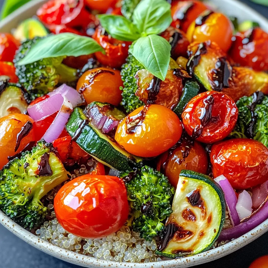 - 1 cup cherry tomatoes, halved - 1 red bell pepper, chopped - 1 zucchini, sliced - 1 medium red onion, diced - 1 cup broccoli florets - 3 tablespoons olive oil - 4 tablespoons balsamic vinegar - 2 teaspoons honey (or maple syrup) - Salt and pepper to taste - 1 teaspoon garlic powder - 1 teaspoon dried oregano - 1 cup cooked quinoa (or brown rice) - Fresh basil leaves for garnish These Balsamic Roasted Veggie Bowls are not just tasty. They are also healthy! Each serving provides a good mix of vitamins and minerals. Here’s a rough breakdown: - Calories: 350 - Protein: 10g - Carbs: 50g - Fiber: 8g - Fat: 15g This meal is rich in fiber and plant-based protein. It helps you feel full and satisfied. Want to switch things up? Here are some fun ideas: - Use asparagus instead of broccoli. - Swap cherry tomatoes for diced bell peppers. - Try sweet potatoes instead of quinoa or brown rice. - Use maple syrup if you want a vegan option. These swaps can change flavors and textures, keeping your meals exciting. Try the Full Recipe for the best results! To start, gather all your ingredients. You will need: - 1 cup cherry tomatoes, halved - 1 red bell pepper, chopped - 1 zucchini, sliced - 1 medium red onion, diced - 1 cup broccoli florets - 3 tablespoons olive oil - 4 tablespoons balsamic vinegar - 2 teaspoons honey (or maple syrup) - Salt and pepper to taste - 1 teaspoon garlic powder - 1 teaspoon dried oregano - 1 cup cooked quinoa (or brown rice) - Fresh basil leaves for garnish Next, preheat your oven to 425°F (220°C). In a large bowl, mix the cherry tomatoes, red bell pepper, zucchini, red onion, and broccoli. Drizzle the olive oil and balsamic vinegar over the veggies. Add honey, salt, pepper, garlic powder, and oregano. Toss everything well so the veggies get coated. Spread the vegetable mix on a large baking sheet. Make sure the veggies are in a single layer. This helps them roast evenly. Place the sheet in your preheated oven. Roast for 20-25 minutes. Stir them halfway to ensure even cooking. The veggies should be tender and slightly caramelized when done. While the veggies roast, cook your quinoa or brown rice. Follow the instructions on the package. Once the veggies are ready, take them out and let cool for a few minutes. To make your bowls, start with a scoop of quinoa or brown rice at the bottom. Then, add a generous serving of the roasted vegetables on top. Finish by garnishing with fresh basil leaves. This adds a pop of color and flavor. Enjoy your healthy and filling Balsamic Roasted Veggie Bowls! For the full recipe, check the previous sections. To make your veggies tasty, choose fresh ones. Cut them into equal sizes. This helps them cook evenly. Use a large bowl to mix the vegetables. This gives them space to toss well. When you add oil, vinegar, and spices, coat all the pieces. A single layer on the baking sheet ensures good roasting. Stir halfway to avoid burning. Roasting at 425°F gives a nice caramelized finish. Serve your Balsamic Roasted Veggie Bowls warm. Start with a base of cooked quinoa or brown rice. Then, pile on the roasted veggies. Add fresh basil leaves for color. You might drizzle extra balsamic vinegar on top for flavor. For a creamy touch, you can add a dollop of yogurt or a sprinkle of feta cheese. This makes each bite delightful. You can make these bowls heartier by adding protein. Grilled chicken pairs well with the veggies. For a plant-based option, try chickpeas or black beans. Tofu or tempeh also works great. Cook them with your favorite spices for more taste. This will add nutrition and make the meal more filling. Enjoy the mix of warm veggies and proteins in each bite! {{image_2}} You can easily make this recipe vegetarian or vegan. To keep it vegetarian, stick to the original recipe. For vegan options, swap the honey with maple syrup. This change keeps the dish sweet and plant-based. You can also add more veggies like kale or spinach for extra nutrients and flavor. Seasonal vegetables can change your dish. In summer, use zucchini, eggplant, and bell peppers. In fall, swap in Brussels sprouts, butternut squash, and carrots. Each season brings different tastes. This keeps the meal fresh and exciting. You can even try root veggies like beets or parsnips in winter. These swaps add color and nutrition. To boost flavor, think about adding herbs and spices. Try fresh thyme, rosemary, or a pinch of red pepper flakes. These can make your veggies pop. Adding a sprinkle of feta cheese gives a nice salty touch. For a tangy twist, drizzle some lemon juice before serving. These enhancements make every bite more delicious. You can find the full recipe to explore these variations. You can store leftover Balsamic Roasted Veggie Bowls in the fridge. Use an airtight container for best results. The veggies will stay fresh for about 3-5 days. Make sure to let them cool before sealing. This keeps the moisture out and helps the veggies stay crisp. If you want to save some for later, freezing is a great option. Allow the roasted veggies to cool completely first. Then, place them in a freezer-safe bag or container. They can last up to 3 months in the freezer. Remember to label the bags with the date. That way, you’ll know when to use them. When it’s time to eat, you can reheat your veggie bowls easily. For the best taste, use the oven. Preheat it to 350°F (175°C) and spread the veggies on a baking sheet. Heat for about 10-15 minutes or until warm. You can also use the microwave if you’re in a hurry. Just heat in short bursts to avoid soggy veggies. Enjoy your meal! To make Balsamic Roasted Veggie Bowls vegan, simply swap honey with maple syrup. This keeps the dish sweet and vegan-friendly. Honey usually adds a nice touch, but maple syrup works just as well. You can also add a touch of nutritional yeast for a cheesy flavor. If you don't have balsamic vinegar, you can use red wine vinegar or apple cider vinegar. Both options bring a tangy flavor to the dish. Add a bit of honey or maple syrup to mimic the sweetness of balsamic. You can also try a mix of soy sauce and a sweetener for a unique twist. Yes, you can use frozen vegetables for Balsamic Roasted Veggie Bowls. Just make sure to thaw and drain them first. This helps to avoid excess moisture when roasting. Keep in mind that frozen veggies may cook faster, so check them a few minutes earlier. The flavor might differ slightly, but they will still taste great. In this post, we explored how to make delicious Balsamic Roasted Veggie Bowls. We covered key ingredients, step-by-step cooking methods, and helpful tips. You learned how to adapt the dish to fit different diets and how to store any leftovers. Remember, with these simple steps, you can create tasty meals that fit your needs. Enjoy experimenting with flavors and make this dish your own!