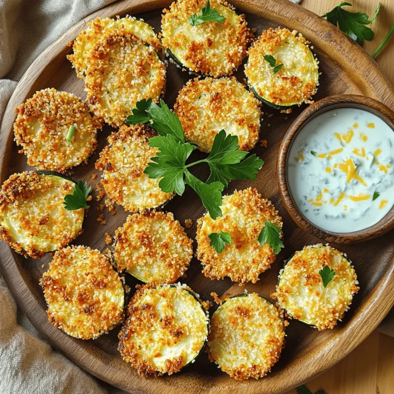 To make delicious air fryer zucchini coins, you need simple ingredients. Here’s what you’ll need: - 2 medium zucchinis, sliced into 1/4-inch coins - 1 cup breadcrumbs (panko for extra crunch) - 1/2 cup grated Parmesan cheese - 1 teaspoon garlic powder - 1 teaspoon onion powder - 1 teaspoon Italian seasoning - Salt and pepper to taste - 2 large eggs, beaten - Cooking spray or olive oil spray These ingredients combine to create a crispy, flavorful snack that is sure to please. You can enhance the flavor of your zucchini coins with extra seasonings. Here are some suggestions: - Paprika for a smoky touch - Cayenne pepper for heat - Fresh herbs like parsley or basil for brightness - Lemon zest for a fresh pop Feel free to mix and match based on your taste. If you have dietary needs, you can still enjoy these zucchini coins. Here are some easy swaps: - Use gluten-free breadcrumbs for a gluten-free option. - Replace Parmesan with nutritional yeast for a vegan version. - Substitute eggs with a flaxseed mixture (1 tablespoon flaxseed meal + 2.5 tablespoons water) for a vegan option. These substitutions allow you to customize the recipe to fit your needs while keeping it tasty. For the full recipe, check out the complete guide. Start with two medium zucchinis. Wash them well to remove dirt. Slice the zucchinis into 1/4-inch coins. This size helps them cook evenly. You can use a sharp knife for clean cuts. If you want, you can peel the zucchinis, but I like the skin for added texture. In a shallow bowl, mix breadcrumbs, Parmesan cheese, garlic powder, onion powder, Italian seasoning, salt, and pepper. Stir well until all ingredients blend together. In another bowl, beat two large eggs until smooth. Dip each zucchini coin into the beaten eggs. Make sure excess egg drips off. Next, coat the zucchini coins in the breadcrumb mix. Press gently to ensure a good cover. This step gives them that nice crunchy layer. Preheat your air fryer to 400°F (200°C). Arrange the coated zucchini coins in a single layer in the basket. You might need to cook them in batches if your air fryer is small. Lightly spray the tops with cooking spray; this adds crispiness. Air fry for 8 to 10 minutes. Flip halfway for even cooking. Once they turn golden brown and crispy, they are ready. Let them cool slightly before serving. Enjoy your crispy, delicious snack! For the full recipe, check out the details. To get that perfect crunch, start with dry zucchini. Pat the slices with a towel to remove moisture. This helps the coating stick. Use panko breadcrumbs for extra crunch. They make a big difference in texture. Remember to lightly spray the tops with oil before cooking. This gives that golden finish we all love. A common mistake is overcrowding the air fryer. If you add too many coins, they won’t cook evenly. Cook in batches if needed. Another issue is not preheating the air fryer. Always set it to 400°F (200°C) before you start. It helps the coins crisp up faster. Finally, don’t skip the flipping halfway through. This ensures both sides get nice and crunchy. Serve your crispy zucchini coins on a big platter. Dipping sauces add fun! Try a yogurt-based ranch or tzatziki. Fresh herbs like parsley or basil make it pop. You can also pair them with a light salad for a tasty snack. For more flavor, sprinkle some extra cheese on top. Enjoy this simple yet delightful dish! For the full recipe, check out the details above. {{image_2}} You can make your air fryer zucchini coins even tastier with spices and herbs. For a spicy kick, add cayenne pepper or chili powder to the breadcrumb mix. If you love a fresh taste, try mixing in chopped fresh herbs like basil or dill. You can also switch things up by using smoked paprika for a smoky flavor. Feel free to experiment and find your favorite blend! While panko breadcrumbs give a great crunch, you can use other coatings too. Try crushed cornflakes for a sweeter crunch. If you're gluten-free, almond flour or crushed nuts work well. You can also use seasoned flour for a simple yet delicious coating. Each option brings a new texture and taste to your zucchini coins. Dips can make your zucchini coins shine! A yogurt-based ranch or tzatziki pairs well with the crispiness. For a spicy twist, serve with sriracha mayo or a spicy ketchup. You can even try a classic marinara sauce for a fun twist. These dips add flavor and make each bite exciting. Find your favorite dip and enjoy! To keep your zucchini coins fresh, place them in an airtight container. You can store them in the fridge for up to three days. If you have a lot of leftover coins, you can separate layers with parchment paper. This will help prevent them from sticking together. Always let the coins cool completely before sealing the container. For the best taste, I recommend reheating your zucchini coins in the air fryer. Preheat the air fryer to 350°F (175°C). Place the coins in a single layer and heat for about 3-5 minutes. This method keeps them crispy and tasty. You can also use an oven at the same temperature for 5-7 minutes. You can freeze zucchini coins for longer storage. First, arrange the cooked coins on a baking sheet in a single layer. Freeze them for about 1-2 hours until firm. Then, transfer them to a freezer bag or container. They will last up to three months. When ready to eat, thaw them overnight in the fridge. Reheat them in the air fryer to restore crispness. Enjoy your crispy air fryer zucchini coins anytime! For the full recipe, check out the full recipe section. To keep zucchini coins crispy, start by slicing them evenly. Thin slices help them cook faster. After slicing, sprinkle salt on them and let them sit for about 10 minutes. This draws out moisture. Pat them dry with a paper towel before breading. Use panko breadcrumbs for extra crunch. Lastly, do not overcrowd the air fryer basket. This allows hot air to circulate freely. Yes, you can use many vegetables in the air fryer! Bell peppers, eggplant, and carrots all work well. Just slice them into even pieces. Adjust cooking times for each type to ensure they cook evenly. Remember to season them like the zucchini for flavor. You can have fun mixing different veggies for a colorful snack. To reheat leftover zucchini coins, use the air fryer. Preheat it to 350°F (175°C). Place the coins in a single layer and heat for about 3-5 minutes. This helps restore their crispiness. You can also use an oven, but the air fryer works best for keeping them crunchy. Avoid the microwave, as it may make them soggy. For more details, check the Full Recipe of crispy air fryer zucchini coins. In this post, we covered how to make air fryer zucchini coins. We discussed key ingredients, like seasonings and substitutions. You learned the step-by-step process from prep to cooking. Tips to ensure crispiness and avoid mistakes helped too. We explored flavor variations and serving ideas, plus storage and reheating methods. Keep experimenting with different spices and dips to make this dish your own. Enjoy your crispy, tasty zucchini coins!