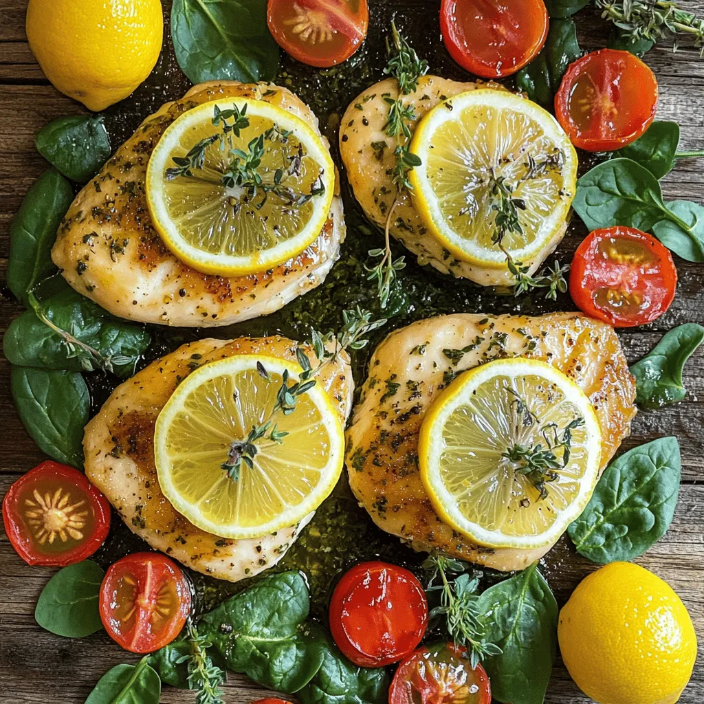 - 4 boneless, skinless chicken breasts - 1 tablespoon olive oil - 4 cloves garlic, minced - 1 teaspoon dried thyme - 1 teaspoon dried oregano - 1 teaspoon dried rosemary - 1 teaspoon paprika - Salt and pepper to taste - 1 lemon, sliced - 1 cup cherry tomatoes, halved - 2 cups fresh spinach The ingredients for One-Pan Garlic Herb Chicken are simple and fresh. You start with chicken breasts, which are the star of the dish. I like using boneless and skinless chicken for ease. The olive oil adds flavor and helps the chicken brown nicely. Garlic is a must in this recipe. The minced garlic brings a strong taste that pairs well with the chicken. Herbs and spices are key to achieving that delightful flavor. Dried thyme, oregano, rosemary, and paprika each add their unique touch. Don’t forget the salt and pepper to season things just right. Fresh ingredients brighten this dish. The lemon slices add a zesty note, while cherry tomatoes provide sweetness. Fresh spinach adds color and nutrition. These ingredients work together to create a colorful and tasty meal. You can find the full recipe to guide you through making this dish. - Preheat your oven to 400°F (200°C). - Heat a large oven-safe skillet over medium-high heat and add the olive oil. You want to get your oven nice and hot before starting. Preheating helps cook the chicken evenly. The skillet should be hot too. This makes sure the chicken gets a nice brown crust. - Season and sear chicken breasts for about 4-5 minutes per side. - Add minced garlic and sauté carefully. Next, season your chicken with salt, pepper, and spices. Once the skillet is hot, place the chicken in it. Sear each side for about 4-5 minutes. You want it golden brown. After that, add the minced garlic. Stir it for one minute. Be careful not to burn it; burnt garlic can taste bitter. - Place lemon slices, tomatoes, and spinach in the skillet. - Transfer skillet to the oven and bake for 15-20 minutes. Now, it’s time to add the lemon slices, tomatoes, and fresh spinach around the chicken. These not only add flavor but also color. Then, transfer the skillet to the oven. Bake it for 15-20 minutes. You want the chicken to reach 165°F (75°C). This ensures it is safe to eat and juicy. For the full recipe, check the earlier section. To make sure your chicken is juicy, check for an internal temperature of 165°F (75°C). This means the chicken is safe to eat and perfectly cooked. After cooking, let the chicken rest for a few minutes. Resting helps the juices settle, enhancing the flavor. To boost the taste, marinate your chicken for at least an hour. This allows the flavors to soak in deeply. You can also play with different herbs. Try basil, parsley, or even a spice mix to suit your taste. For a beautiful serving, place the chicken on a nice platter. Add garnished lemon slices and fresh herbs on top. Arrange spinach and tomatoes around the chicken. This makes the dish look colorful and appealing. For the full recipe, you can refer to the earlier sections. {{image_2}} You can easily change the protein in this dish. Substitute chicken with turkey for a leaner option. Pork works well too and adds a different flavor. If you prefer a vegetarian option, use tofu. Just press it to remove excess moisture. Then, season and cook it just as you would the chicken. You can add different vegetables for more flavor and nutrition. Bell peppers, zucchini, and asparagus all work great. Feel free to switch out the vegetables based on the season. Fresh vegetables not only taste better but also add color to your plate. This dish pairs well with many sides. Serve it with rice or quinoa for a hearty meal. A fresh salad adds a nice crunch. Crusty bread is perfect to soak up the tasty juices. Enjoy your meal with these simple sides to enhance the flavor of your One-Pan Garlic Herb Chicken. For the full recipe, check out the previous section. After you enjoy your One-Pan Garlic Herb Chicken, store any leftovers. Use an airtight container to keep the chicken fresh. You can keep it in the fridge for up to 3 days. This way, you can enjoy the flavors again! When reheating, you have two great options. Reheat in the oven to keep the chicken's nice texture. This method works best if you want a crispy edge. If you're in a hurry, use the microwave for quick heating. Just make sure to check the chicken is hot all the way through. If you want to save some for later, freezing is a smart choice. You can freeze the chicken for up to 3 months. Be sure to seal it well in a freezer-safe bag or container. This helps prevent freezer burn and keeps your dish tasty when you're ready to eat it again. Yes, but adjust cooking time for skin and bone. Skin-on chicken can add rich flavor. However, you need to cook it longer. Use a meat thermometer to check the internal temperature. You can use avocado oil or butter as alternatives. Both options work well in this dish. Avocado oil has a high smoke point, making it great for searing. Butter adds a rich taste but may brown faster. Use a meat thermometer to ensure it reaches 165°F (75°C). This is the safe temperature for chicken. Insert the thermometer into the thickest part of the chicken. If it reads 165°F, your chicken is ready! Yes, prep the ingredients and store them in the fridge before cooking. You can marinate the chicken for extra flavor. Just keep everything in separate containers. When you’re ready, cook it as per the Full Recipe. This blog post shared a simple and tasty one-pan garlic herb chicken recipe. You learned about key ingredients like chicken, garlic, and fresh herbs. I provided step-by-step instructions for cooking, along with tips for tender chicken and flavor boosts. You can even switch up proteins and veggies for variety. Finally, I covered storage and reheating to keep your meal fresh. Enjoy your flavorful meal and have fun experimenting with different tastes!