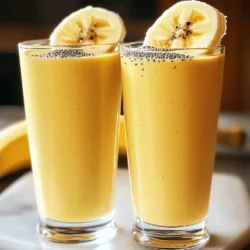 - 2 ripe bananas, frozen - 2 tablespoons creamy peanut butter - 1 cup unsweetened almond milk (or milk of choice) The main ingredients are simple and tasty. Frozen bananas give the smoothie a nice chill and sweetness. Creamy peanut butter adds protein and rich flavor. Almond milk keeps it light and creamy. You can also use any milk you like. - 1 tablespoon honey or maple syrup - 1/2 teaspoon vanilla extract - 1 tablespoon chia seeds - A pinch of cinnamon Optional ingredients can make your smoothie even better. Honey or maple syrup sweetens it up. Vanilla extract brings a lovely aroma. Chia seeds add fiber and omega-3s. A pinch of cinnamon gives a warm spice note. - Blender - Measuring cups and spoons - Glasses for serving You only need a few tools to make this smoothie. A blender is key for blending everything smoothly. Measuring cups and spoons help get the right amounts. Finally, use glasses for serving and enjoying your drink. For the full recipe, check out the Creamy Peanut Butter Banana Bliss 🥜 section. This smoothie is quick, tasty, and perfect for breakfast or a snack. - Peel and break frozen bananas. - Measure out all ingredients. To start, peel the frozen bananas. This makes them easier to blend. Break the bananas into smaller pieces to speed up the blending process. Next, measure out the other ingredients. You need 2 tablespoons of creamy peanut butter, 1 cup of almond milk, and any optional items you want. Having everything ready will help you make the smoothie quickly. - Combine ingredients in the blender. - Adjust consistency as needed. Now, it’s time to blend! Place the banana pieces into the blender. Add the peanut butter, almond milk, honey or maple syrup, vanilla extract, and chia seeds. For a flavor boost, sprinkle in a pinch of cinnamon. Blend on high until the mix is smooth and creamy. If it’s too thick, add more almond milk a little at a time. Blend again until you get the right consistency. - Pour into glasses. - Optional garnishes like chia seeds and banana slices. Once your smoothie is ready, pour it into glasses. This recipe makes two servings, perfect for sharing or enjoying later. For a fun touch, add a sprinkle of chia seeds on top. You can also place a slice of banana on the rim of the glass. This adds a nice look and extra flavor. Enjoy your creamy peanut butter banana bliss! To make your smoothie just right, adjust the almond milk. If you want it thicker, use less milk. If you like it thinner, add more milk. Blend longer for an ultra-smooth texture. This will help mix all the ingredients well. You can boost the flavor by trying different nut butters. Almond or cashew butter can add a new twist. If you love chocolate, add cocoa powder. This gives your smoothie a rich, deep taste. Pre-frozen bananas save time. You can freeze ripe bananas in advance. This makes your smoothie cold and creamy right away. Prepare all your ingredients beforehand. It makes blending quick and easy. For the full recipe, check the details above. {{image_2}} You can take your peanut butter banana smoothie to new heights with some fun flavors. One great option is the Chocolate Peanut Butter Banana Smoothie. Simply add 1-2 tablespoons of cocoa powder to the original recipe. This gives your smoothie a rich chocolate taste that pairs perfectly with peanut butter and banana. Another tasty twist is the Tropical Peanut Butter Banana Smoothie with pineapple. Just add 1 cup of fresh or frozen pineapple chunks. This will make your smoothie bright, fresh, and full of tropical vibes. There are many ways to adjust your smoothie for different diets. For a vegan option, use plant-based milk like almond or coconut milk, and skip the honey. Instead, try maple syrup or agave for sweetness. If you need a nut-free alternative, sunflower seed butter works great. It has a similar taste and texture as peanut butter but is safe for those with nut allergies. Want to make your smoothie even healthier? Try adding spinach for a boost of greens. It blends well and gives you extra vitamins without changing the taste much. You can also use protein powder. This turns your smoothie into a protein shake, perfect for a post-workout snack. Just add one scoop to the blender with your other ingredients. For the full recipe, check out the earlier section. Enjoy exploring these variations to find your favorite! Store your smoothie in an airtight container. This keeps it fresh and tasty. You can refrigerate it for up to 24 hours. If you want it cold, drink it soon after making it. To freeze for later, pour the smoothie into ice cube trays. This way, you can use just the right amount later. When you want to enjoy it, place the cubes in a blender. Add a little almond milk to help blend. Bananas stay fresh for about two to three days. Peanut butter can last for months if sealed tight. Almond milk lasts about a week after opening. Keep an eye on all your ingredients to enjoy the best flavor. To make a peanut butter banana smoothie, follow these simple steps: 1. Peel and break 2 frozen bananas into smaller pieces. 2. Add the banana pieces to a blender. 3. Measure and add 2 tablespoons of creamy peanut butter. 4. Pour in 1 cup of unsweetened almond milk (or your choice of milk). 5. Optional: Add 1 tablespoon of honey or maple syrup for sweetness. 6. Include 1/2 teaspoon of vanilla extract and a pinch of cinnamon. 7. Blend on high until smooth and creamy. This method guarantees a delicious drink in just five minutes! Yes, you can easily customize your smoothie! Here are some fun ideas: - Add 1 tablespoon of chia seeds for extra nutrition. - Swap peanut butter for almond or cashew butter. - Include a handful of spinach for a green boost. - Toss in some cocoa powder for a chocolate flavor. Feel free to mix and match based on your taste or what you have at home! This smoothie offers many health benefits, thanks to its key ingredients: - Bananas provide potassium and fiber, aiding digestion and heart health. - Peanut butter is high in protein and healthy fats, keeping you full. - Almond milk is low in calories and adds calcium. - Chia seeds boost omega-3s and antioxidants. Together, these ingredients make a nutritious and filling snack or meal! Using unripe bananas is fine, but it changes the taste and texture. Unripe bananas are firmer and less sweet. This can make your smoothie thicker and less creamy. If you prefer a sweeter flavor, ripe bananas are best. However, if you only have unripe ones, don’t worry! They still work well in your smoothie. This blog post shared a simple peanut butter banana smoothie recipe. It covered main and optional ingredients, step-by-step instructions, and helpful tips. You can customize this smoothie to fit your taste and dietary needs. In the end, enjoy creating your perfect drink. With simple steps and tasty ingredients, you can make your mornings brighter and healthier. So gather your items, blend away, and sip something delicious today!