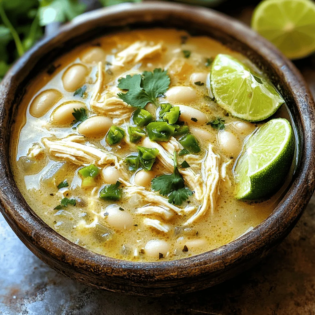 When I make Creamy White Chicken Chili, I use these fresh and simple ingredients: - 2 tablespoons olive oil - 1 medium onion, diced - 3 cloves garlic, minced - 1 pound cooked chicken breast, shredded - 2 cans (15 oz each) white beans (cannellini or great northern), drained and rinsed - 1 can (4 oz) diced green chiles (mild or hot, based on preference) - 4 cups chicken broth - 1 teaspoon ground cumin - 1 teaspoon chili powder - 1 teaspoon smoked paprika - 1/2 teaspoon cayenne pepper (adjust based on heat preference) - 1 cup heavy cream - Salt and pepper to taste - Fresh cilantro, chopped (for garnish) - Lime wedges (for serving) These ingredients blend to create a warm and hearty meal. If you need alternatives, here are some great swaps: - Olive oil: You can use canola or avocado oil. - Chicken: Rotisserie chicken works well if you lack time. - White beans: You can use navy beans or chickpeas for a twist. - Chicken broth: Vegetable broth is a good option for a lighter taste. - Heavy cream: Substitute with coconut milk for a dairy-free choice. These swaps keep the dish tasty while fitting your needs. Choosing the right brands can enhance your chili. Here are my favorites: - Olive oil: Look for extra virgin for the best flavor. - Canned beans: Eden Organic has great quality. - Diced green chiles: Las Palmas offers a nice balance of heat. - Chicken broth: Swanson's Natural Goodness is rich and flavorful. Using trusted brands helps ensure a top-notch dish. For the full recipe, check the recipe section! First, gather all your ingredients. This makes cooking easy and fun. You need olive oil, onion, garlic, cooked chicken breast, white beans, diced green chiles, chicken broth, and spices. Don't forget the heavy cream for that rich texture! 1. Heat the Oil: Start by heating the olive oil in a large pot over medium heat. 2. Sauté the Onion: Add the diced onion. Cook it until it turns soft, about 5 minutes. 3. Add Garlic: Stir in the minced garlic and let it cook for one more minute. This brings out the wonderful aroma. 4. Mix in Chicken and Beans: Now, add the shredded chicken, white beans, diced green chiles, and chicken broth to the pot. 5. Season It Up: Sprinkle in the ground cumin, chili powder, smoked paprika, cayenne pepper, salt, and pepper. Mix everything well and let it simmer gently. 6. Simmer for Flavor: Reduce the heat to low. Let your chili simmer for about 20 minutes. Stir it occasionally to keep it from sticking. 7. Add Cream: Slowly pour in the heavy cream. Stir until it blends well. Cook for another 5 minutes, but do not let it boil. 8. Taste and Adjust: Now, taste your chili. If it needs more flavor, add salt, pepper, or spices based on how you like it. Once your chili is ready, remove it from the heat. Serve it hot in bowls. Garnish with fresh cilantro on top. Lime wedges on the side add a nice burst of flavor when squeezed over. Enjoy this creamy white chicken chili with family or friends! For a detailed guide, check the Full Recipe. To get that smooth, creamy texture, use heavy cream. It blends well and adds richness. Stir it in slowly at the end of cooking. This helps avoid boiling, which can curdle the cream. If you want a lighter option, you can use half-and-half. But remember, it won’t be as thick. To boost flavor, add fresh lime juice just before serving. It adds brightness that makes each bite pop. You can also toss in some fresh cilantro for a herby touch. If you like heat, try adding more cayenne pepper or a dash of hot sauce. Smoked paprika gives a nice depth, so don’t skip it! One common mistake is not seasoning enough. Always taste your chili before serving. Adjust with salt, pepper, or spices as needed. Another mistake is cooking on high heat after adding cream. This can ruin the texture. Keep it low and slow. Lastly, don’t forget to drain and rinse the beans. This helps remove excess sodium and improves flavor. For the full recipe, check below. {{image_2}} You can easily adjust the heat in your creamy white chicken chili. Start with mild diced green chiles. If you like more heat, use hot chiles instead. You can also add cayenne pepper in small amounts. Taste as you go. This way, you can find the heat level that suits you best. For a vegetarian version, skip the chicken and use more beans. You can add corn and bell peppers for extra flavor and texture. Swap the heavy cream for coconut milk or a cashew cream. This keeps the dish creamy and rich without using animal products. If you want to switch proteins, ground turkey is a great choice. It cooks quickly and has a mild taste. Ground beef can also work, but it will change the flavor profile. You can brown it first to add depth. Just remember, cook it fully before adding it to your chili. Check out the full recipe to see how easy it is to make these changes! Store any leftover creamy white chicken chili in an airtight container. Let it cool to room temperature before sealing. Proper storage keeps the chili fresh for about three to four days in the fridge. Label the container with the date. This helps you track how long it has been stored. When you’re ready to enjoy your chili again, reheat it on the stove or in the microwave. If using the stove, pour the chili into a pot and heat over medium-low. Stir it often to prevent sticking. For the microwave, place your chili in a safe bowl. Heat in short intervals, stirring in between, until warm. Add a splash of broth or cream if it seems too thick. You can freeze creamy white chicken chili for up to three months. Use freezer-safe containers or bags. Leave some space at the top of the container, as the chili may expand when it freezes. Thaw it overnight in the fridge before reheating. This keeps the flavors intact, making it just as delicious as the first serving. Check the [Full Recipe] for more tips on how to make this dish shine! To make this chili vegetarian, swap the chicken for a plant-based protein. You can use chickpeas or tofu for texture. Replace chicken broth with vegetable broth for flavor. Use a mix of beans like cannellini and great northern beans. This will keep the dish hearty and satisfying. Don't forget to add extra spices to boost the flavor! Yes, you can use fresh chicken. Just cook it first, so it's tender. Sauté the fresh chicken in the pot until it's fully cooked. Then shred it and continue with the recipe. This adds a fresh taste to your chili. Keep in mind that cooking time will increase by about 15 minutes. To thicken your chili, you can use a few simple tricks. One option is to mash some of the beans with a fork. This adds more body to the chili. Another way is to simmer it longer, allowing excess liquid to evaporate. You can also add a cornstarch slurry, mixing cornstarch with cold water before stirring it in. Let it cook for a few more minutes to thicken the chili perfectly. In this article, I shared a detailed guide on making creamy white chicken chili. We covered ingredients, cooking steps, and helpful tips. You learned about ingredient swaps, cooking methods, and how to achieve the perfect creamy texture. I also shared variations for spice levels and storage tips. Remember, this chili is versatile. You can adjust for your taste. Enjoy making a dish that warms you up and brings joy. Explore your creativity and have fun in the kitchen!