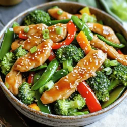 - Chicken and Vegetables Needed - 2 cups boneless, skinless chicken breast, sliced into thin strips - 1 cup broccoli florets - 1 bell pepper (red or yellow), sliced - 1 cup snap peas - Sauces and Seasonings - 3 cloves garlic, minced - 1 inch fresh ginger, grated - 3 tablespoons honey - 4 tablespoons soy sauce - 2 tablespoons cornstarch - 2 tablespoons water - 2 tablespoons vegetable oil - Salt and pepper to taste - Optional Garnishes - Sesame seeds for garnish - Green onions, chopped for garnish When I prepare this honey garlic chicken stir fry, I always start with fresh ingredients. The chicken gives it protein, while the veggies add color and crunch. Broccoli, bell peppers, and snap peas work well together. The garlic and ginger bring a great aroma and flavor. The sauce is simple yet delicious. Honey balances the soy sauce's saltiness. Cornstarch thickens it, making it cling to the chicken and veggies. I love how these flavors mix. You can add sesame seeds or green onions on top for a pop of color. Using the right ingredients makes this dish shine. Each bite is full of flavor and texture. I recommend checking out the Full Recipe to get all the details you need. Mixing the Sauce Start by making your sauce. In a small bowl, combine honey, soy sauce, cornstarch, and water. Stir until smooth. Set the sauce aside for later. Cooking the Chicken Heat one tablespoon of vegetable oil in a large skillet or wok. Use medium-high heat. When the oil is hot, add the sliced chicken. Season it with salt and pepper. Stir-fry the chicken for about 5-7 minutes. You want it golden brown and cooked through. Once done, remove the chicken from the skillet and set it aside. Sautéing the Aromatics In the same skillet, add the remaining tablespoon of oil. Toss in the minced garlic and grated ginger. Sauté for about 30 seconds until fragrant. This step adds great flavor to your dish. Cooking Times for Each Vegetable Now it’s time to add the veggies. First, add the broccoli florets, bell pepper slices, and snap peas. Stir-fry these for about 3-5 minutes. You want them tender but still crisp. This gives a nice texture to the dish. Techniques for Tender-Crisp Results To keep your vegetables tender-crisp, avoid overcrowding the pan. Stir them often to cook evenly. High heat helps maintain their bright colors and crunch. Adding Sauce to Chicken and Vegetables Return the cooked chicken to the skillet. Pour the honey-soy sauce mixture over the chicken and veggies. Stir everything together. Cook for an additional 2-3 minutes. This ensures everything is well-coated in sauce. How to Achieve the Perfect Coating To get that perfect coating, make sure the sauce thickens. The cornstarch in the sauce helps with this. Stir until you see a glossy finish on the chicken and vegetables. Now you have a delicious honey garlic chicken stir fry ready to enjoy. For a complete guide, check the Full Recipe. High Heat Stir-Frying for Flavor Stir-frying needs high heat. This method seals in taste. It helps the chicken get a nice crisp. Use a large skillet or wok for best results. Make sure the oil is hot before adding food. This step keeps the chicken and veggies from steaming. Importance of Prepping Ingredients Prep your ingredients before you start cooking. Slice the chicken and veggies in even pieces. This helps them cook at the same time. Measure out the sauce mix ahead of time too. When you’re ready to cook, everything is within reach. This makes the process smooth and fun. Overcooking Chicken and Vegetables Keep an eye on your chicken and veggies. Overcooking makes them dry and mushy. Cook the chicken until golden brown, about 5-7 minutes. For veggies, stir-fry for just 3-5 minutes. You want them tender-crisp. Not Allowing Sauce to Thicken Don’t rush the sauce! After adding it to the pan, let it cook for 2-3 minutes. This time allows the sauce to thicken and coat the food well. A thick sauce clings to the chicken and veggies, making each bite tasty. Remember, these tips will help you create a delicious Honey Garlic Chicken Stir Fry, perfect for any weeknight. For the full recipe, check out the section above. {{image_2}} Alternative Proteins for the Stir Fry You can swap chicken for other proteins. Try shrimp, beef, or tofu. Each protein offers a unique taste and texture. Shrimp cooks fast, while beef adds richness. Tofu is great for a plant-based option. Just adjust cooking times for each protein. Seasonal Vegetables You Can Use Feel free to mix in seasonal veggies. In spring, use asparagus or snap peas. In summer, add zucchini or bell peppers. Fall brings squash and carrots. Winter vegetables like bok choy or Brussels sprouts work well too. These swaps keep your dish fresh and fun. Adding Spices for Heat Want some spice? Add red pepper flakes or Sriracha. Start with a small amount and taste as you go. You can also use fresh chili peppers for a bold kick. This heats up the dish and makes it exciting. Using Different Sauces for Variety Experiment with sauces to change flavors. Try teriyaki or hoisin sauce for a sweeter twist. You can also use oyster sauce for umami depth. Each sauce brings a new vibe to the meal. Mix and match to find your favorite combo. You can find the Full Recipe for Honey Garlic Chicken Stir Fry and explore these variations to make it your own! To keep your honey garlic chicken stir fry fresh, follow these steps: - Best Practices for Refrigeration: Allow your stir fry to cool down before storing. This helps prevent condensation in the container. Place the leftovers in the fridge within two hours of cooking. - Storing in Airtight Containers: Use airtight containers for storage. This keeps moisture in and air out. You can also use resealable bags if you remove as much air as possible. When it comes to reheating, you want to keep your chicken tender and flavorful: - Methods to Keep Chicken Tender: The best way to reheat is in a skillet on medium heat. Add a splash of water or broth to keep it moist. Stir often until heated through. You can also use a microwave, but cover the dish to keep moisture in. - Best Timeframe for Consuming Leftovers: For the best taste, eat leftovers within three days. If you can’t finish them, freeze them for later. Just remember to thaw in the fridge before reheating. Enjoy your honey garlic chicken stir fry fresh, but don’t worry if you have extras; they store well! For the full recipe, refer back to the original instructions. You can serve this dish with many tasty sides. Here are some of my favorites: - Steamed rice - Fried rice - Noodles, like udon or soba - Crisp salad with a light dressing - Roasted vegetables These sides will balance the sweet and savory flavors of the stir fry. They help create a complete meal that is satisfying. Yes, you can make this dish ahead of time. Meal prep makes weeknight cooking easier. Here are some tips: - Cook the chicken and veggies: You can cook them in advance. Store them in the fridge for up to three days. - Make the sauce: Prepare the honey garlic sauce ahead. Store it separately to keep the stir fry fresh. - Freezing: You can freeze the cooked dish. Just let it cool first, then put it in an airtight container. It lasts up to three months. When ready to eat, just reheat on a skillet over medium heat. Making this stir fry vegetarian is simple. Here are some good substitutes: - For chicken: Use tofu, tempeh, or seitan. These options work well with the sauce. - Adapting the sauce: Use soy sauce or tamari for a gluten-free option. You can keep the honey or use maple syrup for a vegan version. These swaps keep the dish full of flavor while meeting different diets. If you want to try the full recipe, just follow the steps as outlined. This blog covered how to create a tasty Honey Garlic Chicken Stir Fry. We explored the essential ingredients and shared step-by-step instructions for perfect results. You learned key tips to avoid common mistakes and how to store leftovers effectively. In summary, this dish is versatile and easy to make. You can customize it to fit your taste and dietary needs. Embrace your kitchen skills and enjoy this delicious meal!